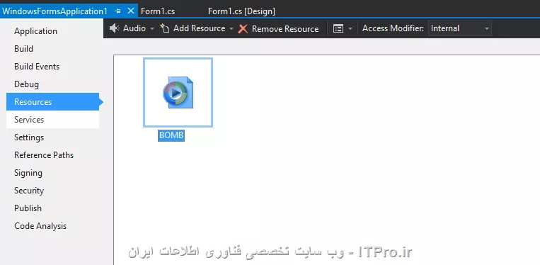 سلام به شما دوست عزیز
برای این کار شما باید از resource ها استفاده کنید. برای این کار روی پروژه خود کلیک راست کنید و به قسمت propperties بروید.
در این قسمت به بخش Resources بروید و از قسمت بالای صفحه که String انتخاب شده است Audio را انتخاب کنید. حال بر روی Add resource کلیک کنید و فایل خود را انتخاب کنید. بعد از این کار فایل به برنامه شما اضافه می شود.
||https://programming.tosinso.com/files/get/bd41a8b5-a38e-453e-8c4b-3cebb5e7c610||
 برای پخش آن هم می توانید از کد زیر استفاده کنید.
<c#>
 System.IO.Stream str = Properties.Resources.BOMB;
            System.Media.SoundPlayer snd = new System.Media.SoundPlayer(str);
            snd.Play();
<c#>
در کد بالا اسم فایل bomb است.