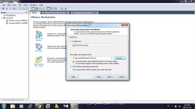 سلام
من میخوام ویندوز سرور 2012 نصب کنم روی vmware..........ولی اونجا که میپرسه از چه طریق میخواید نصب بشه ارور میده.
تو همین سایت یه پست در همین مورد بود ولی جواب نگرفتم
مشخصات :
vmware workstation  6.5-7.x

و

windows server 2012 r2 datacenter

اینم ارورش:
||http://tosinso.com/files/get/bdaf2ef4-3d42-4e98-8ffc-15db32063337||
