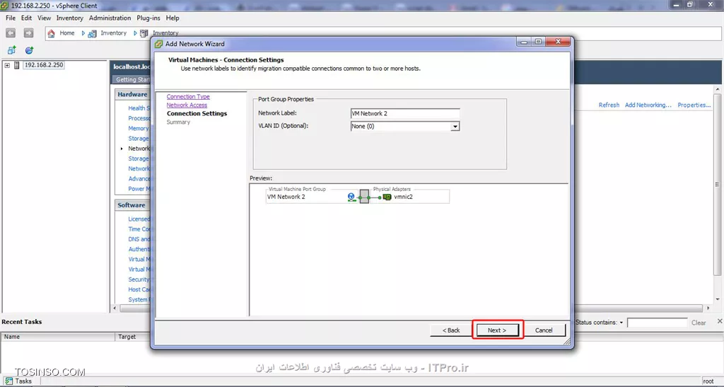 خیلی خیلی ممنونم از راهنماییتون.همونطور که گفتین قسمت networking رو چک کردم.دوتا کارت شبکه add  شده که دومی رو دیروز از کنسول تحت وب esxi اضافه کردم.اما همونطور که در تصویر اول می بینید تو قسمت network adapters هر چهارتا کارت شبکه دیده میشن.با اجازه شما من چند تا تصویر از وضعیت کارت شبکه ها توی esxi میذارم و البته بگم خدمتتون که مراحل add کردن رو تا قبل از دکمه finish رفتم.اما چون روالش مربوط به اضافه کردن vswitch بود finish رو نزدم و تصاویر مراحل رو گذاشتم .شاید نکته ای داشته باشه که نیاز باشه قبل از add کردن vswitch ها راجع بهشون راهنماییم کنین.عذر می خوام و مچکرم.
||http://network.tosinso.com/files/get/6eff6d54-f8b8-4758-806c-a5d84349cae4||
||http://network.tosinso.com/files/get/45b0df0d-d910-4a45-8a8f-dd3727e07fc2||
||http://network.tosinso.com/files/get/8ae11f48-3653-4eb6-91a8-adf3ad1ba920||
||http://network.tosinso.com/files/get/bdd73420-ff2a-42e0-b64c-f9c8aa919610||
||http://network.tosinso.com/files/get/f6edd907-30e5-46e2-9ed2-82310716a4f3||

