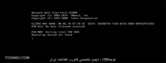 درود ، دوستان بنده وقتی کالی لینوکس رو در کنار ویندوز 8 نصب میکنم (بوت)  بعضی اوقات وقتی میخوام برم داخل کالی لینوکس تصویر بالا نمیاد یعنی باید چندبار سیستم رو خاموش روشن کنم تا درست بشه ، وقتی هم میرم داخل ویندوز 8 تصویر نیمه میاد یعنی نصفش ویندوز نصفش سیاهه :) باید سیستم رو خاموش روشن کنم تا درست بشه ، کارت گرافیک ویندوز نصبه... وقتی هم میخوام روی vmware به صورت مجازی نصب کنم این پیغام میاد دیگه هیچی نمیاد :

<c#>
Network boot from Intel E1000
Client MAC ADDR: 00 0C....
PXE-E53:No boot filename received
PXE-MOF:Exiting Intel PXE ROM
Operating system not found
<c#>

||http://tosinso.com/files/get/be3d7b53-ae09-45f4-b749-6ddaa09702fc||