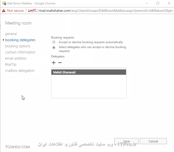 یکی از قابلیت جالب Exchange 2010 به بعد اضافه کردن resource های سازمان به عنوان یک Mailbox و رزرو کردن انها می باشد. فرض کنید چندین سالن و لابی در سازمان وجود دارد که برای جلسات مسئولین برای نون بری چند بدبخت فلک زده (که غیر از خدا کسی را ندارند) ایجاده شده است. در شرایط معمول رزرو کردن چنین جاهای با منشی یا کشیک مربوطه می باشد ولی شما با نصب Exchange در سازمان می توانید تمام جلسات و قرار ملاقاتها را بصورت اتوماتیک و شیک توسط Exchange و Outlook on the web and Microsoft outlook ایجاد و مدیریت کنید.یکی از Recipient های اکسچنج با نام Room mailbox وجود دارد که با استفاده از آن می توان سالن ها و اتاقهای جلسات را به این Recipient اختصاص داد و آن را برای جلسات نون بری :) رزرو کرد.برای ایجاد چنین قابلیتی اولین قدم ایجاد یک room mailbox می باشد. 
||http://tosinso.com/files/get/bfead578-da2f-482d-b329-6ef6f77ab843||
||http://tosinso.com/files/get/03c15c4d-ba4f-4c1d-b4fd-8538d2c15198||
می توانید اطلاعات تکمیلی و ظرفیت این اتاق و بقیه پارامترها را مشخص کنید.
نکته: Room mailbox مانند بقیه Recipientهای می باشد و یک User در ADایجاد می کند با این تفاوت که User ایجاد شده بصورت Disabled می باشد.
بعد از ایجاد شدن می توانید تنظیمات را آن ویرایش کنید:
||http://tosinso.com/files/get/be7e9498-9ecf-4b36-9478-c3a821335bce||
در قسمت بالا می توانید تعین کنید خود room mailbox درخواست متینگ ها را کنترول کند یا این وظیفه را به شخص دیگری واگذر کند.
||http://tosinso.com/files/get/3663ef31-8e33-440d-b636-be56167faf85||
در این قسمت تنظیماتی چون مدت زمانی که می توان یک سالن را رزرو  کرد و ایا این قرار ملاقات در ساعات اداری برگذار شود یا خیر... وجود دارد.
||http://tosinso.com/files/get/f91f8021-4090-4ecd-b0a5-3f42719c510f||
در این قسمت می توان یک SMTP Domain برای این نوع میل باکس درنظر گرفت. الان فرض کنید مدیر IT یک سازمان می خواهد یک جلسه با مدیریت و بخش های دیگری برگذار کند می تواند به راحتی در نرم افزار Outlook یا اینترفیس های دیگر در قسمت calendar یک new appointment ایجاد کند:
||http://tosinso.com/files/get/74664cd5-d915-42c1-83b8-6de86f6f4ffd||
||http://tosinso.com/files/get/733e6482-f232-4e08-bf8d-d0358a07e9fe||
بعد از مشخص کردن موضوع دعوت نامه گذینه مشخص را کلیک کنید:
||http://tosinso.com/files/get/e60cea23-98b7-4498-9bee-3924d1b045bb||
گروهی که میخواهیم این دعوت نامه را دریافت کنند را مشخص می کنیم و دکمه Rooms را کلیک تا سالن ملاقات را برای تاریخ مشخص رزرو کنیم
||http://tosinso.com/files/get/9a739cb0-6abb-4a9f-9e6c-41a0abb3e4a4||
بعد از اتمام دکمه Send را کلیک کنید تا دعوت نامه ارسال شود.اگر شما کنترول رزرو کردن این room را به کس دیگه ای واگذار کرده ید باید آن شخص این درخواست را تائید کند:
||http://tosinso.com/files/get/311be716-4f5d-4eed-b434-d5b58d6f9266||
بعد از تائید شدن درخواست مدیرانی که این درخواست برای آنها فرستاده شده باید این قرار ملاقات را تائید کنند.
||http://tosinso.com/files/get/11f95362-5212-4c8b-b962-af9f892338f7||
با تائید این درخواست یک notification  در Calendar کاربر ایجاد خواهد شد. 
||http://tosinso.com/files/get/2a3796b2-742e-4074-9671-274e9be23cfa||
در اینجا تنظیمات ما تمام شده است ولی یک مرحله دیگر باقی مانده است و آن هم فرهنگ سازی استفاده از این قابلیت هستش....... خدا می دونه چقدر طول میکشه. در آخر توصیه می کنم حتما فصل 16 کتاب Mastering Microsoft exchange server 2016 را برای اطلاعات بیشتر مطالعه کنید. 

نویسنده : احمد جهلولی
منبع : |جزیره سرویس های شبکه مایکروسافت وب سایت توسینسو::https://tosinso.com/microsoft|
هرگونه نشر و کپی برداری بدون ذکر منبع و نام نویسنده دارای اشکال اخلاقی می باشد 