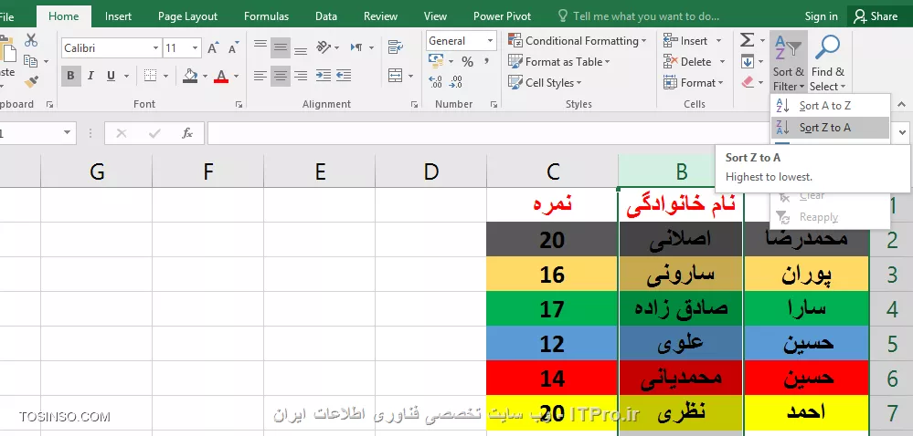 با سلام خدمت همه ITPRO های عزیز و دوستداشتنی ،در ادامه بخش اول مقاله انواع روش های مرتب سازی در اکسل با شما همراه هستیم . در ابتدای اون مقاله گفتیم که یکی از مباحث بسیار کاربردی در مجموعه نرم افزار آفیس قابلیت مرتب سازی یا همان Sort می باشد. این قابلیت در نرم افزار اکسل بسیار پرکاربرد تر و برجسته تر می باشد چون معمولا بحث محاسبات در این نرم افزار صورت می گیرد این ویژگی کمک زیادی به کاربران آن در انجام راحت تر این محاسبات و مرتب سازی آنها می کند. مثلا همین الان کاربران برتر در این وب سایت را در نظر بگیرید که به ترتیب از امتیاز بالا به پایین مرتب شده اند این یک نمونه مرتب سازی نزولی می باشد. ما در این مقاله به بررسی انواع مرتب سازی یا SORT های باقیمانده می پردازیم. 

1- مرتب سازی ستونی (Columns) در اکسل
2- مرتب سازی سطری (Rows) در اکسل 
3 - مرتب سازی صعودی (از A به Z) بر اساس محتویات سلول ها در اکسل
4 -مرتب سازی نزولی (از Z به A) بر اساس محتویات سلول ها در اکسل
*5- مرتب سازی بر اساس یک یا چند ستون یا سطر در اکسل*
*6 - مرتب سازی بر اساس لیست در اکسل*
*7 - مرتب سازی بر اساس رنگ سلول ها در اکسل*
*8 - مرتب سازی بر اساس رنگ فونت محتویات سلول ها در اکسل*
*9 - مرتب سازی بر اساس آیکون های سلول ها در اکسل*

در ادامه با روش پنجم مرتب سازی از لیست بالا  این آموزش رو ادامه می دهیم .

*5- مرتب سازی بر اساس یک یا چند ستون یا سطردر اکسل *
ما در بخش یک این مقاله فقط به مرتب سازی صعودی و نزولی در حد یک ستون یا سطر پرداختیم . اما در واقع اکثر کاربرگ های اکسل شامل اطلاعات در چندین سطر یا ستون می باشد . گاها چون این اطلاعات مرتبط به هم هست ما باید همه آنها را با هم مرتب کنیم و گاهی هم دربین سطرها و ستون های زیادی که شامل اطلاعات هست ما فقط می خواهیم یک سطر یا ستون را مرتب سازی کنیم . ما در این مثال می خواهیم سه ستون را که شامل اطلاعاتی مرتبط بصورت سطری هست را مرتب سازی کنیم. ستونی را که می خواهیم بر اساس آن مرتب سازی را انجام دهیم انتخاب می کنیم که ما در اینجا بر اساس ستون نام خانوادگی اینکار را انجام می دهیم. سپس روی یکی از گزینه های مرتب سازی صعودی و یا نزولی کلیلک می نماییم.

||http://tosinso.com/files/get/7bde2ba1-6da1-46b8-99bc-434aa0d2b569||

با کلیلک کردن روی گزینه مرتب سازی صعودی پنجره کوچکی ظاهر می شود به شکل زیر 

||http://tosinso.com/files/get/9ac53e38-df3e-44ac-8a6e-6dbb88bacef0||

که شامل دو گزینه می باشد .گزینه اول Expand The Selection به این معنی که تمام ستون های مجاور هم به همراه محدوده انتخابی مرتب سازی می شوند.

||http://tosinso.com/files/get/d27cb965-ce51-4500-8044-9942dd39e686||

گزینه دوم Continue with The Current Selection به این معنی که فقط محدوده انتخابی مرتب سازی می شود.

||http://tosinso.com/files/get/a3c5963c-c34b-4054-9ae2-f5b6734a4665||

||http://tosinso.com/files/get/be9405c9-3bfd-422d-a2fc-08a10fa9b0ee||

در تصویر زیر مشاهده می کنید که فقط ستون نام خانوادگی مرتب سازی شده است و اطلاعات دو ستون دیگر تغییری نکرده است . با توجه به اینکه معمولا یک کاربرگ اکسل شامل سطرهایی از اطلاعات مربوط به یک موضوع خاص می باشد ، معمولا در انجام این نوع مرتب سازی دقت لازم را داشته باشید که باعث بهم ریختگی اطلاعات شما نشود .

||http://tosinso.com/files/get/c818c6fb-8770-4947-bb13-c58dfa13a5c5||

روش مرتب سازی برای سطرها هم همانند روش بالا نیز می باشد .یک نکته قابل توجه در این روش این هست که گاها شما در هنگام مرتب سازی بر اساس یک ستون ممکن است به موارد مساوی در آن بخش برخورد کنید در اینجا شما می توانید ملاک مرتب سازی در آن ستون را بر اساس ستون های دیگر مشخص کنید .در مثال زیر ما مرتب سازی را براساس ستون نام بصورت صعودی انجام می دهیم اما با دو نام یکسان روبرو می شویم و ملاک مرتب سازی را برای این موارد ستون نام خانوادگی انتخاب می کنیم و در آن نوع مرتب سازی را روی نزولی قرار می دهیم .

||http://tosinso.com/files/get/f7e41b00-91f8-49fc-a747-9b72a4c13124||

||http://tosinso.com/files/get/db640466-2f1c-4c1e-86bf-3e1e8164489d||

با استفاده از گزینه Add Level در تصویر زیر یک مرحله دیگر جهت مرتب سازی اضافه می کنیم و آن را روی ستون نام خانوادگی و از بزرگ به کوچک تنظیم می نماییم.

||http://tosinso.com/files/get/8db87dbc-fa6d-4765-8600-20dabc52568b||

در تصور زیر مشاهده می کنید که به نسبت قبل از مرتب سازی دو نام خانوادگی که اسامی یکسانی داشتند جابجا شده اند .

||http://tosinso.com/files/get/b34a0ee1-d56f-4244-8de5-6d29e8943607||

*6 - مرتب سازی بر اساس لیست در اکسل*
بعضی مواقع می توانیم مرتب سازی را براساس لیست هاانجام دهیم . مثلا روزها و ماه ها ی لاتین بصورت پیش فرض در لیست های اکسل موجود می باشند چنانچه شما لیست خاصی مد نظرتان هست می توانید آن را بسازید و بر اساس آن مرتب سازی را انجام نمایید .ابتدا محدوده مورد نظر جهت مرتب سازی را انتخاب نمایید در کادر Sort در قسمت Order گزینه Custom List را انتخاب نمایید و گزینه New List را انتخاب و لیست مورد نظرتان را به ترتیب وارد نمایید و سپس گزینه Add را انتخاب تا به لیست های پیش فرض اکسل اضافه گردد.

||http://tosinso.com/files/get/44777d33-e132-4633-8f7a-0b1524f75f30||

||http://tosinso.com/files/get/ce2dfb62-a672-4161-b8cd-6947686593d5||

مرتب سازی بر اساس لیست ساخته شده  را در تصور زیر مشاهده می کنید.

||http://tosinso.com/files/get/42621836-7fe7-4d47-b2c4-9a5411516da2||

*7 - مرتب سازی بر اساس رنگ سلول ها در اکسل*
یکی از روش های جالب مرتب سازی بر اساس *رنگ سلول ها* می باشد. برای انجام اینکار محدوده مورد نظر را انتخاب و در کادر SORT به تعداد مورد نیاز روی گزینه Add Level کلیلک می نماییم و در بخش SORT ON گزینه Cell color را انتخاب می نماییم  و در بخش Order  نوع چینش ترکیب رنگ را برای سطرهای مختلف انتخاب می نماییم.

||http://tosinso.com/files/get/a44e4179-ea16-4efc-9af6-2fdd17e7d4cf||

||http://tosinso.com/files/get/6e2d3f9a-bc5c-4830-a05d-190b3bcb7362||

مرتب سازی بر اساس چینش مشخص شده را در تصویر زیربر اساس رنگ سلول ها  مشاهده می نمایید.

||http://tosinso.com/files/get/94f532c8-285f-4d4a-a56f-7ad440dffc27||

*8 - مرتب سازی بر اساس رنگ فونت محتویات سلول ها در اکسل*
 روش متفاوتی دیگر جهت مرتب سازی سلول ها در اکسل که بر اساس *رنگ فونت محتویات سلول ها* انجام می گیردو برای انجام اینکار محدوده مورد نظر را انتخاب و در کادر SORT به تعداد مورد نیاز روی گزینه Add Level کلیلک می نماییم و در بخش SORT ON گزینه font color را انتخاب می نماییم  و در بخش Order  نوع چینش ترکیب رنگ را برای سطرهای مختلف انتخاب می نماییم.

||http://tosinso.com/files/get/9a494c22-2354-4381-892a-66665f958c53||

||http://tosinso.com/files/get/a7d6656c-5dae-4a04-adde-1880c6f8b39a||

مرتب سازی بر اساس چینش مشخص شده را در تصویر زیر بر اساس رنگ فونت ها  مشاهده می نمایید.

||http://tosinso.com/files/get/136aea32-1905-4877-a6b5-e9ae68aabedd||

*9 - مرتب سازی بر اساس آیکون های سلول ها در اکسل*
و باز هم روش جالب دیگر جهت مرتب سازی سلول ها در اکسل که بر اساس *آیکون های موجود در سلول ها* انجام می گیرد جهت استفاده از این آیکون ها بایدبه بخش Conditional Formatting  و گزینه Sets Icon مراجعه نمایید. جهت اطلاع از کاربرد های دقیق این بخش به مقاله زیر مراجعه نمایید.
|ویژگی های جالب Conditional Formatting در نرم افزار اکسل (Excel)::https://tosinso.com/articles/42797/Conditional-Formatting-%da%86%db%8c%d8%b3%d8%aa%d8%9f-%d9%85%d8%b9%d8%b1%d9%81%db%8c-%d9%82%d8%a7%d8%a8%d9%84%db%8c%d8%aa-%d9%82%d8%a7%d9%84%d8%a8-%d8%a8%d9%86%d8%af%db%8c-%d8%b4%d8%b1%d8%b7%db%8c-%d8%af%d8%b1-%d8%a7%da%a9%d8%b3%d9%84(excel)|
||http://tosinso.com/files/get/80665d9d-628b-43e0-a733-6c56dd6b4007||

و برای انجام اینکار محدوده مورد نظر را انتخاب و در کادر SORT به تعداد مورد نیاز روی گزینه Add Level کلیلک می نماییم و در بخش SORT ON گزینه Cell Icon را انتخاب می نماییم  و در بخش Order  نوع چینش آیکون ها را برای سطرهای مختلف انتخاب می نماییم.

||http://tosinso.com/files/get/7b98f5a0-c2f1-4588-8a04-148fc0ff6700||

مرتب سازی بر اساس چینش مشخص شده را در تصویر زیر بر اساس آیکون ها مشاهده می نمایید.

||http://tosinso.com/files/get/45a82ce4-0b9c-4cce-95db-52d70bfb0667||

امیدوارم که مفید واقع شده باشد.

نویسنده : احمد نظری
منبع : |جزیره مبانی کامپیوتر و مهارت های هفتگانه وب سایت توسینسو::https://tosinso.com/icdl|
هرگونه نشر و کپی برداری بدون ذکر منبع و نام نویسنده دارای اشکال اخلاقی می باشد.  