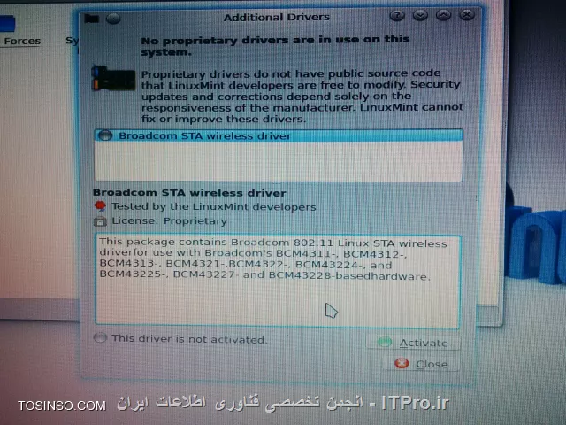 برای شروع کار با لینوکس ، مینت را نصب کردم . تنها مشکلی که دارم اینکه درایور وایرلس لب تاپم نصب نمیشه . یه سرچی تو جاهای مختلف زدم و راه حلی پیدا کردم ولی جواب نمیده . از طریق کارت شبکه به اینترنت ولص میشم و وقتی میخوام درایور وایرلس رو نصب کنم به شکل زیر به مشکل میخورم . لطفاً راه حلی پیشنهاد بدید .

||http://tosinso.com/files/get/bef506b3-0048-424f-a445-66cc63da325a||
||http://tosinso.com/files/get/eab22559-b8eb-4e21-907c-01ad2ed7abdc||

از  |اینجا ::http://www.broadcom.com/support/802.11/linux_sta.php|فایل زیپ 32 بیت رو برای سیستم دانلود کردم ولی نمیدونم چطوری باید نصبش کنم !

