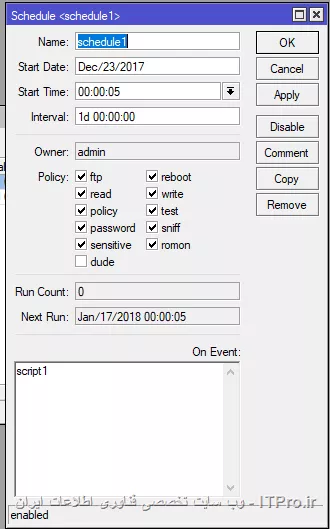 با سلام خدمت همه دوستان
من روی روتر میکروتیک یکpppoe client ساختم و میخوام از طریق vpn و استفاده از usermanager به کاربرا اینترنت بدم.اما یک مشکلی دارم اونم اینه که من زمان شارژ مجدد برای هر اکانت رو یک روزه تعریف کردم ولی این اتفاق نمیفته.یعنی هر روز شارژ نمیشه و تا زمانی که اکانتش شارژ داشته باشه میتونه وصل بشه به محض اینکه ترافیکش تموم شد پروفایلش در پنل usermanger میپره  حالا میخواد همون روز باشه یا 3 روز دیگه زمانی هم که ارور 691 براش اومد من باید برم به صورت دستی براش دوباره شارژ کنم!! این ایراد از کجا میتونه باشه؟؟؟
<left>
/tool user-manager user reset-counters [/tool user-manager user find]

<left>
<left>
/system reboot
<left>
||https://tosinso.com/files/get/bf710fc0-a6af-4f1a-9d84-9ef93089b457||||https://tosinso.com/files/get/8abd0b7b-444c-4643-940c-72806ba83c76||
                                                                               