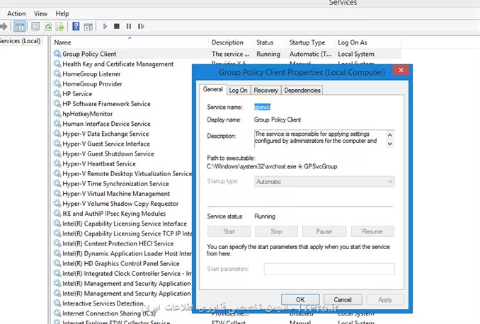 از طریق رجیستری سرویس Group Policy Client را از حالت stop بودن خارج کردم و همان طور که در تصویر مشاهده می کنید در وضعیت running قرار گرفته اما با این حال همچنان این پالیسی کار نمیکنه 
هر پالیسی که اعمال می کنم کار میکنه به غیر از همین یک پالیسی
||http://network.tosinso.com/files/get/c0133099-d9ab-4f8a-af93-bdd6a702c976||