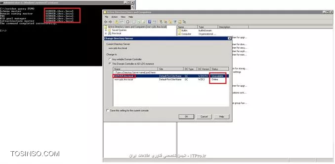 FSMO Role رو از 2003 به 2008 انتقال دادم..طبق مقاله ای که در سایت بود.تمامی رول ها انتقال داده شده اما تو سرور 2008 تو Active Directory که میرم و میخوام Change DOmain بزنم ، سرور 2008 رو Unavailable زده.در صورتی که اگه درست بود باید به جای Unavailable  میزد ONLINE....

*|آموزش شماره 1::http://network.tosinso.com/articles/117/%D8%A2%D9%85%D9%88%D8%B2%D8%B4-%D8%AA%D8%B5%D9%88%DB%8C%D8%B1%DB%8C-%D9%88-%D9%82%D8%AF%D9%85-%D8%A8%D9%87-%D9%82%D8%AF%D9%85-%D8%A8%D8%B1%D9%88%D8%B2%D8%B1%D8%B3%D8%A7%D9%86%DB%8C-%D9%88%DB%8C%D9%86%D8%AF%D9%88%D8%B2-%D8%B3%D8%B1%D9%88%D8%B1-2003-%D8%A8%D9%87-%D9%88%DB%8C%D9%86%D8%AF%D9%88%D8%B2-%D8%B3%D8%B1%D9%88%D8%B1-2008|*
*|آموزش شماره 2::https://tosinso.com/articles/496/FSMO-%da%86%db%8c%d8%b3%d8%aa%d8%9f-%d9%85%d8%b9%d8%b1%d9%81%db%8c-Operation-Master-Roles-%d9%88-%d9%86%d8%ad%d9%88%d9%87-%d8%a7%d9%86%d8%aa%d9%82%d8%a7%d9%84-%d8%a2%d9%86%d9%87%d8%a7|*
طبق این آموزش ها انتقال دادم FSMO..اما Adprep کار نکرد و پیغام خطا داد.
||http://network.tosinso.com/files/get/c06466d2-b894-424a-bf36-342819ebc147||