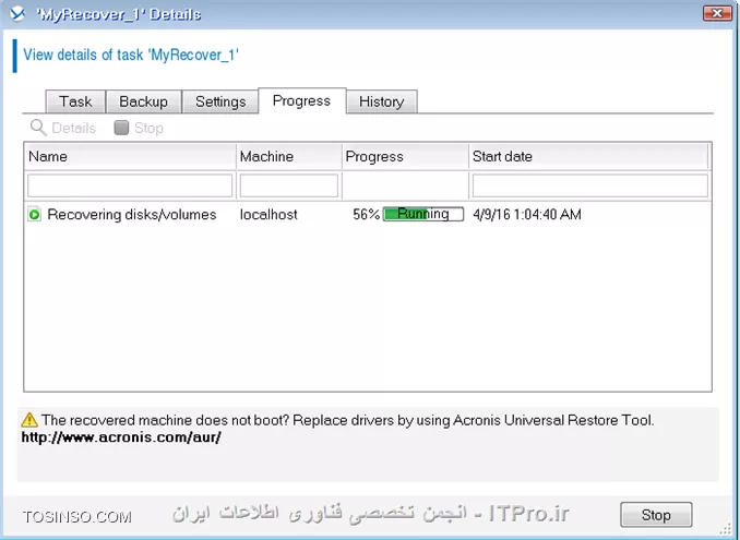 وقتی نوبت به ریکاوری می رسد باید برسی کنید چگونه اینکار را انجام دهید:
به Managed Machine وصل شویم؟
یا از طریق ایجاد یک Recovery Task؟
اگر Managed Machine قادر نیست Boot کند باید از طریق Bootable Media آن را بوت کرد و بصورت Bare metal آن را ریکاوری کرد.
Acronis قادر است یک سیستم عامل را از Bios-based به UEFI منتقل کند. 
یا می توانید یک Full Backup را بر روی یک سخت افزار متفاوت ریستور کنید. اگر در دو حالت سیستم بعد از ریکاوری قادر به Boot شدن نبود می توانید بوسیله Universal Restore tool سرویس و درایورهای ماشین جدید را نصب و مشکل را برطرف کرد.
ممکن است شما در حین پروسه ریکاوری مجبور شوید Disk ماشین مقصد را تعقیر دهید که Acronis یک ابزار Disk Management برای این منظور ایجاد کرده که حین بوت ماشین می توانید تعقیرات لازم را انجام دهید.
تمام موارد بالا را اگر خدا بخواهد یاد خواهیم گرفت.
!! Creating a recovery task
--
اولین قدم در این راستا ایجاد یک Recovery Task می باشد. 
اجازه بدید ببینیم چه گذینه های در Recovery Task وجود دارد و آنها را یاد بگیریم.
||http://tosinso.com/files/get/49db0388-8847-40f6-8b34-72407db85253||
||http://tosinso.com/files/get/2ecfd9a1-63c7-4e9c-b962-d14af2370894||
# در این قسمت شما باید اطلاعاتی که قرار Recover کنید را انتخاب کنید.
# در این قسمت باید Client/Serverی که این اطلاعات باید بر روی آن ریستور شود را انتخاب کنید. که بصورت اتومات انتخاب می شود.
# در این قسمت مقصد اطلاعاتی که قراره Recover بشه تعیین می شود.
# تنظیمات رو نویسی اطلاعات که سادس و نیاز به توضیح خاصی ندارد.
# کی عملیات Recover شروع شود؟ که می توانیم در اینجا تعیین کنیم.
# در این قسمت یک نام برای این Task و تنظیمات پیش فرض آن و مجوزی که این Task بوسیله آن اجرا شود. 
نکته: User قسمت Task credentials باید عضو گروه Administrators and Backup Operators سیستم مقصد باشد. 
چون ما در یک محیط متمرکز و مدیریت شده هستیم (domain) اجازه ندهید هر Agent ی که بر روی سیستمی نصب شود یک User برای خود ایجاد کند. شما می توانید یک User ایجاد کنید و آن را بوسیله GP عضو Local Administrators and Backup Operators  کنید. تا در هر Taskی مجبور نشوید برای هر Taskی یک User انتخاب کنید. ولی این روش یک ریسک امنیتی می باشد. پس مواظب این User مهم باشید. (این روش منه شاید روش شما فرق می کنه) 
درضمن اگر می خواهید بوسیله این کاربر به Managed Machine ها وصل شوید این کاربر را عضو Acronis Remote Users کنید. همانطور که می دانید بر روی هر Managed Machineی یک گروه به همین نام ایجاد می شود و فقط کاربران عضو این گروه می توانند به Managed Machine ها وصل شود.
سناریو:
بر روی یکی از Client ها یک شازده ندانسته تمام Profile های کاربران را از درایو C پاک کرده ولی خوشبختانه از آن کلاینت یک Full Backup دارم. الان چطور آن File ها را Restore کنم؟
خیلی ساده یک Recovery task ایجاد می کنم و آن اطلاعات را انتخاب می کنم.
||http://tosinso.com/files/get/b074ea00-ea7f-4e68-9d6c-7bc17907493d||
وقتی Ok کنم بقیه تنظیمات هم اعمال می شوند.
||http://tosinso.com/files/get/1471f60e-8cc5-4c28-807f-35dfda953ca9||
||http://tosinso.com/files/get/057b1c15-0e84-48ba-94bd-3844e6c080df||
بعد از اتمام پروسه Recovery اکرونیس یه هشداری میده که باید سیستم را Reboot کنید. و بعد از آن 
||http://tosinso.com/files/get/665ecd05-b84a-4edb-b2b0-1f2d0899bff9||
تا به اینجا رسیده ایم یک نقطه ای را بگم:
گاهی وقتا شما در قسمت Data Catalog داده ای را مشاهده نمی کنید. وعلت این امر دو چیز است:
# Backup نگرفتن از داده ها.
# غیرفعال بودن Cataloging یا فعال بودن قابلیت Fast Cataloging.
شما می توانید Data Catalog را بر روی Managed Machine, Management Server and Storage node فعال کنید.
برای فعال کردن این قابلیت بر روی Managed Machine به آن ماشین وصل شوید و :
||http://tosinso.com/files/get/352e55f3-341f-4fdb-bfe6-674481c4b311||
برای فعال کردن Data catalog  بر روی Management Server کلید زیر را اد کنید:
||http://tosinso.com/files/get/064aec09-3d6b-43e3-ba9f-95dfe8d5d98c||
نکته: اگر پارامتر Enabled را پیدا نکرده اید این به معنی فعال بودن این قابلیت بر روی آن سرویس می باشد.
نکته: فعال کردن Data Catalog بر روی Storage node مانند روش بالاست.
نکته: داده ای زیر را نمی تون Catalog کرد:
||http://tosinso.com/files/get/3a21cfd6-7643-48a4-b7ef-447f8cad3d58||
در واقع شما از دو روش می توانید به داده های که می خواهید Recover کنید دسترسی داشته باشید. یک روش که در بالا توضیح داده شد و روش دیگه استفاده از Vault می باشد. بدین صورت، وارد Vault مورد نظر شوید و 
||http://tosinso.com/files/get/e808b3ee-2614-425e-89ca-eea62215e74f||
بعد از زدن دکمه Recover 
||http://tosinso.com/files/get/555ff90a-38d8-461a-a530-0fc553948c15||
  به صفحه بالا منتقل می شوید.
نحوه ریکاوری کردن وقتی که به Managed Machine وصل می شوید دقیقا مانند روش بالا می باشد با این تفاوت که وقتی می خواهید مقصد داده ها را انتخاب کنید نمایش داده نمی شود چون بدیهی هستش، مقصد داده ها بر روی همین Managed Machine می باشد.
||http://tosinso.com/files/get/96fc2374-12ce-4b3a-87e0-49cca23e8921||
سناریو :
یکی از سیستم های من به علت حذف شدن فایلهای سیستمی آن از کار افتاده و نمی توانم بوت کنم. ولی خوشبختانه یک Full backup از قبل از این سیستم دارم که می توانم آن را به حالت قبل برگردونم.  
الان چگونه این سیستم را ریکاور کنیم؟
به سادگی شما می توانید یک Bootable media در Management Server ایجاد کنید (نحوه ایجاد کردن این مدیا را در جلسه بعدی توضیح میدم) و بوسیله آن سیستم را بوت کنید. 
وقتی که سیستم را بوت کردید اولین قدم تنظیمات کارت شبکه می باشد که باید یک IP هم رنج شبکه خود بدهید که بتواند با Storage های که فایلهای Backup را ذخیره می کنند ارتباط داشته باشد
||http://tosinso.com/files/get/88bfe1de-88be-4c41-b8eb-7508511ed9ca||
||http://tosinso.com/files/get/d7651466-418d-4143-a10b-ddfb230e484e||
||http://tosinso.com/files/get/111b432c-e246-424b-9c85-7511bd649520||
||http://tosinso.com/files/get/a57471df-fdd4-400e-876e-1fb196eb92ac||
خب ما در بالا گذینه recover را کلیک می کنیم
||http://tosinso.com/files/get/0df3ea2b-b062-4029-8116-257fe6ab9013||
برای انتخاب فایلهای Backup گذینه بالا را انتخاب کنید. 
||http://tosinso.com/files/get/c8c9dc0b-e504-459e-8162-4a696fc5065c||
||http://tosinso.com/files/get/663ce966-dc21-496a-ac35-ff6800983ab1||
در آخر هم باید مقصد ریکاور شدن فایلها را هم انتخاب کنید و OK کنید. 
شما علاوه بر روش بالا می توانید کل درایو C را هم ریکاور کنید. در سناریو های که درایو C صدمه می بیند یا کل اطلاعات آن پاک می شود.
بدین صورت 
||http://tosinso.com/files/get/0d1f9d63-9fd7-4e50-b5fb-12d8689b3cbd||
شما در بالا MBR دیسکتها را هم مشاهده می کنید. در صورتی آنها را انتخاب کنید که :
# سیستم عامل به هر دلیلی نتواند بوت کند.
# یک دیسک جدید نصب کرده اید که حاوی MBR دیسکت قدیمی نیست.
# قصد ریکاور کردن یک Non-windows loaders مانند LILO and GRUB را داشته باشید.
به هر حال OK کنید.
||http://tosinso.com/files/get/c7aca7c9-637c-420d-8d5d-ba3a7b31f142||
وقتی گذینه بالا را کلیک کنید
||http://tosinso.com/files/get/bc618d3b-df33-4c82-be66-f5904f6be101||
در بالا می توانید تعقیراتی در درایو C ایجاد کنید. 
||http://tosinso.com/files/get/5d31999b-203b-4a92-9954-dcb8a7c0450e||
در بالا در یکی از تصاویر شما گذینه ای به نام NT Signature می بینید و شاید با خودتون بگید این گذینه چی هست؟
NT Signature یک رکورد در جدول MBR می باشد و دیسکی که حاوی OS باشد را تشخیص می دهد. 
این گذینه بصورت پیش فرض بر روی Select Automatically ست شده است یعنی اگر Acronis تشخیص داد که NT Signature مانند همان نسخه ای که در فایل Backup هستش  NT Signature قدیمی دست نخورده باقی می ماند در غیر اینصورت یک NT Signature جدید ایجاد می کند. 

گاهی وقتا پیش میاد دیسک سرور شما به دلایلی از کار می افتاد و شما مجبور می شوید یک دیسکت جدید بخرید و بر روی سرور نصب کنید. در چنین سناریوهای ما چگونه می توانید سرور را ریکاور کنیم. 
برای اینکار من مدتها قبل یک مقاله در اینباره نوشتم که مراحل کار را در  Acronis True Image 2016 می باشد که می توانید از لینک زیر بهش دسترسی داشته باشید. شما در مقاله زیر فقط روند کار را یاد بگیرید. بعد از درک کردن مراحل می توانید تمام تنظیمات را در Acronis backup advanced پیدا کنید. که من به علت طولانی نشدن و تکراری شدن مطلب از توضیح آن خودداری می کنم.
|ریکاوری کردن کل سیستم بر روی یک هارد دیسک جدید بوسیله Acronis True Image 2016::https://tosinso.com/articles/41964/%d8%a2%d9%85%d9%88%d8%b2%d8%b4-%d8%b1%db%8c%da%a9%d8%a7%d9%88%d8%b1%db%8c-%d8%a7%db%8c%d9%85%db%8c%d8%ac-%da%a9%d9%84-%d8%b3%db%8c%d8%b3%d8%aa%d9%85-%d8%b1%d9%88%db%8c-%d9%87%d8%a7%d8%b1%d8%af-%d8%ac%d8%af%db%8c%d8%af-%d8%a8%d8%a7-%d8%a7%da%a9%d8%b1%d9%88%d9%86%db%8c%d8%b3|

!!Recovering BIOS-based systems to UEFI-based
--
همچنین که از عنوان مشخصه Acronis قابلیتی دارد که می توان Full backup سیستمی که با رابط BIOS فعالیت میکند بر روی UEFI و برعکس ریستور کرد. 
قبل از اینکار اکرونیس توصیه های کرده:
# عمل Restoring را بر روی یک uninitialized disks انجام دهید. (اجازه دهید خود برنامه درباره کنترول و ایجاد پارتیشن تصمیم بگیرد)
# موقع انتقال یا ریستورینگ از Linux-based bootable media or WinPE-based bootable media ورژن 4.0 به بعد استفاده کنید. چون نسخه های قبلی UEFI را ساپورت نمی کنند.
# یادتون باشه BIOS ظرفیت دیسکی که بیشتر از 2 ترابایت باشد را ساپورت نمی کند.
*محدودیتها این روش:*
# انتقال یک سیستم عامل Linux از BIOS to UEFI و برعکس پشتیبانی نمی شود.
# انتقال یک سیستم عامل ویندوز از BIOS to UEFI و برعکس به شرطی که فایل Backup بر روی mediaهای زیر ذخیره شده باشد ساپورت نمی شود:
<ltr>
Acronis Cloud Storage
Tape device
Optical discs (CDs, DVDs, or Blu-ray discs)
<ltr>
خب!!!
من قبلا از یک سیستم که از firmware BIOS استفاده می کرد یک full backup تهیه کردم و الان قصد دارم آن را بر روی یک سیستمی که از UEFI پشتیبانی می کند ریستور کنم. 
سیستم مقصد را با bootable media بوت می کنم و تنظیمات شبکه آن را انجام می دهم و گذینه Disk management را کلیک می کنم تا دیسک سیستم جدید را چک کنیم 
||http://tosinso.com/files/get/13cdaa11-52b1-4d44-9abd-f3b561eb7e4a||
بعد از اطمینان گذینه Recover را کلیک کنید
||http://tosinso.com/files/get/0d3f1fb8-c118-4363-a25b-8d0c2b7afe89||
MBR و پارتیشنهای مورد نظر را انتخاب و ok می کنیم
||http://tosinso.com/files/get/db72b4cd-e562-49cb-947b-26f64de7b1c7||
هر کدام از پارمترها مشخص شد در کجا ریکاور می شوند. در اخر ok کنید.
||http://tosinso.com/files/get/c07cf1c4-651b-4bf7-b7ce-9fd5d04f6593||

!!Recovering Volumes:
--
فرض کنید از Volume سیستم ( Volumeی که سیستم عامل روی آن نصب است) یک Backup گرفته اید و قصد دارید این Backup را بر روی یک سیستم دیگر با سخت افزار متفاوت ریستور کنید. بوت شدن سیستم مقصد از طریق این Backup به عوامل زیر بستگی دارد:
*Source operating system:*
سیستم عامل Convertible  یا non-Convertible باشد. سیستم عاملی که Convertible باشد به شما اجازه می دهد Boot Media or boot partition خود را از BIOS to UEFI و بر عکس تعقیر دهد.
نسخه های زیر از ویندوز Convertible می باشند:
||http://tosinso.com/files/get/588f1928-c9a8-4238-ae32-b7dc05e036f9||
*Source and target disk partition style:*
MBR یا GPT، سیستم عاملی که از BIOS استفاده میکند از MBR و سیستمی که UEFI باشد از GPT استفاده می کند.
برای عملیات ریکاوری وقنی که دیسک سیستم مقصد not initialized باشد خود Acronis بصورت اتوماتیک بر اساس Style دیسک مبدا (MBR or GPT) یکی را انتخاب می کند و کل Backup را در دیسک سیستم مقصد ریستور می کند.
اگر در هر صورتی بعد از ریستور کردن Backup در دیسک جدید سیستم عامل Load نشد می توانید از ابزار خود اکرونیس به نام Disk Management  استفاده و دیسکت سیستم مقصد را ویرایش کنید.
در جدول زیر یک خلاصه از بوت شدن یا بوت نشدن سیستم عامل بعد از انتقال آن از BIOS to UEFI یا بر عکس می باشد:
بک گراند سبز رنگ به معنی بوت شدن سیستم عامل بدون نیاز به دخالت کاربر می باشد.
بک گراند زرد رنگ به معنی دخالت کاربر در پروسه ریکاوری می باشد.
بک گراند قرمز رنگ به معنی بوت نشدن OS بعد از انتقال می باشد. 
جدول زیر را از داکیومنتهای اکرونیس برداشتم ولی هر چی می خوام این رنگها رو ببینم دیده نمی شن؟؟؟ فک کنم ذره بین باید داشته باشید D: 
||http://tosinso.com/files/get/f7b199e5-6da4-4fac-ad25-5c7b5c646bd1||

!!Recovering Disks:
--
فرض کنید از یک دیسک با کل Volumeهای آن Backup گرفته اید و قصد دارید این Backup را بر روی سیستمی با سخت افزار متفاوت ریستور کنید. قابلیتی که باعث می شود این Backup بعد از ریستور بر روی سیستم مقصد بوت شود بستگی به سیستم عاملی که بر روی دیسک مبدا نصب شده دارد که آیا  Non-Convertible یا Convertible باشد یا نه؟
اگر دیسک مبدا دارای یک یا چند OS باشد وهمه ی آنها Convertible باشد در حین ریکاوری Boot mode آن بصورت اتوماتیک تعقیر می کند. ولی اگر یکی از سیستم عاملها Non-convertible باشد برنامه دیسک سیستم مقصد را بر اساس دیسکت سیستم مبدا Initialize می کند.
||http://tosinso.com/files/get/86d7b90b-4207-4e3d-8ad5-64e250deef18||

!!Acronis Active Restore: 
--
قابلیتی می باشد که در حین پروسه Recovery سیستم عامل یا دیتابیس را Load می کند و پس از Load کردن سرویس و برنامه های اولیه و مورد نظر را درخواست می دهد و آنها را ریکاوری می کند  در نتیجه در حین ریکاوری End-User می تواند به دینتابیس یا سیستم عامل وصل شوند و از امکانات اولیه آن استفاده کند تا پروسه ریکاوری پایان پذیرد.
*محدودیتها:*
# از GPT و UEFI پشتیبانی نمی کند فقط BIOS.
# فایلهای Backup فقط باید روی همان کامپیوتر بصورت Local ذخیره شده باشد. به اصطلاح دیگر در این سناریو فقط از Vaultهای محلی مانند Hard Drive, USB, Acronis Secure Zone و..... می توانید استفاده کنید.
# Backup را فقط می توانید بر روی همان کامپیوتر که از آن Backup تهیه کرده اید ریستور کنید نه بر روی سیستم دیگر.

موفق و پیروز باشید

نویسنده: احمد جهلولی 
منبع: |جزیره راهکارهای ذخیره سازی اطلاعات وب سایت توسینسو ::https://tosinso.com/virtualization|
نشر و کپی برداری، صرفاً با ذکر نام نویسنده و منبع مجاز می باشد. 