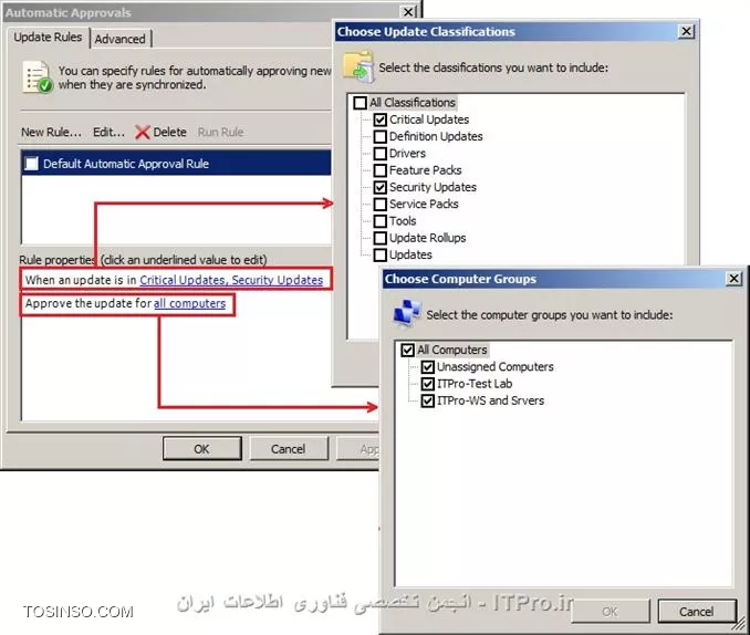 در قسمت اول  مقاله به تعاریف مرتبط با  سرویس WSUS و راه اندازی آن از طریق ویزارد اشاره کردیم . حال در این قسمت به سراغ بررسی کنسول مدیریتی و  توضیح آپشنهای کنسول WSUS می رویم .با استفاده از مسیر زیر میتوان وارد کنسول WSUS شد :
<c#>
Start => Administrative tools => Windows Server Update Services
<c#>
در تصویر زیر فضای کنسول مدیریتی WSUS نمایش داده شده است که در ادامه به توضیح Component های آن خواهیم پرداخت.

||http://network.tosinso.com/files/get/c46b1a16-3a51-4638-8dc3-798ac71a94f3||

*Server Name:* می توان چندین WSUS سرور را در کنسول مدیریتی اضافه کرد، با اضافه کردن هر سرور نام آن در پنل سمت چپ کنسول مدیریتی WSUS نمایش داده می شود.برای افزودن WSUS سرور به کنسول مدیریتی تنها کافیست روی گره ی Update Services  در پنل سمت چپ کنسول راست کلیک کرده و گزینه Connect to the server را انتخاب و در صفحه ی باز شده نام سرور مورد نظر و پورت مربوط به آن را وارد کنیم . با کلیک روی نام سرور (در اینجا ITPro-Server) در پنل وسط  صفحه  وضعیت مربوط به سرور در سه بخش مجزا نمایش داده می شود:

* *To Do:*  اطلاعاتی در مورد بخشهایی که WSUS سرور باید فورا در رابطه با آنها اقدام کند در اختیارکاربر سرور قرار می دهد.
* *Overview : *این بخش مروری دارد بر وضعیت کامپیوتر ها، آپدیت ها و نیز هماهنگ سازی آپدیت ها . همچنین آمار اطلاعات WSUS سرور را مشخص می کند .
* *Resources :* در این بخش لینک هایی برای کسب اطلاعات بیشتر پیرامون WSUS سرور در نظر گرفته شده است .

||http://network.tosinso.com/files/get/8c135b80-1b8d-428a-bad2-82777e4e8a12||

زیر نام سرور در کنسول تمامی Component های مربوط به مدیریت آن با ساختار درختی لیست شده اند. بنابراین این اجزا تحت مدیریت سرور یاد شده می باشند . در اینجا به معرفی این بخش ها می پردازیم :
*Updates:* این گره  در بردارنده لیست تمامی آپدیتهای روی سرور است که از سایت مایکروسافت دریافت کرده ایم  و نیزبا کلیک روی  گره ی Updates می توان گزارشهای مربوط به وضعیت نصب انواع آپدیت ها را بر حسب نوع آنها در پنل وسط کنسول مشاهده کرد. در زیر گره Update  ،آپدیتها برحسب نوعی که  برای آنها  در تنظیمات در نظر گرفتیم  (در اینجا  Critical و Security) و نیز آپدیت های خود سرویس WSUS تقسیم بندی شده اند.

||http://network.tosinso.com/files/get/1b19915b-cb6a-4655-894f-843386e9f5a6||

*Computers: * این بخش شامل All Computers و زیر گره ی  Unassigned Computers می باشد که به صورت پیش فرض کامپیوتر های موجود در شبکه که برای دریافت آپدیت ها عضو WSUS می شوند در قسمت Unassigned Computers قرار می گیرند .برای سهولت در مدیریت آنها می توانیم در اینجا گروه هایی را ایجاد کرده و کامپیوتر های عضو شده را به آنها منتقل کنیم . در قسمت All computers  تمامی کامپیوترهایی که عضو WSUS سرور هستند نمایش داده شده است با کلیک روی هر کدام از این کامپیوتر ها ، اطلاعات مربوط به آن کامپیوتر و وضعیت مربوط به آپدیت های آن در بخش پایین پنل میانی صفحه نمایان خواهد شد.

||http://network.tosinso.com/files/get/a2814594-d902-4046-8870-a3e768fe174a||

*Downstream Servers:*  اگر WSUS سرور های دیگری در شبکه وجود داشته باشند که این سرور Upstream  سرور آنها می باشد ، خلاصه ای از اطلاعات اینDownstream سرور ها در این قسمت نمایش داده می شود .
*Synchronizations:*  این قسمت در بردارنده تاریخچه ی آپدیت های Sync شده می باشد. بعبارت دیگر هر بار که WSUS  سرور آپدیت های خود را با یک Upstream Server   و یا با سایت مایکروسافت Sync  کند ، گزارش مربوط به این بهنگام سازی با شرح جزئیات در این بخش قابل مشاهده است. این بخش   یک نقطه مرکزی برای مدیریت هماهنگ سازی آپدیت ها  محسوب می شو د . برای هر بار انجام عمل Synchronization   تنها کافیست بر روی گزینه Synchronize Now  کلیک کنیم .

||http://network.tosinso.com/files/get/522c44ea-0b64-4821-a143-6c07bc810de0||

*Reports: *این قسمت محل مرکزی برای ایجاد و ذخیره گزارشهای گرفته شده توسط WSUS سرور از وضعیت آپدیت ها و کامپیوترها و نیز عمل Synchronization آپدیتها  می باشد .کاربرد Report viewer  که همزمان با نصب رول  WSUS ، آن را نصب کردیم برای این بخش است. اگر روی هر کدام از بخش های موجود در پنل میانی صفحه کلیک کنیم صفحه ای نمایان خواهد شد که با انتخاب گزینه Run Report در آن ، سرور شروع به گرفتن گزارش مربوط به آن بخش خواهد کرد.

||http://network.tosinso.com/files/get/b81409a0-e556-4299-a4b0-37488a250e1f||

*Options:* در بخش آپشن WSUS کنسول مدیریت تمامی تنظیماتی که از طریق ویزارد WSUS انجام شد ، وجود دارد . باید خاطر نشان کرد که تنظیمات WSUS  را همانند دیگر سرویسها ،می توان هم از طریق کنسول وهم از طریق ویزارد انجام داد که در این سری مقالات ما به توضیح هر دو روش پرداخته ایم . اگر نصب از طریق ویزارد انجام شده باشد می توان تغییرات مورد نظردر تنظیمات انجام شده را بعدا ، از طریق کنسول مدیریتی اعمال کرد. با کلیک روی گره Options تمامی قابلیت ها در پنل وسط کنسول مشاهده خواهند شد.

||http://network.tosinso.com/files/get/0d207c9f-9122-4694-954c-2bcfd3451ba2||

 در اینجا به توضیح و بررسی تک تک آپشن های کنسول می پردازیم:

!!!! Update Source and Proxy Server
در تب* Update source*   تعیین می کنیم که WSUS سرور آپدیت ها را از سایت مایکروسافت دریافت کند و یا از یک Upstream Server  که باید نام و پورت آن را در این بخش وارد کنیم .در اینجا ما گزینه Synchronize from Microsoft Update را انتخاب می کنیم . 

||http://network.tosinso.com/files/get/9971ae64-a70e-4a2e-ba20-72c2889e2ea5||

  اگر از یک Proxy Server  برای ارتباط با سایت مایکروسافت و یا  با یک UPstream Server برای Sync کردن آپدیت ها در شبکه استفاده می کنیم ،باید نام و پورت آن را در تب *Proxy Server*   مشخص کنیم .این آپشن بصورت پیش فرض غیر فعال است و در این حالت WSUS سرور مستقیما با سایت مایکروسافت یا Upstream Server ارتباط برقرار خواهد کرد.

||http://network.tosinso.com/files/get/5b7605b0-3419-4d26-83bc-1b4500e46a67||

!!!! Products and Classifications
در تب* Products* محصولی را که می خواهیم آپدیت های آن را دریافت کنیم و این آپدیت ها با سایت مایکروسافت Sync  شوند را انتخاب می کنیم . یادآور می شویم که اگر تنها محصولاتی را که در سازمان از آنها استفاده می شود، در این بخش برای دریافت آپدیت ها در نظر بگیریم ،  این شرایط باعث می شود که سرعت دریافت آپدیت ها بالا رفته و  فضای کمتری از حافظه  را به خود اختصاص دهند. با توجه به سناریو در این قسمت ما ویندوز 7 و ویندوز سرور 2008 R2 را برای دریافت آپدیت آنها انتخاب می کنیم .

||http://network.tosinso.com/files/get/cccc7603-3dbc-4c59-95c3-18825a3fb46f||

در تب *Classifications * نوع و طبقه بندی آپدیت مورد نظر را تعیین می کنیم در ابتدای مقاله ی قبل در رابطه با انواع آپدیت ها صحبت کردیم حال با توجه به دانسته های خود در رابطه با انواع آپدیت ها ، نوع آپدیت مورد نظر را بر حسب نیازمان انتخاب می کنیم . ما همان تنظیمات پیش فرض را در نظر می گیریم . 

||http://network.tosinso.com/files/get/5dba8064-ae31-42f1-b597-a2c43be27320||

!!!! Update Files and Languages
در تب *Update Files*  با انتخاب گزینه Store Update files locally on this server  می توانیم تعیین کنیم که فایل آپدیت های دریافتی در همین سرور ذخیره شوند .در چنین شرایطی با انتخاب کردن گزینه Download Update files to this server only when updates are approved  مشخص می کنیم که ابتدا لیست آپدیت ها برای ما نمایش داده شود تا پس از تایید آن عمل دانلود صورت گیرد . همچنین با برگزیدن گزینه Download express installation files   مجموعه ای از فایل آپدیت ها دانلود خواهند شد که  موجب افزایش سرعت دریافت آپدیت ها  و نصب آنها روی کامپیوترهای شبکه  می شود اما این فایل هاحجم بالایی داشته  و  سرور زمان زیادی برای دانلود آنها صرف خواهد کرد .

||http://network.tosinso.com/files/get/67ee89f9-1707-40a5-92a4-8ade73289f18||

در تب * Update Languages*  هم همانطور که در تنظیمات ویزارد ذکر کردیم می توان آپدیت ها را برای همه ی زبانها دانلود کرد و یا اینکه تنها زبانی را برگزید که برای ما کاربرد دارد. 
 
||http://network.tosinso.com/files/get/428906dd-d852-4f8f-b359-19099bcd3fdd||

*Synchronization Schedule :* می توانیم تعیین کنیم که سرور عمل Sync کردن آپدیت ها را بصورت Manual انجام دهد و یا  اینکه بصورت اتوماتیک در طی وهله زمانی مشخص شده آپدیت ها را بهنگام  و همسان سازی  کند .

||http://network.tosinso.com/files/get/bd3cccad-bd41-4101-be89-62d4ab30a93a||

!!!! Automatic Approval
در تب *Update rules * می توانیم برای تایید شدن آپدیت ها یک سری قاعده در نظر بگیریم بعنوان مثال برای WSUS سرور تعیین کنیم که در صورت دریافت آپدیت های مربوط به ویندوز 7، آنها را بدون دریافت تاییدیه و بصورت خودکار Approve کند . برای ایجاد یک Rule  تنها کافیست بر روی New Rule کلیک کنیم تا صفحه مربوط به انجام تنظیمات Rule باز شود (پنجره Add Rule) لذا می توانیم نوع و نام Rule مورد نظر را ایجاد کنیم .

||http://network.tosinso.com/files/get/cbf1bcaf-6de5-4a9f-a91b-29a9f7b3da53||

در پنجره Rule Properties با انتخاب گزینه ای که در آن نوع آپدیت ذکر شده ، نوع آپدیت را برای Rule تعیین می کنیم .با کلیک روی All Computers نیز لیست Computer Group هایی که ایجاد کردیم نمایش داده می شود که از میان آنها گروه مورد نظر را انتخاب می کنیم تا Rule ایجاد شده به آن گروه اعمال شود.

||http://network.tosinso.com/files/get/c1543e1b-c98e-4d77-a9d6-74fff30e8f5a||

در تب *Advanced * گزینه ای برای Approve کردن آپدیت های خود سرویس WSUS موجود است . علاوه براین هر آپدیتی ممکن است اصلاح و بروز رسانی شود در اینجا می توانیم تعیین کنیم که به محض دریافت Revision  مربوط  به یک آپدیت آن را به صورت خودکار نصب کرده و یا از نصب آن صرف نظر کنیم . 

||http://network.tosinso.com/files/get/efb9f8f7-1647-4ca4-b4bc-2fbd00dd5a44||

*Computers:* در این قسمت برای کامپیوتر هایی که عضو WSUS سرور شده اند می توانیم مشخص کنیم که تنظیمات مورد نیاز را از WSUS سرور و یا از گروپ پالسی و یا تنظیمات رجیستری که برای آنها انجام می شود ، دریافت کنند. بنابراین  با انتخاب گزینه Use the update services console  قادر خواهیم بود  کامپیوتر هایی را که بصورت پیش فرض درون Unassigned Computers  قرار گرفته اند را به صورت دستی به  گروههای دیگری که ساخته ایم، منتقل کنیم . برگزیدن گزینه Use group policy or registry settings on computers  موجب می شود که کامپیوتر ها بصورت اتوماتیک به گروهی که در تنظیمات GPO  در نظر گرفته ایم انتقال یابند. باید توجه داشت که در ابتدای کار  گزینه مربوط به تنظیمات گروپ پالسی را انتخاب کنیم چرا که انجام تنظیمات مربوط به گروپ پالسی است که  باعث می شود کامپیوتر ها WSUS سرور را شناخته و عضو آن شوند. به علاوه تنظیمات مربوط به دریافت آپدیت ها توسط کلاینت ها در گروپ پالسی صورت می گیرد. 

||http://network.tosinso.com/files/get/62c59613-9a03-45cd-a5cc-c00165f84e4b||

*Server Cleanup Wizard:* در این آپشن گزینه هایی موجود است که با انتخاب کردن آنها برای سرور WSUS تعیین می کنیم آپدیت هایی را که  منقضی شده  و کامپیوترهایی را که در شبکه غیر فعال شده اند از سرور حذف کند.

||http://network.tosinso.com/files/get/1ea5501f-0dc2-4688-825e-7ecba6c15eba||

*Reporting Rollup: *به کمک این آپشن می توانیم نحوه ی گزارش گیری WSUS  سرور را مشخص کنیم . اگر در شبکه ما Replica downstream  سرور هایی موجود باشد به کمک گزینه های موجود در این بخش برای WSUS سرور  تعیین می کنیم که گزارشهای مربوط به Replica downstream  سرورها را دریافت کند یا خیر .

||http://network.tosinso.com/files/get/e71a357f-c8af-46bd-921b-b9002bc43e83|| 

*E-Mail Notifications :*  در صورت وجود E-mail Server  در شبکه در تب *General*  می توانیم برای سرور مشخص کنیم که پس از Sync کردن هر آپدیت جدید ، برای کابران ایمیل بفرستد  . همچنین می شود تعیین کرد که گزارش وضعیت آپدیت ها به صورت روزانه یا هفتگی برای کاربران ارسال شود. در تب *E-Mail Server* نیز اطلاعات ایمیل سرور را وارد می کنیم .

||http://network.tosinso.com/files/get/a5d57cb9-9beb-4a78-ae98-6a930f679f61||

*Microsoft Update Improvement Program:* این آپشن کمک می کند تا سرور اطلاعات مبنی بر وضعیت آپدیت ها و کامپیوتر ها و نیز مشکلات بوجود آمده  را برای سایت مایکروسافت ارسال کند. بررسی این اطلاعات به متخصصان مایکروسافت کمک خواهد کرد تا راهکارهایی برای بهبود کارایی  و افزایش قابلیت WSUS سرور ارئه دهند.

||http://network.tosinso.com/files/get/804390c9-2d58-48e0-81e8-2e63ce2e1a0e||

!!!! Personalization
 این قسمت مرتبط با شخصی سازی اطلاعات نمایش داده شده توسط WSUS سرور  است در واقع در این آپشن می توانیم مشخص کنیم  اطلاعات WSUS سرور به چه صورت در کنسول مدیریتی قابل مشاهده باشند. در صورتیکه چند Replica downstream server در شبکه داشته باشیم  در تب *General* می توانیم تعیین کنیم که WSUS سرور ما اطلاعات مربوط به وضعیت آنها و کامپیوتر ها یشان را نیز نمایش دهد و یا اینکه تنها وضعیت  همین سرور و کامپیوتر های عضو آن را نشان دهد .

||http://network.tosinso.com/files/get/bc0e87b1-25c7-4c42-9f14-675ee303da3d||

در تب *To Do List* نیز می توانیم بخشهایی را که می خواهیم وضعیت مربوط به آنها در لیست To Do سرور نمایش داده شوند را انتخاب کنیم .

||http://network.tosinso.com/files/get/1ad62d4f-a712-4764-85d9-7f66f62e0416||

!!!! WSUS Server Configuration Wizard
این بخش در واقع همان ویزارد اولیه نصب WSUS می باشد . همانگونه که بیان کردیم این ویزارد در بردارنده  مجموعه ای از آپشن هاست که در بالا بصورت مجزا به توضیح آنها پرداختیم باید در نظر داشت که استفاده از این آپشن ها در کنسول مدیریتی قابلیت ها یی با جزئیات بیشتر را نسبت به ویزارد اولیه در اختیار ما قرار می دهد.پس از بررسی کنسول مدیریتی در این مقاله ، در قسمت بعد به شرح عضویت کلاینت ها در WSUS سرور و چگونگی Approve  و  نصب آپدیت ها توسط سروریس WSUS در شبکه خواهیم پرداخت . 

نویسنده: مریم حیات رمضانی
منبع : |جزیره سرویس های شبکه مایکروسافت وب سایت توسینسو::https://tosinso.com/microsoft|
هرگونه نشر و کپی برداری بدون ذکر منبع دارای اشکال اخلاقی می باشد 