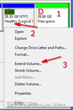 اگر از نرم افزار های پارتیشن بندی مثل partition magic استفاده کنید خیلی خوب هست و خیلی سخت نیست ولی خب خود ویندوز هم این قابلیت رو برای کم کردن حجم یک پارتیشن ( shirink Volume) و اضافه کردن حجم یک پارتیشن (Extended Volume) برای این منظور به RUN رفته و دستور Diskmgmt.msc رو واردکنید سپس روی درایو C راست کلیک کرده و Extended رو بزنید مطابق تصویر زیر:
||http://network.tosinso.com/files/get/4ed8666d-f31f-431f-98de-4cc91c296f05||
ولی همونطور که میبینید Extended غیر فعال هست و فقط گزینه shirink فعال هست و خاموش بودن extended به خاطر اینه که درایو بعدی یعنی D کامل قابل استفاده و Allocated هست و در واقع حجم اضافی و بلا استفاده ای نداره که بده به درایو قبلی اش یعنی C برای اینکه بتونید این کار رو انجام بدید درایو D رو باید به صورت unallocated در بیارید یعنی روی درایو D راست کلیک کنید و Delete رو بزنید تا بتونید گزینه extended رو روی درایو C ببینید که این موضوع باعث از دست رفتن اطلاعات درایو D میشه ، ولی میتونید درایو D رو  shirink کنید و قسمتی از فضای D رو از حجم اصلی D جدا کنید و اونو به C اضافه کنید .در تصویر زیر میبینید که درایو D چون free Space شده Extended فعال شده.
||http://network.tosinso.com/files/get/c32e38ad-c4e7-4ed0-8692-74497f1bde4e||
باز هم تکرار میکنم نرم افزار هایی مثل partition magic یا acronis به خاطر اینکه مخصوص ایت کار ساخته شدند خیلی قوی تر کار میکنند.
موفق باشید.