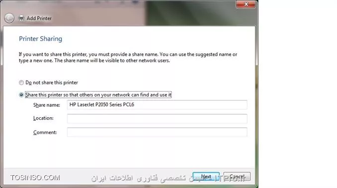 اگه منظورتون اینه که پرینتر IP داشته باشه که نداره ولی IP کامپیوتری که پرینتر روی اون هست رو وارد کردم
||http://network.tosinso.com/files/get/36a83f19-d5e0-454f-a3dd-08cdd73c77ff||
بعد نوع و مدل پرینتر که HPP2055 است رو از روی فایل دانلود شده برای ویندوز 7 که 64 بیتی است رو وارد میکنم و بعد نصب میکنه اما برای چاپ عملی انجام نمیده
||http://network.tosinso.com/files/get/7225b0c4-dcc4-48ba-a524-03a50b09c177||
||http://network.tosinso.com/files/get/c37f4981-0cdb-4686-b55c-06eaa0361a6b||
||http://network.tosinso.com/files/get/c9b8361f-8be4-4376-bd0d-81e229ec24c5||
||http://network.tosinso.com/files/get/f2e9807b-a7c5-4a93-b821-ba7c10c2044c||

ویندوزی که روش پرینتر به اشتراک گذتشته شده XP 32 بیتی ولی ویندوز من windows 7 64 بیتی می باشد احتما داره از به خاطر 32 یا 64 بیتی بودنش باشه