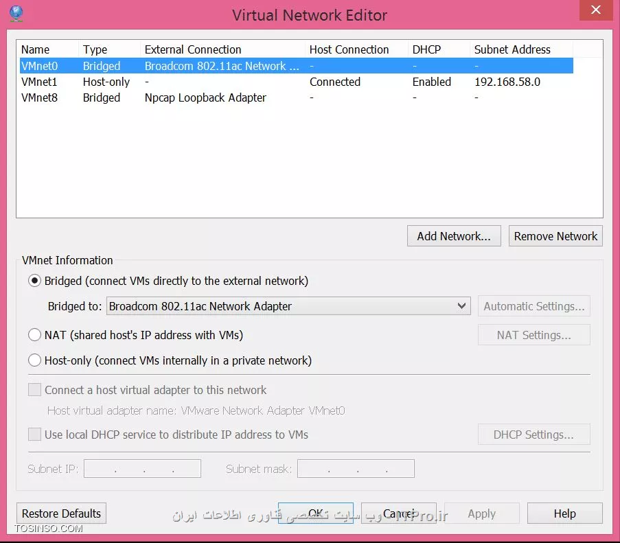 ||https://virtualization.tosinso.com/files/get/c3ee2d13-6749-4013-be92-7dad35d77655||
من تو قسمت bridged to همه موارد موجود رو امتحان کردم ولی مشکل wifi حل نشد.
البته با انتخاب broadcom به صورت wired به اینترنت وصل شدم داخل VMware ولی به صورت wifi نه.
چی کار باید بکنم تا به صورت wifi وصل بشم؟