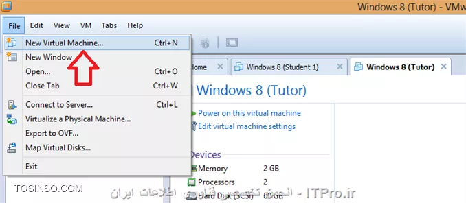 در این آموزش قصد دارم نحوه راه اندازی و استفاده از نرم افزار Net Support School رو بر روی VMware به صورت شماتیک توضیح بدم گرچه این روش در عمل کاربردی نداره ولی یک روش تمرینی خوب برای یاد گرفتن این نرم افزار کاربردی است. قسمت اول این اموزش مربوط به راه اندازی ماشین مجازی هست (اگر اشنایی دارید به بخش دوم مراجعه کنید) و بخش دوم استفاده از نرم افزار Net Support  ، در این مطلب آموزشی بر اساس یک سناریو نصب و راه اندازی VMWare و اتصال آنها به اینترنت و ایجاد یک شبکه داخلی و سپس راه اندازی نرم افزار کاربردی Net Support بر روی 3 ماشین VMWare که یکی از آنها به عنوان دستگاه معلم (Tutor) و 2 دستگاه دیگر به عنوان دانشجو (Student) شبیه سازی میشود.بر طبق این سناریو به ترتیب زیر 3 ماشین VMWare ایجاد میشود.
قدم اول : ایجاد یک ماشین مجازی جدید به ترتیب زیر:
||http://tosinso.com/files/get/c422d8d5-5359-4b5d-90c2-fcb1334963ef||
قدم دوم : یکی از دو حالت Typical یا Custom را انتخاب کرده و Next را میزنیم.
||http://tosinso.com/files/get/823e8f27-f990-4c0b-aecc-6d8c7c62d77e||
قدم سوم : در این مرحله میتوانیم محل فایل ایزوی ویندوز 8 را مشخص کرده و یا ان را به بعد موکول کنیم.
||http://tosinso.com/files/get/e76fa852-0add-402d-bf8f-fbc98eacfa0f||
قدم چهارم : در این مرحله نوع سیستم عامل و ورژن محصول را انتخاب میکنیم.
||http://tosinso.com/files/get/cf51fbad-5deb-4a73-a59a-382aec627b84||
قدم پنجم : نام ماشین مجازی را مشخص میکنیم.
||http://tosinso.com/files/get/3e1aa1aa-a0ca-4a3f-a1b6-4395d6e32c1f||
قدم پنجم : سپس با زدن Customize Hardware میتوانیم تنظیمات سخت افزاری ماشین مجازی را به دلخواه خود انجام دهیم.
||http://tosinso.com/files/get/25545a3a-c7b0-4914-b95c-03aed588ef1b||
قدم ششم : در این مرجله مقدار RAM ماشین مجازی را از طریق اسکرول تعبیه شده در سمت راست تعیین میکنیم
||http://tosinso.com/files/get/da09ec39-1df7-4d9b-aac9-fd883305fda9||
قدم هفتم : سپس تعداد پردازنده ها را مشخص میکنیم.
||http://tosinso.com/files/get/1d0edb30-b02e-40c6-85c2-5574c6e1d227||
قدم هشتم : در این مرحله حالت کارت شبکه خود را تعیین میکنیم. با توجه به شکل زیر 5حالت کارت شبکه مجازی در Vmware در نطر گرفته شده است که با توجه به سناریو NAT میتواند بهترین گزینه باشد.(نیاز به انصال هر ماشین به اینترنت بوده و ماشین ها باید به یکدیگر متصل شده و همدیگر را ببینند.)
||http://tosinso.com/files/get/f8e997b9-4baa-4268-86ad-4f2e0f0222f0||
قدم نهم : سپس مسیر فایل ایزوی سیستم عامل را تعیین میکینم.(در این سناریو هر 3 ماشین VM ویندوز 8.1)
||http://tosinso.com/files/get/87f047ce-6fe4-4f63-b3d0-e83871c302d7||
قدم دهم : سپس ویندوز 8 را نصب میکینم.
||http://tosinso.com/files/get/216fe59a-573e-4caa-ab1b-b3cd65d782ed||
قدم یازدهم : بعد از نصب هر VM میبایست برای هر ماشین VM Tools را هم برای راحتی کار و همچنین انتقال فایل نصب نرم افزار net support به ترتیب زیر نصب میکنیم
||http://tosinso.com/files/get/63d756e9-0dce-49e3-9133-8748cf1b65d6||
 قدم دوازدهم : همانطور که در شکل زیر میبینیم درایو مجازی VM Tools بر روی ماشین مجازی Mount شده و به راحتی کار نصب را انجام میدهیم.
||http://tosinso.com/files/get/e50fa9fe-5369-4f2f-9595-7865d66f7ae8||
قدم سیزدهم : فایل نصب نرم افزار Net Support را از سایت www.netsupportschool.com دانلود کرده و با توجه به نصب VM Tools فایل setup را به راحتی بر روی هر 3 ماشین کپی میکنیم.
||http://tosinso.com/files/get/3a7ac53b-a43d-4d6b-a562-f58857315000||
قدم چهاردهم : سپس بر روی ماشین Tutor فایل setup نرم افزار net support را اجرا کرده و آن را نصب میکنیم. و مراحل زیر را تا نصب کامل نرم افزار طی میکنیم.
||http://tosinso.com/files/get/1649c9b5-40b6-4119-87ab-30d4c5267f1f||
||http://tosinso.com/files/get/458a6a5a-586b-49d4-8109-ecc8097e1ae5||||http://tosinso.com/files/get/96eafb8c-56d5-477e-81ed-88eac296b9d5||
قدم پانزدهم : در این مرحله نوع کاربری net support را مشخص کرده که بر طبق سناریو برای یک ماشین Tutor و برای 2 ماشین student را نصب میکنیم.
||http://tosinso.com/files/get/36d33d42-ebea-40f2-980b-3f4f6ae16b1b||
||http://tosinso.com/files/get/db9bcd32-9c35-4e83-a9dd-cdb9e4ef1133||
قدم شانزدهم : بعد از اتمام نصب net support بر روی 3 ماشین مجازی در صورتی که هر 3 ماشین دسترسی به اینترنت نداشته باشند مراحل زیر را انجام میدهیم. ابتدا از منوی Edit گزینه Virtual Network Editor  را انتخاب کرده.
||http://tosinso.com/files/get/c7dc2761-ebdd-41a8-81d8-69dc5c804b73||
قدم هفدهم : با توجه به سناریوی تعیین شده برای هر 3 ماشین کارت شبکه در حالت NAT قرار داده شده در Virtual Network Editor بر روی VMnet 8 کلیک کرده تا تنطیمات NAT برای ماشین مجازی را انجام دهیم. همینطور که مشخص است کارت شبکه  در حالت NAT که بر روی سیستم عامل کامپیوتر میزبان ایجاد شده دارای محدوده IP : 192.168.113.0 بوده و بنابراین به منطور ایجاد ارتباط بین 3 ماشین مجازی این 3 ماشین هم باید از همین range ای پی اختصاص داده شود. به این منظور باید تیک use local DHCP service to distribute ip address to VMS را زده تا به هر سه ماشین از رنج IP مورد نطر به صورت اتوماتیک داده شود.(با این کار هم دسترسی به اینترنت برای 3 ماشین فراهم شده و هم هر 3 ماشین همدیگر را دیده و میتوانند با یکدیگر ارتباط درون شبکه ای داشته باشند.
||http://tosinso.com/files/get/3424910e-2f2b-4255-866e-2e8218e5e0ae||
بعد از این کار بر روی ماشین Tutor  آی پی های 2 ماشین دیگر را ping کرده تا از داشتن ارتباط اطمینان حاصل کنیم. بدین صورت هر 3 ماشین مجازی آماده برقراری ارتباط از طریق net support را داشته و میتوانیم محیط آموزشی net support را استفاده کنیم.
1- ایجاد یک room مجازی در ماشین Tutor: با اجرای نرم افزار net support پنجره زیر باز شده و استاد باید فیلدهای مربوطه را به ترتیب زیر پر کرده و سپس اتاق مجازی آموزشی را ایجاد کند.
||http://tosinso.com/files/get/20e36747-eb63-4f1c-9b77-ff19a8514c73||
2- بعد از کلیک کردن بر روی دکمه new پنجره زیر باز شده و استاد باید یکی از حالتهای زیر را به عنوان شروع کننده کلاس انتخاب کند. مورد اول Room Mode میباشد که این حالت به شما اجازه میدهد که کامپیوترهای داخل یک کلاس را گروه بندی کرده و دانشجویان میتوانند به این اتاق اموزشی برای شروع کلاس بپیوندند. حالت دوم  PC Mode میباشد که به شما اجازه میدهد که یک تعدادی کامپیوتر را که با هم در یک اتاق در اتصال هستند از طریق کابل را به هم متصل کرده و یک کلاس مجازی آموزشی تشکیل دهید. حالت سوم User Mode میباشد که به شما اجازه میدهد یک تعداد دانشجو را با استفاده از پروفایل های انها به کلاس اضافه کنید. حالت چهارم یک حالت ساده بوده که در ان شما به سادگی میتوانید شبکه موجود را جستجو کرده و همه دانشجویان را به کلاس مورد نظر اضافه کنید.
در این سناریو ما از حالت دوم استفاده میکنیم.
||http://tosinso.com/files/get/6b6cc5f8-5dcb-4fc8-8146-14b1744ccfa2||
3- در این مرحله پنجره Create Class باز شده و در این مرحله باید PC های دانشجویان کلاس را ابتدا جستجو کرده و سپس همه انها رو به کلاس اضافه کنیم.
||http://tosinso.com/files/get/be28d2da-cf20-4773-b06f-c3fdb16da00a||
||http://tosinso.com/files/get/7661349e-a09e-4f09-92e9-af40f2774d9b||
4-دبعد از ایجاد کلاس پنجره اصلی نرم افزار به صورت زیر میباشد و دانشجویان اضافه شده قابل روئیت میباشند.
||http://tosinso.com/files/get/4b4fd644-7999-4cf0-a5d8-3299d62a5923||
5- تب دوم این اجازه را به استاد داده تا نمایی از desktop های دانشجویان حاضر در کلاس را روئیت کرده و به نوعی انها را کنترل کند. علاوه بر ان استاد قادر است با کلیک کردن بر روی هر کدام از پنجره های پیش نمایش دسکتاپ دانشجویان به صورت remote به کامپیوتر دانشجوی مورد نظز دسترسی پیدا کند.
||http://tosinso.com/files/get/ace1446a-e122-460d-9987-f9b463cb2894||
6- در تب سوم که با ایکون های هد ست مشخص شده است استاد قادر است با کلیک بر روی Announce نوعی اطلاع رسانی را به دانشجویان ارسال کند. علاوه بر این استاد قادر بوده که با برداشتن تیک های بلندگو و میکروفون انها را از در کامپیوترهای دانشجویان از کار بیندازد.
||http://tosinso.com/files/get/9f032a1c-4787-4699-b565-85d2642adce8||
||http://tosinso.com/files/get/0379be7c-1a46-4d1c-b867-a36e50371cf6||
7-  در تب بعدی استاد قادر بوده که انواع سوالات را برای کل کلاس یا بخشی از کلاس مطرح کرده و جواب را هم از سوی دانشجویان دریافت کند.
||http://tosinso.com/files/get/c43fd40a-56a3-4579-afa2-0d3c41e151c3||
اولین مدل از سوالات First to answer میباشد که استاد با مطرح کردن یک سوال در کلاس گزینه مورد نظر را کلیک کرده و دانشجویان بر روی کامپیوترشان با پیغام زیر مواجه شده و اولین دانشویی که بر روی answer کلیک کند قادر خواهد بود تا سوال را جواب دهد.
||http://tosinso.com/files/get/95439e52-493b-4c49-9402-0a32e6e1f655||
||http://tosinso.com/files/get/38b943ed-8471-4716-adaf-fb8c6d71ded0||
بعد از پاسخ دادن به سوال بر روی پروفایل دانشجوی مورد نطر به شکا زیر 2 گزینه تیک و ضربدر در اختیار استاد قرار گرفته و صحیح یا نا درست بودن پاسخ دانشجوی مورد نظر را میتواند تعیین کند. 
||http://tosinso.com/files/get/a7d4b650-28eb-4d96-9b8f-c848ea3d257f||
در صورت درست بودن پاسخ دانشجوی مورد نظر یک ستاره به عنوان جایزه دریافت میکند.
||http://tosinso.com/files/get/fe29b122-7d8d-4d88-9c36-c5a5c5ab42fc||
نوع دوم سوال Enter an answer میباشد .
||http://tosinso.com/files/get/f0be3aa6-ecc8-4a26-83aa-4baf570f662d||
در این حالت استاد پاسخ صحیح را در کادر مورد نظر وارد کرده و بعد از مطرح کردن سوال بر روی Go کلیک کرده .
||http://tosinso.com/files/get/fea2b766-7725-41c2-952c-fadb8d7d2639||
همانطور که در شکل زیر نشان داده شده به محض کلیک کردن Go توسط استاد پنجره ای به شکل زیر در PC های دانشجویان ظاهر شده است
||http://tosinso.com/files/get/4e008f76-53c9-4d19-a40e-2e7d0117e3c1||
 و بعد از اتمام زمان تفکر دانشجویان قادر به پاسخگویی خواهند بود.
||http://tosinso.com/files/get/386151ee-a2eb-4cea-b35f-49f6fdb431e1||
بعد از پاسخگویی به سوال دانشجویان به شکل زیر از پاسخ دیگر دانشجویان مطلع میشوند و میتوانند خود را نسبت به کلاس ارزیابی کنند.
||http://tosinso.com/files/get/b9086a56-03ff-4c51-8ccd-47b4fdc36cd7||
همچنین استاد بعد از پاسخگوی دانشجویان به شکل زیر از پاسخ انها مطلع خواهد شد که رنگ قرمز نشان دهنده پاسخ اشتباه و رنگ سبز نشان دهنده دانشجویانی است که پاسخ صحیح را وارد کرده اند.
||http://tosinso.com/files/get/9ea7cab7-6aa7-4e01-9c4e-94cbfab24849||
در تب بعدی استاد قادر خواهد بود تا نوعی محدودیت برای دانشجویان کلاس از لحاظ دسترسی به  وب سایت های مختلف تعیین کندو ستون سمت راست برای وب سایت های ممنوعه بوده که استاد با کلیک بر روی علامت مثبت (سبز رنگ) وب سایت های ممنوعه را تعیین کند و در اینصورت دانشجویان قادر نخواهند بود به وب سایت های مذکور دسترسی پیدا کنند.
||http://tosinso.com/files/get/d8048463-751d-4453-ae99-dcd5a8c7405b||
از ستون چپ نیز استاد قادر بوده تا وب سایت های مورد تایید را اضافه کند و اجازه دسترسی را به دانشجویان داخل کلاس به وب سایت های مذکور بدهد.
||http://tosinso.com/files/get/589718f6-fc60-49b9-9985-800e2d2eb8f8||
علاوه بر این استاد قادر بوده با استفاده از دکمه های پایین صفحه  همه وب سایت ها را بلاک کند.
||http://tosinso.com/files/get/0f56aec7-c81f-4ee3-80c6-c9c1d1f93930||
در تب بعدی استاد قادر خواهد بود نوعی همه پرسی از کلاس انجام داده تا به نتیجه مورد نظر با استفاده از جواب ها برسد.
||http://tosinso.com/files/get/111fb50a-c772-4a68-85c9-6a3786756ebd||
در این تب ابتدا استاد سوال رو مطرح کرده و نوع پاسخ را از نوار کیک کشویی زیر response انتخاب کرده و سپس بر روی send کلیک کرده و ان را برای همه دانشجویان ارسال کند.
||http://tosinso.com/files/get/fe6c9156-519e-43a2-8ef5-b14047da890c||
به محض ارسال سوال پنجره زیر برای همه دانشجویان باز شده و میتوانند به سوال پاسخ دهند.
||http://tosinso.com/files/get/4700ffba-1dec-4e2f-a5f6-e13b72993e86||
بعد از پاسخ دادن همه دانشجویان استاد قادر خواهد بود تا از ستون سمت راست درصدی از پاسخ های تعیین شده را مشاهده کرده و ارزیابی مورد نظر را از سوال خود انجام دهد.
||http://tosinso.com/files/get/3371a176-c0f2-44e0-b907-2437197d2d3f||
تب بعدی دسترسی پرینتر به دانشجویان میباشد که استاد با استفاده از دکمه های پایین پنجره میتواند عملیات پرینت را متوقف و بلاک و یا برای همه دانشجویان آزاد کند.
||http://tosinso.com/files/get/6efcb071-3ec3-4396-858e-73aa8fe0ab01||
در تب بعدی استاد قادر خواهد بود تا فرایند مانیتورینگ فعالیت های دانشجویان را با کلیک بر روی Monitor Activity فعال یا غیر فعال کند و علاوه بر ان از این تب استاد قادر است دانشجویان را بلاک کند. 
||http://tosinso.com/files/get/2b3ac1f5-48b6-4860-8f14-02fe9e29cc53||
در تب بعدی استاد میتواند سطح دسترسی دانشجویان را به CD/DVD و USB تعیین کند.
||http://tosinso.com/files/get/f2d8851f-a280-4c91-b15f-781145d9dd4a||
آخرین تب یکی از پر کاربردترین تب ها بوده که استاد قادر است با ایجاد یک صفحه White Board تدریس را انجام دهد. برای نمایش White board برای همه دانشجویان استاد بر روی Show کلیک کرده که به محض کلیک صفحه White Board بر روی مانیتور دانشجویان ظاهر میشود. در این صفحه ابزارهای زیادی برای تدریس همچون ایجاد متن و استفاده از قلم و خطوط و اشکال مختلف به تدریس بپردازد. علاوه بر ان استاد میتواند رنگ قام و ضخامت ان و همچنین فونت متن ها را تغییر دهد و در نهایت میتواند صفحه کذکور را ذخیره و صفحه جدیدی ایجاد کند.
||http://tosinso.com/files/get/ada000e7-0f9b-43af-9c34-a189be039f81||
یکی از منوهای کاربردی در این نرم افزار استاد میتواند تکالیف مورد نظرش را برای دانشجویان به طریقه زیر ارسال کند.
||http://tosinso.com/files/get/2896704a-8fdd-4dae-9f3b-b79a39014eeb||
بعد از انتخاب Send Work پنجره زیر باز شده و استاد میتواند تکلیف کورد نظر را که در قالب یک فایل text ذخیره کرده است را انتخاب کرده و همچنین تایین کند که فایل مورد نظر در چه مکانی از PC های دانشجویان کپی شود.
||http://tosinso.com/files/get/c0e03536-c30b-4855-bab8-66fbb6028b8f||
 سپس با کلیک بر روس send فایل text بر روی PC دانشجویان کپی میشود .
||http://tosinso.com/files/get/57210fb5-f5ce-4204-8db9-cffb9c23b4b9||
و دانشجویان قادر خواهند بود که فایل مورد نطر را باز کنند و محتویات تکلیف تایین شده از طرف استاد را ببینند.
||http://tosinso.com/files/get/b123fd5a-c981-4f8e-93a2-6f8b19764f49||
از دیگر منوهای کاربردی برای استاد ایکون های Lock , Unlock می باشد که استاد در صورتی که نیاز داشته باشد از دیدن صفحه نمایش خود برای دانشجویان جلوگیری کند بر روی Lock کلید کند.
||http://tosinso.com/files/get/7cd4174b-5e72-4557-8829-a89cd38b499d||
به محض کلیک استاد بر روی Lock صفحه نمایش PC های دانشجویان به وضع زیر خواهد درامد.
||http://tosinso.com/files/get/824e86cf-bae2-4893-b83f-98eee194ff4d||
از منوی show استادی میتواند صفحه نمایش خود را به حالتهای مختلف برای دانشجویان برای انجام تدریس در بیاورد.
||http://tosinso.com/files/get/dab9a896-a5ad-43d2-ab1c-3dfaa806d6c6||
نحوه حضور و غیاب با استفاده از نرم افزار Net Support به شکل زیر بوده و استاد با کلیک بر روی منوی Student register انها را در کلاس ثبت نام کند. 
||http://tosinso.com/files/get/3c183ee7-76e8-4582-b18d-21d93a276350||
به محض کلیک استاد بر روی register پنجره ای به شکل زیر بر روی صفحه نمایش دانشجویان ظاهر شده که دانشجویان موظف به پر کردن فیلدهای خالی بوده و ان را تایید کنند.
||http://tosinso.com/files/get/9ada9676-2aec-4af3-a76a-2d1cd9668e05||
بعد از انجام حضور و غیاب استاد میتواند یک گزارش از ان را در قالب یک فایل با پسوند .csv ذخیره کند.
||http://tosinso.com/files/get/360717e1-6f4f-4c6f-b18d-85197b6afa0f||
همچنین استاد میتواند با کلیک بر روی registration report کلیک کند.
||http://tosinso.com/files/get/773a472f-124e-4362-b5ee-6a18a228ae53||
به محض کلیک بر روی registration report میتواند گزارشی از دانشجویان حاظر در کلاس و فعالیت های انها مشاهده کند.
||http://tosinso.com/files/get/c499c1b6-048b-4abb-a841-0fa9fb9c26cf||
از دیگر قابلیت های این نرم افزار chat , ارسال پیغام خصوصی از طرف استاد به دانشجویان میباشد.
||http://tosinso.com/files/get/e14a8f27-cb16-4a9f-aa1a-b020b050abd5||
در شکل زیر نمونه ای از محیط chat باز شده توسط استاد با یک دانشجو میباشد.
||http://tosinso.com/files/get/d3ee9b19-2dcb-45cf-add0-d4c87dba65cc||
در پایان استاد میتواند کلاس را به طرز زیر به پایان برساند.
||http://tosinso.com/files/get/13c9666a-fb77-4b8b-bddd-d6aedc050515||


نویسنده : رضا حاج فرج 
منبع : |جزیره مجازی سازی وب سایت توسینسو::https://tosinso.com/virtualization|
هر گونه کپی برداری بدون ذکر منبع غیر اخلاقی است. 
