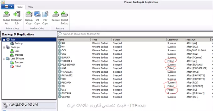 سلام به همه
یه  veam backup 7 داریم ، مشکل اینه که 4 تا از ماشین های مجازیم موقع بک آپ گیری Failed میزنه.


||http://tosinso.com/files/get/c428bac0-d631-404d-b8ac-313552ccab54||

اینم پیغام error که می نویسه :

6/13/2015 11:13:29 PM :: Processing 'MAIL' Error: Client error: File does not exist or locked. VMFS path: [[SAN] MAIL/MAIL.vmx].
Please, try to download specified file using connection to the ESX server where the VM registered.
Failed to create NFC download stream. NFC path: [nfc://conn:192.168.100.6,nfchost:host-45,stg:datastore-29@MAIL/MAIL.vmx].


اون آی پی 192.168.100.6 مال Vcenter

ممنون می شم زودتر راهنماییم کنین ، دقیقا سرورهایی این مشکل رو دارن که خیلی هم مهمن و باهاشون زیاد کار میشه