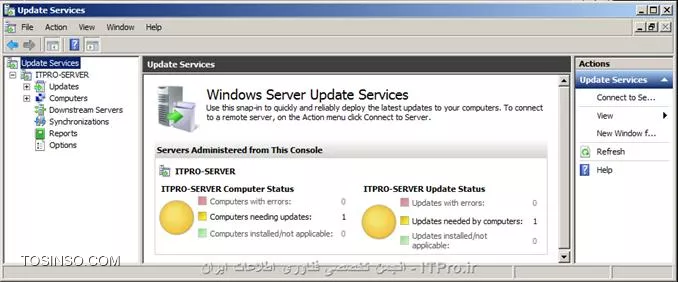 در قسمت اول  مقاله به تعاریف مرتبط با  سرویس WSUS و راه اندازی آن از طریق ویزارد اشاره کردیم . حال در این قسمت به سراغ بررسی کنسول مدیریتی و  توضیح آپشنهای کنسول WSUS می رویم .با استفاده از مسیر زیر میتوان وارد کنسول WSUS شد :
<c#>
Start => Administrative tools => Windows Server Update Services
<c#>
در تصویر زیر فضای کنسول مدیریتی WSUS نمایش داده شده است که در ادامه به توضیح Component های آن خواهیم پرداخت.

||http://network.tosinso.com/files/get/c46b1a16-3a51-4638-8dc3-798ac71a94f3||

*Server Name:* می توان چندین WSUS سرور را در کنسول مدیریتی اضافه کرد، با اضافه کردن هر سرور نام آن در پنل سمت چپ کنسول مدیریتی WSUS نمایش داده می شود.برای افزودن WSUS سرور به کنسول مدیریتی تنها کافیست روی گره ی Update Services  در پنل سمت چپ کنسول راست کلیک کرده و گزینه Connect to the server را انتخاب و در صفحه ی باز شده نام سرور مورد نظر و پورت مربوط به آن را وارد کنیم . با کلیک روی نام سرور (در اینجا ITPro-Server) در پنل وسط  صفحه  وضعیت مربوط به سرور در سه بخش مجزا نمایش داده می شود:

* *To Do:*  اطلاعاتی در مورد بخشهایی که WSUS سرور باید فورا در رابطه با آنها اقدام کند در اختیارکاربر سرور قرار می دهد.
* *Overview : *این بخش مروری دارد بر وضعیت کامپیوتر ها، آپدیت ها و نیز هماهنگ سازی آپدیت ها . همچنین آمار اطلاعات WSUS سرور را مشخص می کند .
* *Resources :* در این بخش لینک هایی برای کسب اطلاعات بیشتر پیرامون WSUS سرور در نظر گرفته شده است .

||http://network.tosinso.com/files/get/8c135b80-1b8d-428a-bad2-82777e4e8a12||

زیر نام سرور در کنسول تمامی Component های مربوط به مدیریت آن با ساختار درختی لیست شده اند. بنابراین این اجزا تحت مدیریت سرور یاد شده می باشند . در اینجا به معرفی این بخش ها می پردازیم :
*Updates:* این گره  در بردارنده لیست تمامی آپدیتهای روی سرور است که از سایت مایکروسافت دریافت کرده ایم  و نیزبا کلیک روی  گره ی Updates می توان گزارشهای مربوط به وضعیت نصب انواع آپدیت ها را بر حسب نوع آنها در پنل وسط کنسول مشاهده کرد. در زیر گره Update  ،آپدیتها برحسب نوعی که  برای آنها  در تنظیمات در نظر گرفتیم  (در اینجا  Critical و Security) و نیز آپدیت های خود سرویس WSUS تقسیم بندی شده اند.

||http://network.tosinso.com/files/get/1b19915b-cb6a-4655-894f-843386e9f5a6||

*Computers: * این بخش شامل All Computers و زیر گره ی  Unassigned Computers می باشد که به صورت پیش فرض کامپیوتر های موجود در شبکه که برای دریافت آپدیت ها عضو WSUS می شوند در قسمت Unassigned Computers قرار می گیرند .برای سهولت در مدیریت آنها می توانیم در اینجا گروه هایی را ایجاد کرده و کامپیوتر های عضو شده را به آنها منتقل کنیم . در قسمت All computers  تمامی کامپیوترهایی که عضو WSUS سرور هستند نمایش داده شده است با کلیک روی هر کدام از این کامپیوتر ها ، اطلاعات مربوط به آن کامپیوتر و وضعیت مربوط به آپدیت های آن در بخش پایین پنل میانی صفحه نمایان خواهد شد.

||http://network.tosinso.com/files/get/a2814594-d902-4046-8870-a3e768fe174a||

*Downstream Servers:*  اگر WSUS سرور های دیگری در شبکه وجود داشته باشند که این سرور Upstream  سرور آنها می باشد ، خلاصه ای از اطلاعات اینDownstream سرور ها در این قسمت نمایش داده می شود .
*Synchronizations:*  این قسمت در بردارنده تاریخچه ی آپدیت های Sync شده می باشد. بعبارت دیگر هر بار که WSUS  سرور آپدیت های خود را با یک Upstream Server   و یا با سایت مایکروسافت Sync  کند ، گزارش مربوط به این بهنگام سازی با شرح جزئیات در این بخش قابل مشاهده است. این بخش   یک نقطه مرکزی برای مدیریت هماهنگ سازی آپدیت ها  محسوب می شو د . برای هر بار انجام عمل Synchronization   تنها کافیست بر روی گزینه Synchronize Now  کلیک کنیم .

||http://network.tosinso.com/files/get/522c44ea-0b64-4821-a143-6c07bc810de0||

*Reports: *این قسمت محل مرکزی برای ایجاد و ذخیره گزارشهای گرفته شده توسط WSUS سرور از وضعیت آپدیت ها و کامپیوترها و نیز عمل Synchronization آپدیتها  می باشد .کاربرد Report viewer  که همزمان با نصب رول  WSUS ، آن را نصب کردیم برای این بخش است. اگر روی هر کدام از بخش های موجود در پنل میانی صفحه کلیک کنیم صفحه ای نمایان خواهد شد که با انتخاب گزینه Run Report در آن ، سرور شروع به گرفتن گزارش مربوط به آن بخش خواهد کرد.

||http://network.tosinso.com/files/get/b81409a0-e556-4299-a4b0-37488a250e1f||

*Options:* در بخش آپشن WSUS کنسول مدیریت تمامی تنظیماتی که از طریق ویزارد WSUS انجام شد ، وجود دارد . باید خاطر نشان کرد که تنظیمات WSUS  را همانند دیگر سرویسها ،می توان هم از طریق کنسول وهم از طریق ویزارد انجام داد که در این سری مقالات ما به توضیح هر دو روش پرداخته ایم . اگر نصب از طریق ویزارد انجام شده باشد می توان تغییرات مورد نظردر تنظیمات انجام شده را بعدا ، از طریق کنسول مدیریتی اعمال کرد. با کلیک روی گره Options تمامی قابلیت ها در پنل وسط کنسول مشاهده خواهند شد.

||http://network.tosinso.com/files/get/0d207c9f-9122-4694-954c-2bcfd3451ba2||

 در اینجا به توضیح و بررسی تک تک آپشن های کنسول می پردازیم:

!!!! Update Source and Proxy Server
در تب* Update source*   تعیین می کنیم که WSUS سرور آپدیت ها را از سایت مایکروسافت دریافت کند و یا از یک Upstream Server  که باید نام و پورت آن را در این بخش وارد کنیم .در اینجا ما گزینه Synchronize from Microsoft Update را انتخاب می کنیم . 

||http://network.tosinso.com/files/get/9971ae64-a70e-4a2e-ba20-72c2889e2ea5||

  اگر از یک Proxy Server  برای ارتباط با سایت مایکروسافت و یا  با یک UPstream Server برای Sync کردن آپدیت ها در شبکه استفاده می کنیم ،باید نام و پورت آن را در تب *Proxy Server*   مشخص کنیم .این آپشن بصورت پیش فرض غیر فعال است و در این حالت WSUS سرور مستقیما با سایت مایکروسافت یا Upstream Server ارتباط برقرار خواهد کرد.

||http://network.tosinso.com/files/get/5b7605b0-3419-4d26-83bc-1b4500e46a67||

!!!! Products and Classifications
در تب* Products* محصولی را که می خواهیم آپدیت های آن را دریافت کنیم و این آپدیت ها با سایت مایکروسافت Sync  شوند را انتخاب می کنیم . یادآور می شویم که اگر تنها محصولاتی را که در سازمان از آنها استفاده می شود، در این بخش برای دریافت آپدیت ها در نظر بگیریم ،  این شرایط باعث می شود که سرعت دریافت آپدیت ها بالا رفته و  فضای کمتری از حافظه  را به خود اختصاص دهند. با توجه به سناریو در این قسمت ما ویندوز 7 و ویندوز سرور 2008 R2 را برای دریافت آپدیت آنها انتخاب می کنیم .

||http://network.tosinso.com/files/get/cccc7603-3dbc-4c59-95c3-18825a3fb46f||

در تب *Classifications * نوع و طبقه بندی آپدیت مورد نظر را تعیین می کنیم در ابتدای مقاله ی قبل در رابطه با انواع آپدیت ها صحبت کردیم حال با توجه به دانسته های خود در رابطه با انواع آپدیت ها ، نوع آپدیت مورد نظر را بر حسب نیازمان انتخاب می کنیم . ما همان تنظیمات پیش فرض را در نظر می گیریم . 

||http://network.tosinso.com/files/get/5dba8064-ae31-42f1-b597-a2c43be27320||

!!!! Update Files and Languages
در تب *Update Files*  با انتخاب گزینه Store Update files locally on this server  می توانیم تعیین کنیم که فایل آپدیت های دریافتی در همین سرور ذخیره شوند .در چنین شرایطی با انتخاب کردن گزینه Download Update files to this server only when updates are approved  مشخص می کنیم که ابتدا لیست آپدیت ها برای ما نمایش داده شود تا پس از تایید آن عمل دانلود صورت گیرد . همچنین با برگزیدن گزینه Download express installation files   مجموعه ای از فایل آپدیت ها دانلود خواهند شد که  موجب افزایش سرعت دریافت آپدیت ها  و نصب آنها روی کامپیوترهای شبکه  می شود اما این فایل هاحجم بالایی داشته  و  سرور زمان زیادی برای دانلود آنها صرف خواهد کرد .

||http://network.tosinso.com/files/get/67ee89f9-1707-40a5-92a4-8ade73289f18||

در تب * Update Languages*  هم همانطور که در تنظیمات ویزارد ذکر کردیم می توان آپدیت ها را برای همه ی زبانها دانلود کرد و یا اینکه تنها زبانی را برگزید که برای ما کاربرد دارد. 
 
||http://network.tosinso.com/files/get/428906dd-d852-4f8f-b359-19099bcd3fdd||

*Synchronization Schedule :* می توانیم تعیین کنیم که سرور عمل Sync کردن آپدیت ها را بصورت Manual انجام دهد و یا  اینکه بصورت اتوماتیک در طی وهله زمانی مشخص شده آپدیت ها را بهنگام  و همسان سازی  کند .

||http://network.tosinso.com/files/get/bd3cccad-bd41-4101-be89-62d4ab30a93a||

!!!! Automatic Approval
در تب *Update rules * می توانیم برای تایید شدن آپدیت ها یک سری قاعده در نظر بگیریم بعنوان مثال برای WSUS سرور تعیین کنیم که در صورت دریافت آپدیت های مربوط به ویندوز 7، آنها را بدون دریافت تاییدیه و بصورت خودکار Approve کند . برای ایجاد یک Rule  تنها کافیست بر روی New Rule کلیک کنیم تا صفحه مربوط به انجام تنظیمات Rule باز شود (پنجره Add Rule) لذا می توانیم نوع و نام Rule مورد نظر را ایجاد کنیم .

||http://network.tosinso.com/files/get/cbf1bcaf-6de5-4a9f-a91b-29a9f7b3da53||

در پنجره Rule Properties با انتخاب گزینه ای که در آن نوع آپدیت ذکر شده ، نوع آپدیت را برای Rule تعیین می کنیم .با کلیک روی All Computers نیز لیست Computer Group هایی که ایجاد کردیم نمایش داده می شود که از میان آنها گروه مورد نظر را انتخاب می کنیم تا Rule ایجاد شده به آن گروه اعمال شود.

||http://network.tosinso.com/files/get/c1543e1b-c98e-4d77-a9d6-74fff30e8f5a||

در تب *Advanced * گزینه ای برای Approve کردن آپدیت های خود سرویس WSUS موجود است . علاوه براین هر آپدیتی ممکن است اصلاح و بروز رسانی شود در اینجا می توانیم تعیین کنیم که به محض دریافت Revision  مربوط  به یک آپدیت آن را به صورت خودکار نصب کرده و یا از نصب آن صرف نظر کنیم . 

||http://network.tosinso.com/files/get/efb9f8f7-1647-4ca4-b4bc-2fbd00dd5a44||

*Computers:* در این قسمت برای کامپیوتر هایی که عضو WSUS سرور شده اند می توانیم مشخص کنیم که تنظیمات مورد نیاز را از WSUS سرور و یا از گروپ پالسی و یا تنظیمات رجیستری که برای آنها انجام می شود ، دریافت کنند. بنابراین  با انتخاب گزینه Use the update services console  قادر خواهیم بود  کامپیوتر هایی را که بصورت پیش فرض درون Unassigned Computers  قرار گرفته اند را به صورت دستی به  گروههای دیگری که ساخته ایم، منتقل کنیم . برگزیدن گزینه Use group policy or registry settings on computers  موجب می شود که کامپیوتر ها بصورت اتوماتیک به گروهی که در تنظیمات GPO  در نظر گرفته ایم انتقال یابند. باید توجه داشت که در ابتدای کار  گزینه مربوط به تنظیمات گروپ پالسی را انتخاب کنیم چرا که انجام تنظیمات مربوط به گروپ پالسی است که  باعث می شود کامپیوتر ها WSUS سرور را شناخته و عضو آن شوند. به علاوه تنظیمات مربوط به دریافت آپدیت ها توسط کلاینت ها در گروپ پالسی صورت می گیرد. 

||http://network.tosinso.com/files/get/62c59613-9a03-45cd-a5cc-c00165f84e4b||

*Server Cleanup Wizard:* در این آپشن گزینه هایی موجود است که با انتخاب کردن آنها برای سرور WSUS تعیین می کنیم آپدیت هایی را که  منقضی شده  و کامپیوترهایی را که در شبکه غیر فعال شده اند از سرور حذف کند.

||http://network.tosinso.com/files/get/1ea5501f-0dc2-4688-825e-7ecba6c15eba||

*Reporting Rollup: *به کمک این آپشن می توانیم نحوه ی گزارش گیری WSUS  سرور را مشخص کنیم . اگر در شبکه ما Replica downstream  سرور هایی موجود باشد به کمک گزینه های موجود در این بخش برای WSUS سرور  تعیین می کنیم که گزارشهای مربوط به Replica downstream  سرورها را دریافت کند یا خیر .

||http://network.tosinso.com/files/get/e71a357f-c8af-46bd-921b-b9002bc43e83|| 

*E-Mail Notifications :*  در صورت وجود E-mail Server  در شبکه در تب *General*  می توانیم برای سرور مشخص کنیم که پس از Sync کردن هر آپدیت جدید ، برای کابران ایمیل بفرستد  . همچنین می شود تعیین کرد که گزارش وضعیت آپدیت ها به صورت روزانه یا هفتگی برای کاربران ارسال شود. در تب *E-Mail Server* نیز اطلاعات ایمیل سرور را وارد می کنیم .

||http://network.tosinso.com/files/get/a5d57cb9-9beb-4a78-ae98-6a930f679f61||

*Microsoft Update Improvement Program:* این آپشن کمک می کند تا سرور اطلاعات مبنی بر وضعیت آپدیت ها و کامپیوتر ها و نیز مشکلات بوجود آمده  را برای سایت مایکروسافت ارسال کند. بررسی این اطلاعات به متخصصان مایکروسافت کمک خواهد کرد تا راهکارهایی برای بهبود کارایی  و افزایش قابلیت WSUS سرور ارئه دهند.

||http://network.tosinso.com/files/get/804390c9-2d58-48e0-81e8-2e63ce2e1a0e||

!!!! Personalization
 این قسمت مرتبط با شخصی سازی اطلاعات نمایش داده شده توسط WSUS سرور  است در واقع در این آپشن می توانیم مشخص کنیم  اطلاعات WSUS سرور به چه صورت در کنسول مدیریتی قابل مشاهده باشند. در صورتیکه چند Replica downstream server در شبکه داشته باشیم  در تب *General* می توانیم تعیین کنیم که WSUS سرور ما اطلاعات مربوط به وضعیت آنها و کامپیوتر ها یشان را نیز نمایش دهد و یا اینکه تنها وضعیت  همین سرور و کامپیوتر های عضو آن را نشان دهد .

||http://network.tosinso.com/files/get/bc0e87b1-25c7-4c42-9f14-675ee303da3d||

در تب *To Do List* نیز می توانیم بخشهایی را که می خواهیم وضعیت مربوط به آنها در لیست To Do سرور نمایش داده شوند را انتخاب کنیم .

||http://network.tosinso.com/files/get/1ad62d4f-a712-4764-85d9-7f66f62e0416||

!!!! WSUS Server Configuration Wizard
این بخش در واقع همان ویزارد اولیه نصب WSUS می باشد . همانگونه که بیان کردیم این ویزارد در بردارنده  مجموعه ای از آپشن هاست که در بالا بصورت مجزا به توضیح آنها پرداختیم باید در نظر داشت که استفاده از این آپشن ها در کنسول مدیریتی قابلیت ها یی با جزئیات بیشتر را نسبت به ویزارد اولیه در اختیار ما قرار می دهد.پس از بررسی کنسول مدیریتی در این مقاله ، در قسمت بعد به شرح عضویت کلاینت ها در WSUS سرور و چگونگی Approve  و  نصب آپدیت ها توسط سروریس WSUS در شبکه خواهیم پرداخت . 

نویسنده: مریم حیات رمضانی
منبع : |جزیره سرویس های شبکه مایکروسافت وب سایت توسینسو::https://tosinso.com/microsoft|
هرگونه نشر و کپی برداری بدون ذکر منبع دارای اشکال اخلاقی می باشد 