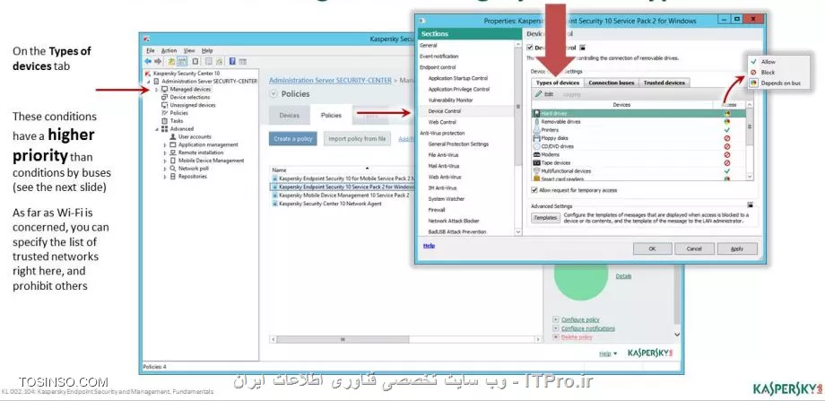 !! گزارشات مسدودی های کسپرسکی سرور 
گفتیم که کسپرسکی سرور در بخش رخدادهایی که درباره Application startup prohibited جمع آوری می کند یک گزارش از رویکرد و فرایندهای فعالیت هایی که به صورت بلاک بر روی برنامه های اجرایی کلاینت ها اعمال می شود ایجاد می کند . 

!! انواع مدل های انکار 
هنگامی که از مد White list صحبت می کنیم ( در درس های قبلی مفصلاً توضیح داده شد ) هر چیزی که ممنوع نیست و در واقع رولی است برای برنامه های معتبر و شناخته شده ، هنگامی که یک پالیسی در کسپرسکی سرور  10 شروع به کار می کند تا تغییرات را به روی کلاینت ها اعمال کند از ترمینالی به نام ( POS )  Point - of - Sale استفاده می کند ، در اینجا هنگامی که تنها برنامه هایی خاص اجازه اجرا شدن را دارند و آنهایی که نامشخص هستند باید ممنوعه بمانند . 

- کاربرد Deny mode

- بالا بردن ظرفیت قابل توجهی از امنیت 

- بالا بردن پایداری با توجه به محدودیت در عملکرد های طبیعی بخصوص در محیط های آموزشی 

||https://tosinso.com/files/get/6383ef6e-043a-4f3a-90cc-61f78b027659||

- Device Control 

منظور از واژه Device Control به تمامی درایو هایی گفته می شود که به صورت سخت افزاری و از طریق درگاهی به نام  باس  کار می کنند . این بخش زمانی اهمیت پیدا می کند که مدیر شبکه بخواهد دستگاهی را مسدود کند مثلاً فلش مموری های USB ، در کسپرسکی سرور تمامی سخت افزار های زیر پشتیبانی می شوند :

- Hard drives 

- Removable drives

- Floppy disks 

و در دسته بندی جزیی تر 

- پرینتر ها 

- CD/DVD درایو ها 

- مودم ها 

- دستگاه های TAPE ( تِیپ دستگاه های قدیمی جمع آوری اطلاعات در شبکه ها بود )

- Wi-Fi 

- انواع USB 

- کارت های هوشمند 

- دوربین و اسکنر 

- دستگاه های پرتابل 

- بلوتوث 

||آموزش تصویری کسپرسکی سرور 10 به پارسی ( کامل ) ::https://tosinso.com/files/get/ff9c30da-f6d3-4b7b-b67a-51a0e0089145||


نکته : نمی توان کیبورد و موس USB را مسدود کرد برای مسدود سازی فلش مموری ها از امکانی به نام Bad USB Attack استفاده می شود 

برای فلش مموری ها و هارد دیسک ها و فلاپی دیسک و CD/DVD می توانیم :

- بر اساس حق Write و Read-Only آنها را تنظیم کرد 

- بر اساس حساب کاربری که پیش فرض برای گروه Everyone می توان پالیسی را اعمال کرد 

- بر اساس Operation types و Access schedule می توانیم زمانبندی برای دسترسی های نوشتن و خواندن روی دستگاه ها را اعمال کنیم 

||https://tosinso.com/files/get/bbef86c6-bb6d-498a-908d-de4200a7925f||

||https://tosinso.com/files/get/c4c8ff13-fb92-4e69-b43c-acc42eeb02ec||

نویسنده : سید احمد توسلی
منبع : |جزیره امنیت اطلاعات و ارتباطات وب سایت توسینسو::https://tosinso.com/security|
هرگونه نشر و کپی برداری بدون ذکر منبع و نام نویسنده دارای اشکال اخلاقی است