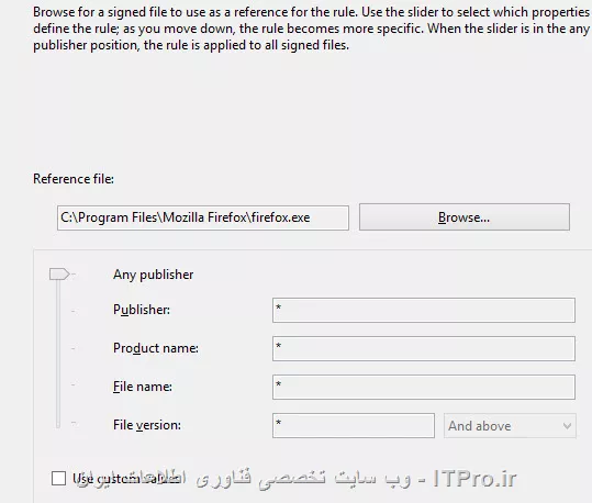 یه مثال در زیر میارم، امیدوارم بتونم مفهوم کلی رو برسونم.
فرض کنید میخایم برنامه Firefox رو فارق از این که نسخه چند باشه، یا چه اسمی داشته باشه، و نام اون به هنگام اجرا در لیست پردازش های CPU چی باشه، و شرکت سازنده اش هر شرکتی باشه با AppLocker قفل کنیم. در نتیجه کانفیگ به شکل زیر میشه:
<center>
||http://network.tosinso.com/files/get/c4fc951e-b0ce-4c9c-baf4-7a431086a1b6||
<center>
حالا توی مثال بعدی میخایم بگیم اگر برنامه توسط شرکت Mozilla Corporation ساخته باشه قفلش کن و اجازه دسترسی نده، اما اگر توسط بقیه شرکت ها ساخته شده باشه ایرادی نداره و یوزر بتونه اون رو اجرا کنه. در نتیجه تنظیمات به شکل زیر خواهد شد
<center>
||http://network.tosinso.com/files/get/6d42b625-7547-40be-a2fb-b16f6ad6f6f9||
<center>
در مثال بعدی میخایم بگیم فایرفاکس رو تنها زمانی قفل کن که شرکت سازنده اش حتما Mozilla باشه، نام برنامه هم حتما Firefox باشه، اسم پردازش هم Firefox.exe باشه، و نسخه اون هم حتما 46.0.0.0 باشه، که اون وقت دسترسی به شکل زیر خواهد شد. یعنی اگر حتی یکی از چیزایی که گفته شد با مواردی که تعیین می کنیم فرق داشته باشه برنامه اجرا نخواهد شد
<center>
||http://network.tosinso.com/files/get/6d42b625-7547-40be-a2fb-b16f6ad6f6f9||
<center>
یعنی باید تمام چیزایی که گفتیم دقیق مثل زیر باشه تا مسدود بشه، وگرنه اگر مثلا نسخه یکی دوتا بالا پایین باشه باز اجرا خواهد شد
