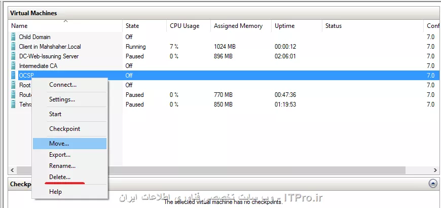 اول چک ببین VM کجا ذخیره شده؟
||http://network.tosinso.com/files/get/0d32ee98-4d2a-4ac2-81af-bd53b0c14a97||
بعد اونو از کنسول Hyper-V پاک کن 
||http://network.tosinso.com/files/get/c5727b81-15c6-45f5-8cb7-0179479d0396||
بعد هم از خود سیستم
||http://network.tosinso.com/files/get/e59d1696-907a-46c4-9587-7fadb7645a12||