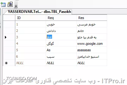 سلام من بدنبال نوشتن یه تابعی هستم که مقدار اولیه رو دریافت کنه و مقدار دوم رو توی خروجی خودش نمایش بده

||https://tosinso.com/files/get/c5be0d9a-854a-4dcd-a197-305e1374a5ff||

هدف من اینه که چون از ترد ها استفاده می کنم نمیشه اینو توی ترد نوشت برنامه بعد چند بار پاسخ نمیده
به زبان ساده تر توی دیتابیس یه مقداری داریم ب اسم req این عبارتیه که کاربر وارد میکنه و مقداری که برنامه باید نمایش بده معادلش در Res هست
بوسیله تابع چطوری میشه نوشت
مثلا اگه تابهع اسم gettext باشه اینطوری بشه
messagebox (gettext(text1.text));
اگه داخل متن یک خوبی بود مثلا خوبم مرسی رو نمایش بده
تا اینجا رو نوشتم ولی ما بقیش و بلد نیستم
<c#>
  public string Search(string StrREQ)
        {
            string pasokh;
            SqlCommand cm = new SqlCommand();
            SqlConnection cn = new SqlConnection();
            SqlDataReader dr;

            string constring = @Data Source =.; Initial Catalog = TelgramBot; Integrated Security = True;
            string sql = select * from TBL_Pasokh where Req = ' + StrREQ + ';
            cn = new SqlConnection(constring);
            cn.Open();
            cm = new SqlCommand(sql, cn);
            dr = cm.ExecuteReader();
            dr.Read();


            if (dr.HasRows)
            {
                pasokh = dr.GetValue(2).ToString();
               
            }
<c#>