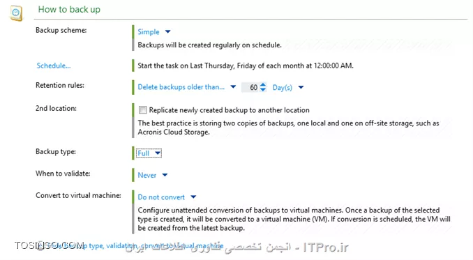 در این قسمت توضیح می دهیم چگونه از متد Single-pass backup استفاده کنیم تا در مواقع اضطراری بتوان داده ها یا کل سرور Active Directory را ریکاوری کرد.single-pass backup چیست؟ single-pass backup یا application-aware backup  یک نوع Disk-Level Backup هستش که شامل اطلاعات metadata سرویس AD می باشد. که اطلاعات مربوط به Active Directory را بوسیله سرویس VSS مایکروسافت Backup گیری می کند. بوسیله single-pass backup شما می توانید اطلاعات مربوط به AD  را ریستور کنید بدون نیاز به ریکاوری کردن کل سرور AD.

* نکته: Single-pass backup برای ماشین های که SQL Server, SharePoint Server and Active Directory را اجرا می کنند مورد استفاده قرار می گیرد.
* نکته: Single-pass backup برای Exchange Server استفاده نمی شود.
* نکته: برای استفاده از Single-pass backup شما باید Agent for Active Directory را بر روی سرور Active Directory نصب کنید.

!! Install Agent for Active Directory 
--
Agent for Active Directory می تواند بر روی OSهای زیر نصب شود:
||http://tosinso.com/files/get/c62bc273-8485-43d1-b888-9e8cd645950b||
نکته: اگر قبلا Agent for Windows را بر روی AD نصب کرده باشید. با نصب Agent for Active Directory این Agent بصورت Add-On به Agent for Windows اضافه خواهد شد.
نکته: Agent for Active Directory را نمی توان بصورت remote نصب کرد.
برای نصب Agent for Active Directory ستاپ Acronis را بر روی AD اجرا کنید و در پنجره زیر:
||http://tosinso.com/files/get/ea981b4d-f97a-41a3-82c8-3c802777cad7||
گذینه بالا را انتخاب کنید. و تا اخر Wizard را پیش برید و این agent را نصب کنید.

!! Active Directory Backup
--
بعد از انجام تنظیمات بالا نوبت به Backup گیری از AD می رسد. برای اینکار یک Backup Task ایجاد می کنیم.
در قسمت What to Backup پارتیشنهای که داده های Active Directory را نگه داری می کند را انتخاب می کنیم. 
اگر می خواهید Active Directory را در مواقعی که کلا از بین رفته Recovery کنید کل Volume ها یا کل دیسک را انتخاب کنید.
||http://tosinso.com/files/get/b4373db3-5c15-4f89-babd-5e600e4ec51d||
در قسمت بعدی باید محل ذخیره سازی فایلهای Backup را مشخص کنیم. همچنین باید Single-pass backup را فعال کنیم.
||http://tosinso.com/files/get/d0854a9c-6fd7-4c55-80f3-38f3ddac5441||
و زمانبندی Backup گیری را بصورت زیر تنظیم می کنم:
||http://tosinso.com/files/get/1be5b18e-476c-43e7-a956-c37157dd9ad1||
اگر آموزشهای قبلی را دنبال کرده اید تنظیمات بالا نیازی به توضیح نداره.
||http://tosinso.com/files/get/c66df829-6d7e-4f88-a627-80196561d0b7||
در قسمت Plan Parameters شما باید مطمئن شوید تنظیمات VSS بصورت زیر ست شده باشد:
||http://tosinso.com/files/get/b7617346-6f49-429a-baa5-e70368f7e344||
همچنین باید یک Credentialsی انتخاب کنید که عضو گروه Local Administrators سرور Active Directory باشد. که بصورت پیش فرض  قسمت  Plan's Credentials بر روی Acronis Services ست شده که از Credentials کاربری که Acronis Services را اجرا کرده استفاده می کند. این Credentials برای اجرای این Task استفاده میشه.
||http://tosinso.com/files/get/5d9c031f-311f-495b-b553-addcb22bd160||
بعد از انجام تنظیمات بالا OK کنید.
بعد از گذشتن زمانی که تعیین کرده اید Backup Task اجرا می شود.

!! Active Directory Recovery
--
ما به دو روش می توانیم AD را ریکاوری کنیم. در مرحله اول باید مشخص کرد که آیا کل سرور AD صدمه دیده یا اطلاعات آن؟؟؟؟
فرضا کل AD صدمه دیده و نمی تواند Boot کند که باز هم ریکاوری کردن AD بستگی به آن دارد که در ساختار غیر از این DC، DCهای دیگری وجود دارد یا نه؟؟؟
مثلا اگر یکی از DCها به کل نابود شد می توان با استفاده از متد |Restoring a Domain Controller Through Reinstallation::https://technet.microsoft.com/en-us/library/cc816620(v=ws.10).aspx| استفاده کنید و DC معیوب را به مدار برگردونید.
ولی اگر یک DC در ساختار دارید به راحتی می توانید بوسیله Bootable Media آنرا بوت کنید و Backup را ریستور کنید. (در آموزش های قبلی این روش را آموزش دادم)
||http://tosinso.com/files/get/f9a74a87-4a14-4c4e-a5bd-dbd37491eccc||
||http://tosinso.com/files/get/84cb3a77-1490-457c-a4f3-fb243b54c764||
||http://tosinso.com/files/get/3977222e-69f3-43db-bdd3-e70e76d810f0||
ولی اگر داده های خود Active Directory صدمه دیده باشد مثلا پوشه SYSVOL یا دیتابیس آن خراب شده است. باز هم ریکاوری کردن AD بستگی به این داره که در دومین چند DC وجود دارد؟؟؟ 
اگر بیش از یک DC در دومین وجود داشته باشد به دو روش می توانید AD را ریکاور کنید:
<ltr>
# Re-promoting the domain controller
# Single-pass backup
<ltr>
شما خیلی راحت می توانید از روش |Re-promoting the domain controller::http://www.tomshardware.com/faq/id-1946870/promote-windows-server-2012-domain-controller-part-prerequisites.html| استفاده کنید و اجازه بدید که AD بوسیله Replication خود را ریکاوری کند.
نکته: در این روش حواستون به رولهای FMSO باشه.
یا می توان از روش دوم استفاده کرد.
یک Recovery Task ایجاد کنید و اطلاعات زیر را انتخاب کنید:
||http://tosinso.com/files/get/f2a5c17d-4116-4fc1-8046-6a1d41ddd301||
و لینک زیر را انتخاب کنید:
||http://tosinso.com/files/get/ff1d0823-6f10-4b1f-b54f-ed9561570a16||
باید مسیری برای Extract کردن اطلاعات بر روی سرور AD انتخاب کنید:
||http://tosinso.com/files/get/ef95ed3d-6c2d-4194-87bc-1e9c67b56dc2||
و در آخر OK کنید.
||http://tosinso.com/files/get/d348d180-2dc7-4051-8108-13036a125814||
اطلاعات بر روی AD ریستور شد. قدم بعدی باید این اطلاعات را Replace کنیم. برای اینکار به محیط Directory Services Restore mode لاگین کنید. 
بعد از وارد کردن پسورد DSRM Account فایلهای Extract شده را به محل اصلی Paste کنید:
||http://tosinso.com/files/get/82a9061e-7776-48b9-a6ec-e32ca2540467||
برای جلو گیری از USN Rollback حتما از VSS خود مایکروسافت استفاده کنید. حدالامکان Backupی را انتخاب کنید که کمترین فاصله زمانی بعد از وقوع Failure را داشته باشد. Backupی که ریستور می کنید نباید قدیمی تر از tombstone life باشد. و بقیه پارامترها که همه از آن اطلاع دارند.
نکته: Acronis برای ریستور کردن ایتم های AD بصورت انفرادی از ابزار Ntdsutil استفاده می کنه. 
Acronis کلا برای اینکار سه روش داره:
||http://tosinso.com/files/get/69494182-96b8-43e6-a21e-7d94d2cf19cd||
توی منابع Acronis هر چی گشتم متدی غیر از متدهای بالا برای Restoring Accidentally Delete Information پیدا نکردم. اگر اینطور باشه واقعا Acronis Backup Advanced قابل مقایسه با Symantec Backup Exec نیست.... در تصویر زیر اطلاعاتی که Backup Exec میتواند بصورت انفرادی ریستور کند را مشاهده می کنید.
||http://tosinso.com/files/get/bdcaf015-2b40-404a-91ec-b5270ede8455||
در پایان این سلسله های آموزشی باید عرض کنم که Acronis قابلیتهای زیادی دیگری هم دارد که وقت نشد همه آنها را در این سری آموزش توضیح و آموزش بدم. 
شما می توانید با Acronis از Exchange, SharePoint, SQL و hypervisorهای همچون VMware and Hyper-V بکاپ بگیرید و در Bad Event آنها را ریکاور کنید. 
در لینک زیر می توانید به تمام E-Book های شرکت Acronis که برای محصولات خود ایجاد کرده دسترسی داشته باشید. 
<c#>
http://www.acronis.com/en-us/support/documentation/
<c#>

موفق پیروز باشید.

نویسنده: احمد جهلولی 
منبع: |جزیره راهکارهای ذخیره سازی اطلاعات وب سایت توسینسو ::https://tosinso.com/virtualization|
نشر و کپی برداری، صرفاً با ذکر نام نویسنده و منبع مجاز می باشد. 