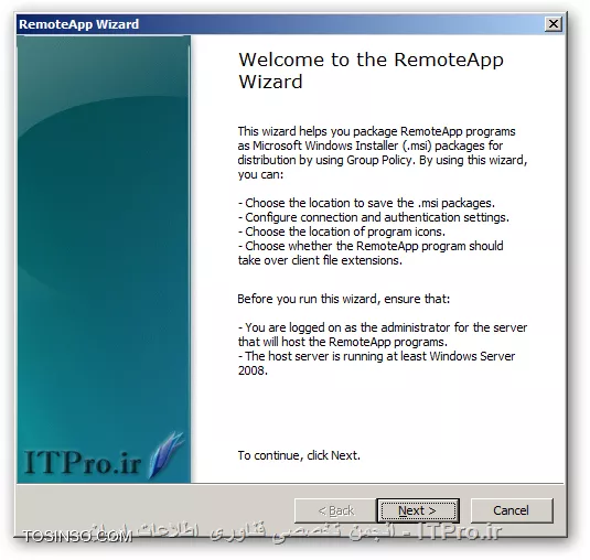 با یکی دیگر از قسمتهای مقالات از سری مقالات آموزش راه اندازی Remote Desktop Services در خدمت شما هستیم. همانطور که در قسمتهای قبل گفته شد راههای مختلفی برای ارائه سرویس Remote Desktop وجود دارد در قسمت قبل گفته شد که چگونه برای یک کاربر تعیین کنیم که هر وقت به سرور Remote زد ، بصورت خودکارتصویر یک نرم افزار خاص در صفحه نمایشگر او نمایان شود تا بتواند از آن استفاده کند .

همانطور که گفته شده بود یکی از بزرگترین محدودیتهایی که این روش دارد که باعث میشود کمتر از آن استفاده شود این است که کاربران در این روش نمیتوانند از چند نرم افزار استفاده کنند و تنها محدود به یک نرم افزاری هستند که مدیر سیستم برای آنان تعیین کرده همچنین به طور همزمان با نام کاربری و رمز عبور خود تنها مجاز به استفاده از یک نرم افزار و برقراری یک Session هستند و نمیتوانند بصورت همزمان از چند نرم افزار استفاده کنند ، اکنون روشی دیگر از روشهای ارائه ی این سرویس را بررسی میکنیم که دیگر این محدودیت را نخواهید داشت و آن هم استفاده از کنسول RemoteApp Manager است این کنسول پس از نصب کرد رول Remote Desktop Session Host در مسیر زیر قابل دسترس است :
<ltr>
Start => Administrative Tools => Remote Desktop Services
<ltr>
همچنین با تایپ عبارت remoteprograms.msc در Run میتوانید آن را اجرا کنید پس از اجرا پنجره این به شکل زیر مشاهده میکنید ...
||http://tosinso.com/files/get/40f01d21-394c-4db2-907b-795c838cea2a||
همانطور که مشاهده میکنید در این پنجره در قسمت Overview یک وضعیت کلی از این سرویس نمایش داده شده و در پایین ، در قسمت RemoteApp Programs میتوانید لیست نرم افزارهای Publish شده را مشاهده و آنها را ویرایش کنید شما با استفاده از امکاناتی که در این کنسول هست میتوانید نرم افزارهای خود را Publish کرده و از هر کدام از نرم افزارها یک فایل درست کرده که کاربران به بوسیله آن میتوانند به سرور وصل شده و از نرم افزار مربوطه استفاده کنند ، فایلهایی که با استفاده از روش فوق میتوانید ایجاد کنید با دو پسوند RDP و MSI هستند و هر کدام خواصیتهای خود را دارد که در ادامه راجع به هر دو آنها و روش ایجادشان صحبت میکنیم . قدم اول در پابلیش نرم افزارها این است که آن را در لیست RemoteApp Programs اضافه کنید برای اینکار در سمت راست تصویر Add RemoteApp Programs را پیدا کرده و کلیک کنید تا پنجره ای به شکل زیر مشاهده کنید
||http://tosinso.com/files/get/afba1c86-63ac-40ba-8cca-69fe03d0e168||
پنجره اول که طبق معمول خوش آمدگویی و یک سری توضیحات دیگر هست ،Next  میکنیم
||آموزش Remote Desktop Services در Windows Server 2008 R2::http://tosinso.com/files/get/976bb9bb-569f-4dc0-9626-0641c4b0db06||
در این مرحله نرم افزارهایی که تصمیم دارید Publish کرده و در اختیار کاربرانتان قرار دهید را انتخاب کنید در صورت نصب نرم افزار جدید ، آن را میتوانید در این لیست مشاهده کنید ، در صورت عدم مشاهده آن میتوانید با زدن دکمه Browse آدرس نرم افزار را داده تا در لیست اضافه و قابل استفاده گردد. پس از انتخاب نرم افزارها Next کنید ...
||http://tosinso.com/files/get/ca798346-4568-4e0a-b440-4748654b6b36||
و در نهایت Finish را میزنیم همانطور که در تصویر زیر مشاهده میکنید نرم افزارهایی که انتخاب کردیم در قسمت RemoteApp Programs  قابل مشاهده ، ویرایش و یا حذف هستند و با حذف هر کدام از آنها کاربران دیگر قادر به استفاده از نرم افزار نخواهند بود.
||http://tosinso.com/files/get/a0001ac0-7c9c-464f-8bfc-35e50d5fb7b6||
تا اینجا نرم افزارهای ما برای استفاده آماده هستند ولی حال باید برای کلاینتها یک فایل درست کنیم که بوسیله آن بتوانند به سرور متصل شده و از نرم افزار استفاده کنند.  این فایلها شامل فایلهای rdp و msi میباشند.

!! فایلهای RDP 
این فایلها توسط مدیر و با استفاده از کنسول RemoteApp Manager ساخته شده و جهت استفاده بایستی در اختیار کلاینتها قرار گیرد هر کدام از این فایلها به یک نرم افزار میتوانند اشاره کنند این فایلها را به هر طریقی میتوانید در اختیار کاربران قرار دهید که این بستگی به سلیقه و محیط کاری شما دارد مثلا از طریق یک پوشه به اشتراک گذاری شده در شبکه فایلهای RDP را در اختیار کاربران قرار دهید کاربران بعد از اجرای این فایل بایستی نام کاربری و رمز عبور خود را وارد کنند تا عملیات احراز هویت انجام شود و بعد از آن به نرم افزار مورد نظر هدایت میشوید برای ساختن آن در قسمت RemoteApp Programs روی نرم افزار مورد نظرتان راست کلیک کرده و از منوی باز شده گزینه Create .rdp File را انتخاب کنید تا پنجره زیر را مشاهده کنید
||http://tosinso.com/files/get/2e3a0cf2-9248-4c5f-b2ce-183f4f284519||
پنجره اول که طبق معمول خوش آمدگویی و یک سری توضیحات دیگر هست ،Next  میکنیم
||http://tosinso.com/files/get/a98d8432-9943-4874-9a01-fc4a45348517||
در این مرحله در قسمت بالا یعنی جایی که نوشته شده Enter the location to save packages: آدرسی که فایل خروجی در آن قرار گیرد را از شما میخواهد. در قسمت پایینتر یعنی RD Session Host server settings با زدن دکمه Change میتوانید نام سرور و همچنین پورت مورد نظر برای Remote Desktop را جهت ارتباط کلاینت با سرور مشخص کنید ، بطور پیشفرض پورت استفاده از Remote Desktop برابر 3389  میباشد اما ممکن است برای بالابردن امنیت شماره آن تغییر داده شده باشد که بدینصورت میتوانید شماره جدید پورت را جهت ارتباط کلاینت با سرور وارد کرده و یکسان سازی کنید تا کلاینتها هم بوسیله پورت جدید و حقیقی بتوانند با سرور ارتباط برقرار کنند ، و در نهایت در قسمت Certificate settings هم در صورت نیاز میتوانید از الگوریتم رمز نگاری برای برای ارتباط کلاینتها با سرور استفاده کنید این خود میتواند مقاله ای جداگانه باشد و با توضیح آن از مبحث اصلی دور میشویم پس آن را به حالت پیشفرض رها میکنیم. Next زده و به مرحله بعد میرویم ...
||http://tosinso.com/files/get/4297cd03-dc58-4f8b-8bf0-918770e276ce||
و در نهایت Finish را میزنیم. پس از آن یک فایل RDP ساخته شده که کلاینتها با اجرای آن به سرور وصل شده و تصویر نرم افزار مربوطه را مشاهده کرده و از آن استفاده میکنند. کلاینتها وقتی یک فایل RDP را اجرا میکنند با پنجره ای به شکل زیر روبرو میشوند :
||http://tosinso.com/files/get/9ca3e86e-50f2-4705-bd81-e653e263fee8||
همانطور که مشاهده میکنید در این پنجره یک سری اطلاعات در مورد نرم افزار Publish شده در اختیار کاربر قرار میگیرد همچنین کاربر میتواند با کلیک بر روی Details این صفحه را گسترش دهد ، در این پنجره کاربر میتواند مشخص کند که چه منابعی از کامپیوتر خودش را پس از Remote زدن به سرور میتواند مشاهده کند مثلا با انتخاب Drives میتواند درایوهای کامپیوتر خود را پس از ریموت زدن در سرور مشاهده کند.
شما میتوانید کاربران را در استفاده از منابع کامپیوتر خود در سرور محدود کنید ، برای این کار در کنسول RemoteApp Manager در سمت راست تصویر روی گزینه RD Session Host Server Settings کلیک کرده و در پنجره باز شده وارد تب Common RDP Settings شوید در این سربرگ در قسمت Devices and resources میتوانید تعیین کنید که کلاینتها پس از اجرای فایل RDP خود ، چه منابعی از کامپیوتر خود را پس از ریموت زدن به سرور جهت مشاهده بتوانند انتخاب کنند.
||http://tosinso.com/files/get/6e2a92dc-b8cf-4940-af00-09b9be7d22ea||
به عنوان مثال ما در تصویر بالا Disk drives را غیر فعال کرده ایم ، این باعث خواهد شد که کلاینتها در زمان ریموت زدن در قسمت انتخاب منابع نتوانند چک باکس Drives را مشاهده و انتخاب نمایند در نتیجه به اجبار درایوهای خود را پس از ریموت زدن نمیتوانند مشاهده کنند.
نکته : پس از اینکه تغییراتی که در بالا گفته شد را در تنظیمات RemoteApp Manager در سرور انجام دادید ، در فایلهایی RDP و MSI که از آن لحظه به بعد ساخته میشوند این تغییرات قابل مشاهده است و کاربرانی که از قبل ، فایلهای RDP و یا MSI را در اختیار داشته اند این تغییر در تنظیمات را مشاهده نمیکنند و بایستی از فایلهایی که پس از اعمال تنظیمات در سرور ساخته شده اند استفاده کنند.

!! فایلهای MSI  
این فایلها توسط مدیر و با استفاده از RemoteApp Manager ساخته میشوند و در نهایت به شکل یک فایل قابل نصب Windows Installer package قابل دسترس هستند، این فایل را کلاینتها میتوانند در کامپیوتر خود نصب کنند و پس از نصب بطور پیشفرض در مسیری مشابه C:\Program Files (x86)\RemotePackages قابل مشاهده هستند . این فایل در کلاینت نصب شده و مانند نرم افزاری که Install میشود ، فایل اتصال گر کلاینت با سرور جهت اجرای نرم افزار را درمسیر گفته شده در اختیار کاربر قرار میدهد، از خواص این فایلها این هست که پس از نصب میتوان آن را Uninstall کنید و این کار با رفتن به Programs and Features یعنی تایپ عبارت appwiz.cpl قابل انجام است. پس از نصب ، یک فایل RDP در مسیری مشابه C:\Program Files (x86)\RemotePackages ایجاد شده و یک  Shurtcut از آن در Start menu و یا Desktop ایجاد میشود. 

و کاربر با اجرای آن با پنجره ای مشابه پنجره ی مربوط به فایلهای RDP مواجه میشود و پس از زدن دکمه Connect و وارد کردن نام کاربری و رمز یک Session در سرور ایجاد شده و نرم افزار جهت استفاده کاربر به نمایش درخواهد آمد، روش استفاده از نرم افزار در فایلهای MSI شباهت بسیار زیادی به فایلهای RDP دارد تنها تفاوتی که به چشم میخورد این است که فایلهای msi را در ابتدا بایستی نصب کرد تا بتوان از آن استفاده کرد ولی فایلهای RDP در همان ابتدا قابل اجرا هستند و نیازی به نصب ندارند. با خواندن مطلب تا به اینجا و با دانستن اینکه برای نصب فایلهای msi بایستی کاربر دسترسی مدیریتی داشنه باشد اولین فکری که به ذهن شما میرسد این هست که اصلا چه دلیلی دارد که ما بخواهیم از فایلهای msi استفاده کنیم!!! فایل msi به درد نمیخورد !!! ولی فایلهای msi خواصی دارند که با دانستن آنها نظر شما را راجع به خود عوض میکنند، تا به حال با خواندن این قسمت مقاله به این ننتیجه رسیده اید که کاربران برای استفاده از نرم افزارهای موجود در سرور بایستی از فایلهای RDP و MSI استفاده کنند و در صورت دسترسی نداشتن به این فایلها نمیتوانند نرم افزارهای Publish شده را اجرا کنند .

پس از Publish نرم افزارها بایستی فایلهای RDP را به تک تک کاربران در شبکه خود بدهیم، یکی از خواص فایلهای MSI این است که میتوان آنها را از طریق Group policy در شبکه خود بر روی کلاینتهای مورد نظر و بصورت مرکزی نصب کنید و در صورت نیاز حذف کنید ،  به عبارتی دیگر می توانید آنها را بدون اینکه کاربران شما در شبکه متوجه این موضوع شوند مانند یک نرم افزار Install کنید . پس از نصب نرم افزار کاربران با اجرای فایل نهایی که پس از نصب با پسوند rdp خواهد بود و یک Shortcut از آن در Start menu و یا Desktop هم ایجاد میشود بصورت اتوماتیک به سرور ریموت زده و احراز هویت کرده و از نرم افزار مورد نظر استفاده می کنند. خب با هم روش ساخت فایلهای msi را بررسی میکنیم. برای ساخت فایل msi در پنجره RemoteApp Manager و در قسمت RemoteApp Programs روی نرم افزار مورد نظرتان راست کلیک کرده و از منوی باز شده گزینه Create Windows installer package را انتخاب کنید تا پنجره زیر را مشاهده کنید
||http://tosinso.com/files/get/c68126b5-4605-4cd9-85ce-a558c714b31d||
پنجره اول که خوش آمدگویی و یک سری توضیحات دیگر هست ،Next  میکنیم
||http://tosinso.com/files/get/5de861b7-e1a4-4efc-b229-d357be259658||
این مرحله مشابه همان مرحله ایست که در ساخت فایل RDP مشاهده کردیم و توضیحات آن یک بار در بالا داده شده... Next میکنیم
||http://tosinso.com/files/get/a6c0c635-9720-4c3c-8b4c-daa8de9adeb3||
در این مرحله در قسمت Shortcut icon اگر چک باکسهای Desktop و یا Start menu folder را علامت بزنید نرم افزار شما پس از نصب ، یک Shortcut در Start menu و یا Desktop قرار میدهد ، Next کرده
||آموزش Remote Desktop Services در Windows Server 2008 R2::http://tosinso.com/files/get/9381393d-1b6f-4ef3-9b39-d161cca56b5a||
و در نهایت Finish میکنیم. و در نهایت فایل ما با پسوند *.msi ساخته میشود و میتوان از آن استفاده کرد

*نتیجه گیری :*
در این قسمت از این سری مقالات روش ساخت فایلهای rdp و msi و روش استفاده از آنها را توضیح دادیم از خواص استفاده از این فایلها این است که کاربران بسته به نیاز خود و با اختیار خود میتوانند نرم افزارهایی که مدیر در اختیارشان قرار داده را انتخاب بدون محدودیت تعداد اجرا کنند همچنین در صورت نیاز کاربرانی که از طریق مدیرشبکه Delegate شده اند و نقشهای مدیریتی به آنها واگذار شده و بنا به وظایف خود لازم است که به سرور ریموت زده و از کنسولهای مدیریتی آن استفاده کنند هم به راحتی میتوانند این کار را انجام داده و Remote Desktop Services تداخلی در این کار بوجود نمی آورد تا به حال هرچه صحبت کردیم راجع به رول Remote Desktop Session Host بوده.

در قسمت بعد این مقاله راجع به رول Remote Desktop Web Accessصحبت خواهیم کرد و روش در اختیار گذاشتن این نرم افزارها را از طریق Web به شما آموزش خواهیم داد کاربران با این روش میتوانید از طریق مرورگر خود نرم افزارهایی که توسط مدیر Publish شده را مشاهده کرده و بنا به نیاز آنها را اجرا کنید که با استفاده از این روش دیگر نیازی نیست که فایلهای rdp در اختیار کاربران گذاشته شوند و یا از طریق Group Policy فایلهای msi بر روی کلاینتها نصب گردند و دیگر مدیر شبکه دغدغه ی اینکه چگونه فایلهای rdp را در اختیار کلاینتها قرار داده و یا اینکه فایلهای msi را بر روی کللاینتها نصب کند را نخواهد داشت و کلاینتها از طریق مرورگر وب خود میتوانند به آدرس URL از پیش تنظیم شده رفته ، احراز هویت کرده و نرم افزارهای مجاز برای استفاده را مشاهده و اجرا کنند تا به سرور ریموت زده شده و تصویر نرم افزار مد نظر خود را مشاهده و از آن استفاده کنند پس با ما همراه باشید...

نویسنده : سعید شمس آبادی
منبع : |جزیره راهکارهای مجازی سازی وب سایت توسینسو::https://tosinso.com/virtualization|
هرگونه نشر و کپی برداری بدون ذکر منبع و نام نویسنده دارای اشکال اخلاقی می باشد.