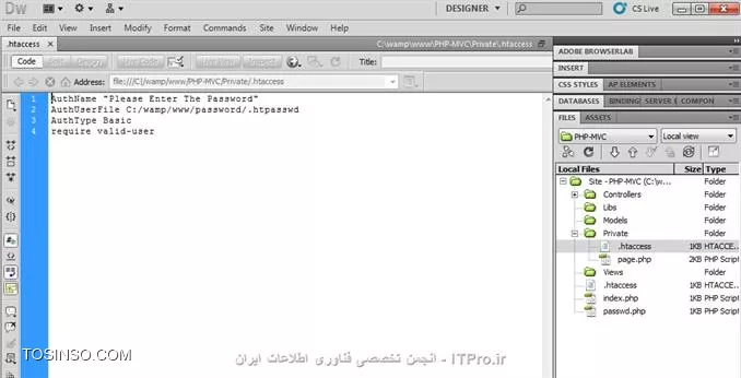سلام به همگی دوستان، تو قسمت قبل یه توضیح کوتاه درباره MVC دادم و استارت برنامه وبمونو زدیم چندتا فایل هم ایجاد کردیم و رسیدیم به مبحث .htaccess ، خوب یه توضیح درباره این فایل میدم و بعد با این فایل نرم افزار Apache روی سرور تنظیم میکنیم .فایل .htaccess واسه کانفیگ سرورهایی کارایی داره که روی سرور ، Apache اجرا شده باشه و با این فایل میتونیم توابع و ویژگیهایی Apache فعال یا غیرفعال کنیم مثلا تغییر مسیر، محافظت از رمز عبور ، محدودیت IP و ... . زمانی که این فایل روی یه دایرکتوری میزاریم Apache به دنبال این فایل میگرده، پس باید این فایل به همین صورت یعنی .htaccess بنویسیم بدون چیزی کم یا زیاد . یه مثال میزنم، زمانی که برنامه وب ما به خاطر اشتباه کاربر یا برنامه نویس با خطا برخورد میکنه، Apache این خطا رو تو یه صفحه با شماره خطا و توضیح خطا به ما نشون میده و ما نمیخوایم هر وقت که با خطا روبرو میشیم این عمل صورت بگیره، حالا یا برنامه نویس صلاح میبینه که این خطا رو نشون بده با این تفاوت که خود برنامه نویس میاد یه صفحه خطا ایجاد میکنه و زمانی که خطا رخ میده صفحه خطایی که خودش تولید کرده بجای صفحه خطا Apache میزاره (یعنی مسیر URL تغییر میده) یا اینکه اصلا خطایی نمایش داده نمیشه، که این کار بوسیله ErrorDocument انجام میشه بصورت زیر.
<left>
ErrorDocument 401 http:////127.0.0.1//PHP-MVC//Index
<left>
خوب این کد باید توی فایل .htaccess بنویسیم، که در اینجا موقعی که خطای 401 رخ میده بجای نمایش صفحه خطا، برنامه Redirect (تغییر مسیر) میکنه به صفحه index برنامه و صفحه index نمایش داده میشه .خوب حالا واسه ابتدای کار یه فایل .htaccess توی پوشه اصلی برنامه وبمون میسازیم .نکته : زمانی که فایل .htaccess توی یه فولدر قرار میدیم هر تنطیمی که انجام داده باشیم روی فایل ها و زیرفولدرهای همان فولدر هم اعمال میشه . 
1) ErrorDocument : زمانی که خطا رخ میده کاربر به مسیر مورد نظر هدایت میکنه .
<left>
ErrorDocument 404 //error_pages//404.html
<left>
404 : موقعی که فایلی رو پیدا نمیکنه این خطا رخ میده .
403 : زمانی که خطای Forbidden رخ میده .
401 : Authorization Required
500 : Internal Server
400 : Bad request
2) Redirects : موقعی که بخوایم کاربر از یه مسیر به مسیر دیگه منتقل کنیم، مثلا قبلاً یه صفحه توی وب سایتمون داشتیم و بجای این صفحه یه صفحه جدید درست کردیم و حالا یه کاربری میخواد صفحه قدیمی باز کنه، با Redirects میتونیم کاربر به صفحه جدید انتقال بدیم .
<left>
Redirect //old_dir//  http:////www.yourdomain.com//new_dir//index.html
<left>
3)یکی از مهمترین کاربرد های فایل .htaccess قابلیت password protection (محافظت از رمزعبور) هست .
زمانی که میخوایم روی یه فولدر یا تعداد بیشتری فولدر رمزعبور بزاریم تا فقط افرادی که دارای رمز عبور هستند بتونن این فولدر باز کنن، این قابلیت بدرد بخور هست، بصورت زیر انجام میدیم .
یه مثال میزنم، من یه فولدر به نام private دارم که میخوام فقط یوزری بنام admin بتونه محتوای اونو ببینه . فعلا اگه بخوام این فولدر باز کنم راحت باز میشه .
||https://tosinso.com//files/get/2b033ea3-cd69-4bc9-b50e-f98fdb9ca9dd||
و یه فایل بنام page.php توی این فولدر ساختم که در واقع میخوایم از این فایل محافظت کنم .
||https://tosinso.com//files/get/7284314e-ff1b-4154-9599-67f29cf71dd1||
کد page.php:
||https://tosinso.com//files/get/1184c1db-f1d7-4354-a2c5-9e19194e397b||
ادامه کد:
||https://tosinso.com//files/get/d251f989-557d-466e-b829-82c8d24e4f98||
توی تگ style کدهای css هست (اگه شد بعداً  یه مقدار css هم توضیح میدم) و ادامه کد هم که آسونه چیزی نداره (دو تا label , textbox و یه button گذاشتم) .
خوب حالا میریم سر کدهای htaccess:
یه فایل بنام .htaccess توی فولدر private میسازیم که این فایل وظیفه محافظت از فولدر داره تا کاربرای دیگه (به غیر از کاربری با نام admin) نتونن توی فولدر ببینن . 
||https://tosinso.com//files/get/c69b4207-68d2-4ced-8b9e-cf3ecc0ea67c||
AuthType : نوع تشخیص هویت معلوم میکنه و ما اینجا basic براش ست کردیم چون داریم از احراز هویت http استفاده میکنیم .
AuthName : یه متن هست که توی صفحه ای که میخواییم رمزعبور وارد کنیم نمایش داده میشه (توی عکس معلومه)
AuthUserFile : مسیر فایل محتوای رمزعبور و نام کاربری (توصیه میشه فایل محتوای رمزعبور و نام کاربری توی فولدر برنامه وب نباشه، خارج از فلودرهای برنامه باشه)
require valid-user : یعنی فقط کاربرای مجاز محتویات این فولدر میبینند .
و حالا یه فایل دیگه هم میسازیم به نام .htpasswd و توش رمز عبور و نام کاربری هرکسی که میخوایم به این فولدر دسترسی داشته باشه، قرار میدیم (در اینجا ما فقط به admin اجازه دادیم)
<left>
username:password
<left>
اگه خواستید به چند نفر اجازه بدید این فولدر ببینن باید username و password ها رو زیر هم بنویسید اینجوری :
<left>
username:password
username:password
username:password
<left>
توی فایل .htpasswd میشه رمز عبور encrypt ذخیره کرد یا هم بصورت معمولی رمز عبور دخیره کنیم، اگه خواستید رمزعبورتون encrypt کنید برید توی این سایت :
<left>
http:////www.htaccesstools.com//htpasswd-generator
<left>
خوب من رمزعبور خودمو encrypt کردم و گذاشتم توی فایل .htpasswd :
||https://tosinso.com//files/get/3cd686d4-e136-4ba8-8503-f62e2149903d||
و حالا موقعی که میخواییم وارد page.php بشیم از ما نام کاربری و رمزعبور میپرسه .
||https://tosinso.com//files/get/551497ca-877e-4724-9482-3f54de0cfd12||
اگه روی دکمه cancel کلیک کنم این صفحه برام نشون داده میشه
||https://tosinso.com//files/get/9dcaebd7-12ce-40ea-8128-ca3f5143a348||
اگه رمزعبور یا نام کاربری غلط وارد کنم دوباره ازم نام کاربری و رمزعور میپرسه و اگه هم درست وارد کنم که صفحه ای که میخوایم برامون باز میکنه 
||https://tosinso.com//files/get/405eddde-ab98-4a5a-80f3-b943ee915c90||

اومیدوارم از این قسمت هم استفاده لازم برده باشید . توی قسمت بعدی ادامه مباحث htaccess توضیح میدم .

نویسنده : مهدی رزمجویی
منبع : |جزیره طراحی و توسعه وب وب سایت توسینسو::https://tosinso.com/web|
هرگونه نشر و کپی برداری بدون ذکر منبع و نام نویسنده دارای اشکال اخلاقی می باشد