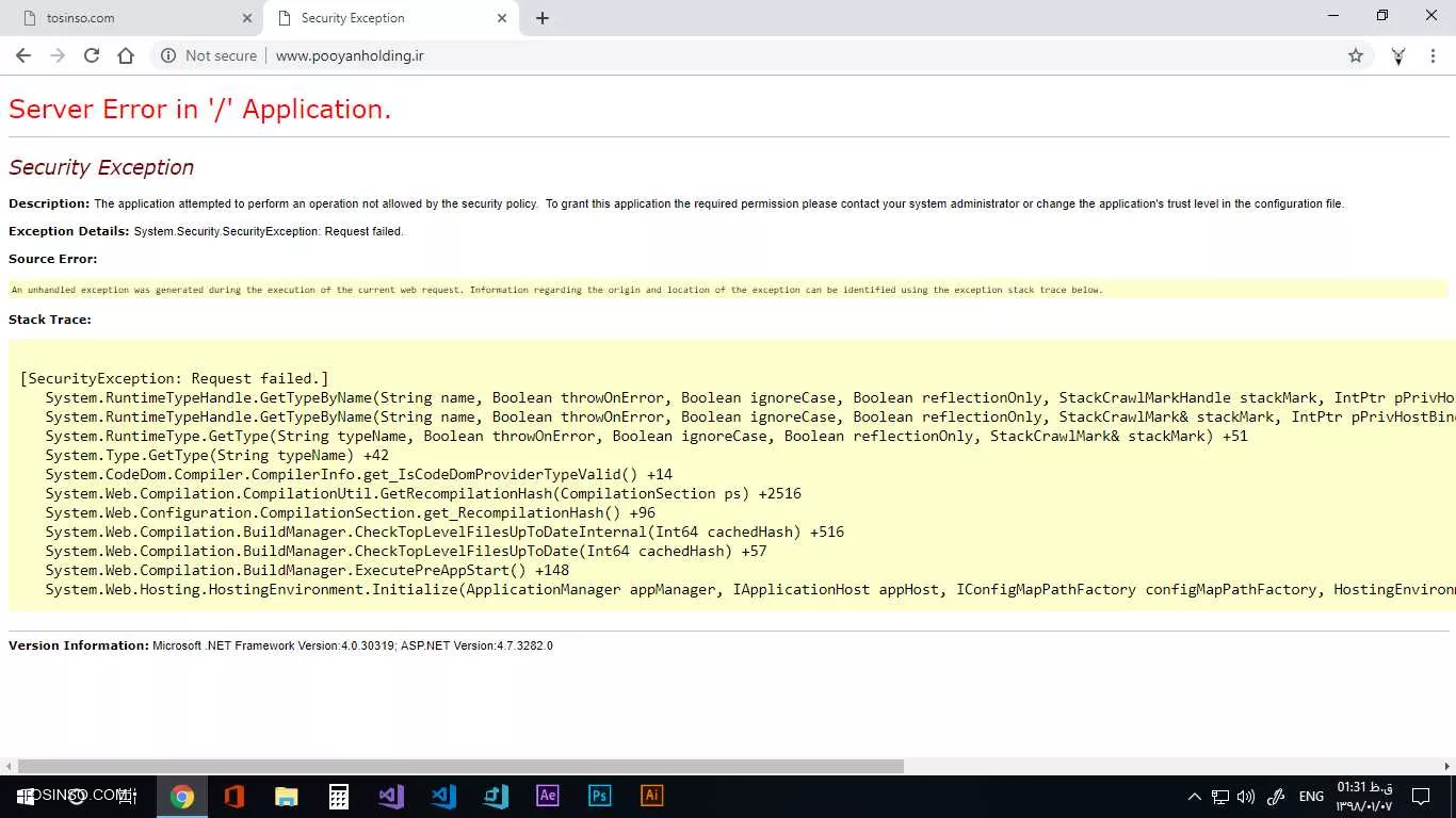 سلام به تمامی توسینسویی های عزیز.
وبسایتی داریم (با asp.net mvc) که داخل لوکال بدرستی نمایش داده میشه. دیتابیس رو هم بردیم روی هاست و مشکلی نداره. اما وقتی داخل هاست آپلود کردیم با خطای زیر مواجه شدیم:
||https://tosinso.com/files/get/c71fedc1-5f2f-49b1-a52b-319de4ed1c25||
داخل فایل web.config زیر تگ <system.web> این تگ رو نوشتم:
<xml>
<trust level=Full/>
<xml>
باز هم داخل لوکال درست هست. وقتی level رو از Full کمتر میکنم مثلا Low داخل لوکال هم همون ارور میاد. اما روی Full مشکلی نیست. ولی روی هاست که میره میگه فایل web.config خطا داره. دقیقا هم از همون خط خطا میگیره. چه کنم دوستان؟!
آدرس وبسایت برای اینکه خطا رو کامل ببینید: |www.pooyanholding.ir::http://www.pooyanholding.ir/|