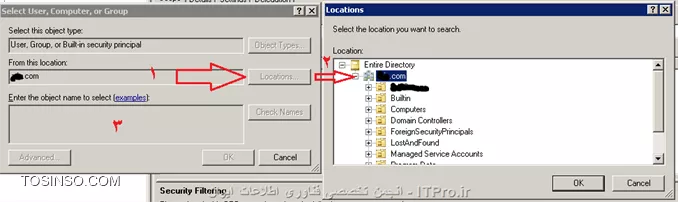 دوست عزیز در run تایپ کنید gpmc.msc
||http://network.tosinso.com/files/get/f9082643-68d0-4860-afdc-bf1df688fc85||
سپس پالیسی مورد نظر انتخاب بکنید در ستون سمت راست از قسمت security filtring گزینه Add را انتخاب بکنید
||http://network.tosinso.com/files/get/03a7efff-81b5-4bda-841d-106ebfe6e5c8||
بعد در پنجره باز شده قسمت location انتخاب بکنید و از پنجره دوم لیست را باز کرده و دامین مورد نظر که میخواهید این پالیسی بر روی آن اعمال شود انتخاب بکنید
||http://network.tosinso.com/files/get/c7beda0e-df42-46a5-aa09-5171731b9a97||
سپس در قسمت سوم نام user یا group و یا computer  مورد نظر وارد بکنید
امیدوارم بتونید مشکلتون حل بکنید من در خدمتم