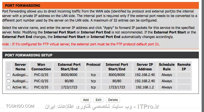 local ip رو ip ثابت گذاشتم اما وصل نشد و عوض کردم و ip مودم گذاشتم بازم وی پی ان وصل نشد
دفعه قبل وصل میشد!

( با گوشیم vpn درست میکنم و آیپی ثابت اینترنتی و یوزپسورد رو میدم connect نمیشه و ارور unsuccessful نشون میده)

این عکس از port forwarding

||https://hardware.tosinso.com/files/get/c7e46043-e8cc-4a0a-b6d4-e1dd96629eaa|| 
