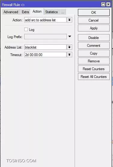 بطور کلی این رول تمامی درخواست های ورودی به روتر رو که آدرس مبداشون توی لیست باشه رو دراپ میکنه
آدرسی توی لیست میره که بطور متوالی اقدام به اسکن کردن پورت های روتر کنه

ابتدا از قسمت ip-firewall یک رول از زنجیره input میسازیم 
||https://tosinso.com/files/get/8425cb45-48aa-4003-8849-ff8d9f5b8bd9||
سپس از تب Extra گزینه PSD را فعال میکنیم
 ||https://tosinso.com/files/get/ae88c65a-8e9a-4628-91c9-23445ef7a4ca||
در قسمت Action گزینه add src. to address list را انتخاب می کنیم
نامی برای لیست انتخاب می کنیم که در اینجا نام blacklist رو انتخاب کردیم
برای باقی ماندن این ip در لیست TTL تعریف میکنیم که در اینجا 2روز انتخاب شده و در نهایت Ok می کنیم
||https://tosinso.com/files/get/c851ace5-1b41-40a8-8b7f-f8007680e5dc||

مجددا رولی از زنجیره input میسازیم 
||https://tosinso.com/files/get/59fab1f3-35ff-45c7-ae74-170df0e5347c||
در تب advance در قسمت Src. address list نام لیست ساخته شده که blacklist بود رو انتخاب میکنیم 
||https://tosinso.com/files/get/d3379646-312f-4096-82a2-b8f5ff66ea77||
در تب action گزینه Drop را انتخاب و ok را می زنیم
||https://tosinso.com/files/get/a979c704-5a65-4d47-b60d-50be703c5cae||
