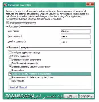 !! ساخت یک پسورد برای Kaspersky Endpoint Security 

- Security-Center 

1- داخل Workstations شده و روی تب Policies بروید 

2- انتخاب کنید KES 10 SP2 workstation policy 

3- روی لینک Configure policy کلیک کنید 

||کسپرسکی سرور 10 ::https://tosinso.com/files/get/950bf4b9-d0b8-4130-b325-3990b28fe95d||

4- سوییچ روی Application Settings انجام دهید 

||کسپرسکی سرور 10 احمد توسلی ::https://tosinso.com/files/get/47579529-dad2-4c2a-a203-6a072eb03365||

5- حالا برای فعال سازی password protection وارد بخش Settings و Password protection بزنید 

||https://tosinso.com/files/get/346b643b-cc9d-4106-9962-0002380c7f8c||

6- چک باکس  Enable password protection را انتخاب کنید 
||https://tosinso.com/files/get/09ee9879-85a6-4ee5-a26a-6bf6a88ab5f7||

7- یک نام مثلاً KLAdmin و پسورد root قرار دهید 

||https://tosinso.com/files/get/27c7786a-d149-403c-84bc-e25af8624a7f||

8- حالا گزینه های  Exit the application, Disable Kaspersky Security Center policy و Remove / modify / restore the application و روی ok کلیک کنید 

||https://tosinso.com/files/get/c86a555c-faa6-43b5-a3fb-567a9c425d5f||

9- روی OK کلیک کنید 

10- حالا منتظر میمانیم تا پالیسی اعمال شود 

11- روی Laptop بروید و روی KES راست کلیک و Exit را بزنید باید کادری مثله زیر باز شود :

||https://tosinso.com/files/get/29b55d80-57c5-4430-87ac-147bc171e032||

12- در Password check روی Cancel کلیک کنید 

13- حالا در سیستم عامل ویندوز وارد Programs and Features شوید 

14- انتخاب Kaspersky Endpoint Security 10 for Windows و روی Change کلیک کنید 

||https://tosinso.com/files/get/3f4869fc-297f-41a8-b281-74961226f19d||

15- برای حذف Kaspersky Endpoint Security روی Remove کلیک کنید 

||https://tosinso.com/files/get/e3adbf63-edc0-4fff-bbe8-cd73c610b7ab||

16- حالا NEXT را بزنید بدون اینکه کادر زیر را پر کنید :

||https://tosinso.com/files/get/17da529b-0873-48d6-af73-14012cc42791||

17- مشاهده می کنید که کسپرسکی بدون پسورد پاک نمی شود روی پیام زیر OK کنید :

||https://tosinso.com/files/get/ecb50443-cf27-4aa6-ba85-a81836096e9f||

18- ویزارد حذف را cancel کنید 


نویسنده : سید احمد توسلی
منبع : |جزیره امنیت اطلاعات و ارتباطات وب سایت توسینسو::https://tosinso.com/security|
هرگونه نشر و کپی برداری بدون ذکر منبع و نام نویسنده دارای اشکال اخلاقی است



