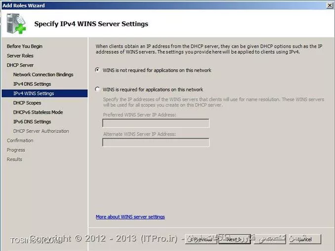 DHCP  یا Dynamic Host Configuration Protocol هسته ی یکی از سرویس های زیرساختاری شبکه محسوب می شود که مسئولیت ارائه IP آدرس ها و اطلاعات مربوط به DNS  سرورها به کلاینتها را بر عهده دارد. درمقاله |DHCP Option::http://www.tosinso.com/Articles/Details/541/DHCP%20Options| به معرفی Option ها و گزینه هایی که در نصب سرویس DHCP در ویندوز سرور 2008 به دانستن مفهوم آنها نیازمند بودیم پرداختم.در این مقاله به صورت تصویری نحوه ی نصب رول DHCP را توضیح خواهم داد و نگاهی گذرا به کنسول مدیریتی DHCP در ویندوز سرور 2008 خواهم داشت.

جهت نصب رول DHCP ، اولین موردی که باید به آن توجه داشت و پیش از نصب ،تنظیم مربوط به آن را چک کرد،داشتن Static IP سروری است که قصد نصب رول DHCP بر روی آن را دارید.در صورتی که سرور دارای Static IP نباشد،شما قادر نخواهید بود رول DHCP را بر روی آن نصب کنید.بعد از دادن IP دستی به سرور یا همان تنظیم Static IP باید طراحی های لازم جهت راه اندازی سرویس DHCP را انجام دهید.در طراحی باید موارد زیر را در نظر بگیرید:

* شبکه ای که قصد نصب این سرویس را بر روی آن دارید دارای چند سابنت و چه رنج IP می باشد؟
* IP آدرس های مر بوط به DNS سرور ،Default Gateway  و  دیگر سرورهای حیاتی و مهم در شبکه ،چه IP هایی هستند؟
*  سرویس DHCP مسئولیت ارائه خدمات به چندین کلاینت یا Device را در شبکه دارد؟
* سروری که قرار است سرویس DHCP بر روی آن نصب شود دارای چند کارت شبکه است ؟
* آیا نیاز شما اقتضا میکند که به روی هرکارت شبکه یک Scope  طراحی کنید یا نه ؟
* متناسب با تعداد کارتهای شبکه،چندین Scope خواهید داشت و کدام Scope بر روی کدام کارت شبکه قرار خواهد گرفت؟
* هر Scope باید از چه رنج IP شروع و تا چه رنج  IP ادامه داشته باشد.بهتر است Scopeها از قبل تعیین شوند.
* رنج IP مربوط به Exclusion Range را مشخص کنید.
* پیشنهاد می شود کلاینتهایی را که می خواهید IP آنها در Reservation Range قرار گیرند را مشخص کنید تا از قلم نیفتند.

!! نصب DHCP Role
جهت نصب رول DHCP ابتدا باید وارد کنسولServer Manager شوید،سپس گزینه Add Roles را انتخاب کنید:

 ||http://www.tosinso.com/files/get/49e7db6a-f526-430f-b283-eef0c7313ab5||
||http://www.tosinso.com/files/get/5ac7cf32-5bb3-4e9b-ba6e-ac73fd9855d5||
 سپس در میان رولهای نمایش داده شده در پنجره زیر،رول DHCP را تیک دارو گزینه Next را انتخاب کنید:

||http://www.tosinso.com/files/get/05e5b9ba-1932-4229-ad65-9ea4b7eeff08||
در صورتی که به سرور خود Static IP نداده باشید،در این مرحله اخطاری مبنی بر Static IP نبودن سرور و عدم امکان نصب رول DHCP را دریافت خواهید کرد.
در مرحله بعدی تعداد کارتهای شبکه ای که در سرور شما وجود دارند و شما می خواهید به روی آنها Scope های خود را تعریف کنید، نمایش داده خواهدشد. هرکدام از کارت شبکه هایی که می خواهید Scope های خود را به روی آنها تعریف کنید ،انتخاب یا تیک دار کنید.اصطلاح Connection Binding یعنی اینکه کدام رنجهای IP بر روی کدام کارت شبکه قرار گرفته باشند. 
همچنین شما درحین نصب رول DHCP  میتوانید دیگر تنظیمات مربوط به Scope ها را هم انجام دهید.در صورتی که تمایل داشته باشید Scope های خود را در همان کنسول مدیریتی DHCP انجام دهید،میتوانید از این مراحل بدون پر کردن گزینه های آن بگزرید.در اینجا ما انجام تنظیمات مربوط به Scope ها را به کنسول مدیریتی DHCP واگذار خواهیم کرد.

 ||http://www.tosinso.com/files/get/d954be2c-3741-4e67-87d9-2f18a1386ca6||
سپس در این مرحله مشخصات مربوط به Parent Domain یا دومینی که می خواهید DHCP  سرور بر روی آن فعالیت داشته باشد و همچنین مشخصات مربوط به DNS Server را وارد کنید و سپس گزینه Validate  را انتخاب کنید تا معتبر بودن DNS سرور شما بررسی و تایید شود.در صورت درست بودن IP مربوط به DNS سرور ، عبارت Valid همراه با تیک سبز رنگ در زیر آن قسمت ظاهر خواهد شد.در نهایت گزینه Next  را انتخاب کنید.

 ||http://www.tosinso.com/files/get/047dd83e-aab9-4ec0-9fa9-ef2a23c0e9e2||
در این مرحله در مورد سرویس WINS از شما سوال پرسیده می شود.در صورتی که در شبکه خود از این سرویس استفاده میکنید در اینجا IP مربوط به سرورهای آن را باید وارد کنید در غیر اینصورت گزینه اول را انتخاب و Next را بزنید:

 ||http://www.tosinso.com/files/get/c8f90b3b-bced-48bf-9612-0c8f1d61b39a||
همانطور که در بالانیز اشاره کردم شما میتوانید در حین نصب رول DHCP ، Scopeهای خود را نیز تعریف کنید .اینکار را در این مرحله از نصب رول می توانید انجام دهید.جهت تعریف Scope  کافی است گزینه Add را زده و اطلاعات خواسته شده مربوط به آن Scope را نیز وارد کنید.در غیر اینصورت گزینه Next را انتخاب کنید و وارد مرحله بعد شوید.
 
||http://www.tosinso.com/files/get/5a9b42e5-6711-44c5-8caa-de4dee95a345||
||http://www.tosinso.com/files/get/ae7a8e02-c12b-4299-9df7-3444b4a306d3||

در این مرحله در صورتی که از IPV6 استفاده میکنید میتوانید گزینه اول را جهت فعالسازی DHCPV6 انتخاب کنید.در غیر اینصورت گزینه دوم را انتخاب و Next را بزنید.
 
||http://www.tosinso.com/files/get/7e1dc8f1-17c7-45d1-b44f-abdf4f620325||

همانطور که از عنوان این پنجره بر می آید،در این قسمت نحوه Authorize کردن را انتخاب میکنید.اکتیودایرکتوری لیستی از DHCP سرورهای مجاز را در خود ذخیره میکند .جهت ذخیره و معرفی این DHCP سرور به اکتیودایرکتوری ،در این قسمت کاربری که در اکتیودایرکتوری است را وارد میکنید.در گزینه اول کاربری که با آن مشغول نصب این سرویس می باشید را انتخاب میکند که معمولا این کاربر ادمین است.در گزینه دوم شما نام کاربر دیگری را میتوانید وارد کنید.در گزینه ی آخر هم می توانید از ذخیره و معرفی این DHCP سرور به اکتیودایرکتوری خودداری کنید و گزینه Next را انتخاب کنید.اما همانطور که میبینید در پایین گزینه سوم به شما این هشدار را میدهد که این DHCP سرور برای اینکه بتواند در اکتیودایرکتوری سرویس دهد باید در آن Authorize شود.به هر حال این انتخاب شما می باشد.در نهایت گزینه Next را انتخاب کنید.

||http://www.tosinso.com/files/get/eabf314e-768e-4890-88cc-f4cadc3d7c7a||
 
در آخر خلاصه ای از اطلاعاتی که وارد کرده اید را به شما نمایش میدهد  و شما با زدن کلید Install این اطلاعات را تائید و نصب رول DHCP را آغاز میکنید.در صورتی که قسمتی از اطلاعات به درستی وارد نشده است گزینه  Previous را انتخاب و آن قسمت مورد نظر را اصلاح کنید.

||http://www.tosinso.com/files/get/7cf3ecd5-e7f5-4656-b614-a0ea465ad130||
 
با انتخاب گزینه Install ، رول DHCP شروع به نصب میکند.

||http://www.tosinso.com/files/get/be4b7009-f294-4b9d-9161-aa79f43cf497||
 
و در نهایت رول DHCP نصب می شود:
 
||http://www.tosinso.com/files/get/ab71f3f7-eae5-4fe1-900c-ecf8be4eeb96||

جهت وارد شدن به کنسول مدیریتی DHCP سرور از طریق منوی استارت،گزینه Administrative Tools و سپس DHCP را انتخاب کنید یا در Run تایپ کنید: dhcpmgmt.msc

شکل زیر نمایی از کنسول مدیریتی DHCP سرور است:

||http://www.tosinso.com/files/get/9d02c750-7c35-4dc4-9607-627f90456827||

!! ایجاد Scope جدید
برای ایجاد یکScope جدید در کنسول مدیریتی DHCP ،بر روی IPV4 راست کلیک کرده و گزینه New Scope را انتخاب کنید.سپس مراحل زیر را با دقت دنبال کنید:
 
||http://www.tosinso.com/files/get/34d01466-0152-4896-8166-7742f011fd8f||
||http://www.tosinso.com/files/get/b252e709-06b6-4010-9263-7b276c3ccf82||
 
در این پنجره باید برای Scopeی که می خواهید ایجاد کنید نامی انتخاب کنید و برای آن می توانید توضیحاتی را در قسمت Description اضافه کنید.Description در مواقعی که تعداد Scope ها زیاد باشد بسیار کاربردی می باشد.سپس گزینه Next را انتخاب کنید:

||http://www.tosinso.com/files/get/9fe64976-e2b7-4ee8-a34d-03144fc29c63||
 
در این پنجره،رنج IP ی که می خواهید آن Scope داشته باشد را مشخص می کنید.به خاطر داشته باشد که در End IP ، 8 کاراکتر آخر نمی تواند بیشتر از 254 باشد(همانطور که می دانید از 255 جهت Broadcast استفاده می شود). متناسب با رنج IP ی که واردمیکنید و کلاسی که آن رنجIP دارد،در قسمت پایین به صورت خودکار Subnet پر می شود:

||http://www.tosinso.com/files/get/47653958-410e-44a5-b8e7-0848a93487fa||
 
در پنجره بعدی شما آن رنجی را که می خواهید به عنوان Exclusion Range در نظر بگیرید را تعریف میکنید.شما می توانید بیش از یک Exclusion Range تعریف کنید.همانطور که میبینید در اینجا دو رنج IP برای Exclusion Range در نظر گرفته شده است:
 
||http://www.tosinso.com/files/get/a4f5cca4-1815-44ae-b36d-1cdd28af941b||

همانطور که از اسم این پنجره بر می آید،شما در اینجا مدت زمانی را که می خواهید IP ها را به کلاینتها قرض بدهید را تعریف می کنید،این مدت زمان یا همان Lease Duration به صورت پیش فرض 8 روز در نظر گرفته شده است که می توانید آن را تغییر دهید:
 
||http://www.tosinso.com/files/get/1fa23d7d-5a2b-4f5b-869f-22e83d7dde20||

در پنجره بعدی مشخص میکنید که آیا می خواهید تنظیمات مربوط به Option های DHCP را انجام دهید یا نه؟در اینجا جهت انجام این تنظیمات گزینه اول انتخاب شده است:

||http://www.tosinso.com/files/get/4ceda800-8a6c-42b8-bc71-0fe5f861c063||
 
Default Gateway های خود را در این قسمت تعریف و سپس Next را انتخاب کنید:

||http://www.tosinso.com/files/get/0a0c83ef-0d91-43c0-a71e-efbd5718af35||
 
در مرحله بعدی نام دومین و مشخصات مربوط به DNS Server را وارد کنید و گزینه Next را انتخاب کنید:

||http://www.tosinso.com/files/get/0d7d3874-6843-4b34-b2b7-09fbfae2d0b7||
 
در صورتی که از سرویس WINS استفاده میکنید اطلاعات مربوط به آن را وارد کنید ،در غیر اینصورت هم مجددا گزینه Next را انتخاب کنید:

||http://www.tosinso.com/files/get/2240e1fe-d43e-46a4-acea-a66de90341e7||
 
در این پنجره از شما پرسیده می شود که آیا می خواهید Scope مورد نظر را فعال کنید یا خیر؟در اینجا گزینه اول جهت فعالسازی Scope انتخاب شده است:
 
||http://www.tosinso.com/files/get/ae9083c0-05aa-4546-8595-30643ec0ff85||

و در نهایت با انتخاب گزینه Finish ،Scope  مورد نظر شما ایجاد خواهد شد:

||http://www.tosinso.com/files/get/51623f82-3668-4d53-b0c8-d0787a10bc3c||
 
و این هم نمایی از Scope ی که ایجاد کرده اید:

||http://www.tosinso.com/files/get/883a7d9c-1a06-417e-a07a-e6b23a5ec24f||
 
!! Scope Options
*Address Pool:*
کلیه IPهای مربوط به Scopeی که تعریف کرده اید در این قسمت قرار دارند.

*Address Lease:*
هر کلاینتی که در شبکه بالا بیاید و از سرویس DHCP ، IP دریافت کند در قسمت Address Leases ظاهر خواهد شد.

*Reservation:*
جهت اختصاص دادن Static IP به برخی از کلاینتهای بخصوص در این قسمت می توانید IP را برای آن کلاینتها را تعریف کنید.بر روی Reservation راست کلیک کرده و New Reservation را انتخاب کنید و سپس اطلاعاتی که از شما خواسته شده است را وارد کنید:
 
||http://www.tosinso.com/files/get/b47b5539-2d25-4c5f-b24d-f18d5fc240f3||
||http://www.tosinso.com/files/get/e98f70a0-d7bf-48f1-8320-e8e8f797e3f0||
 
*Scope Option:*
در این قسمت می توانید تنظیمات مربوط به Scope را ایجاد یا تغییر دهید.بر روی Scope option راست کلیک و گزینه Configure Option را انتخاب کنید:
 
||http://www.tosinso.com/files/get/1519b44e-51b7-4855-90d5-944f365797c0||
||http://www.tosinso.com/files/get/124f24c0-3cf9-4966-8522-dc9ef93f2115||
 
!! نتیجه گیری
DHCP یکی از سرویس های پایه ای و اساسی در شبکه محسوب می شود که تعریف،نصب و راه اندازی آن همانند دیگر سرویس های مهم شبکه نیازمند دقت و طراحی  می باشد.در این مقاله سعی شد نگاهی بر مبانی لازم جهت نصب و راه اندازی این سرویس مهم را  ارائه دهم.


نویسنده : فاطمه قرباوی
منبع : |جزیره سرویس های شبکه مایکروسافت وب سایت توسینسو::https://tosinso.com/microsoft|
هرگونه نشر و کپی برداری بدون ذکر منبع دارای اشکال اخلاقی می باشد. 