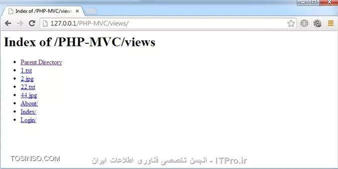 سلام به همه دوستان گلم در ITPro ابتدا قبل از شروع این قسمت یه عذر خواهی کنم بایت وقفه طولانی که ایجاد شد بین قسمت قبلی و این قسمت ، خوب توی قسمت قبلی درباره ErrorDocument ، Redirects  و password protection توضیح دادم و توی این قسمت توضیحات تکمیلی .htaccess براتون میگم بهمراه کد نویسی MVC  . نکته مهم : قبل از اینکه فایل .htaccess بسازید و توش کد بنویسید، برید توی فایل httpd.conf (اگه از wamp استفاده میکنید برید توی منوی wamp توی قسمت apache) و این خطی که در زیر انتخابش کردم پیدا کنید و اگه اول خط، کاراکتر # داشت ، کاراکتر # از اول خط پاک کنید و فایل ذخیره کرده و wamp ریستارت کنید . 
||https://tosinso.com//files/get/370a523a-186b-4d5a-b48f-5af01e053d2a||
4) Deny visitors by IP address : میتونیم جلوگیری کنیم از بازدید بعضی بازدیدکنندگان از وب سایتمون یا اجازه بدیم فقط کاربران با یه رنج آی پی خاص بتونن از وب سایتمون بازدید کنن .مثلاً فقط به ادمین سایت اجازه بدیم که بتونه صفحات حساس وب سایت ببینه و بقیه کاربران قادر نباشن .
<htm>
order allow,deny
deny from 123.45.6.
allow from all
<htm>
کد بالا به همه اجازه میده بتونن وب سایتو ببینن ولی کاربرانی که  سه اکتد آی پی شون این 123.45.6 هست اجازه بازدید از سایت ندارن .
<htm>
order allow,deny
allow from 162.1.1.1
deny from all
<htm>
کد بالایی هم فقط به کاربری با آی پی 162.1.1.1 اجازه میده از وب سایت بازدید کنه و اگه کاربری توی محدوده آی پی تعریف نشده باشه و بخواد وارد سایت بشه با خطای Forbidden مواجه میشه .
||https://tosinso.com//files/get/110262ac-52d4-466f-98ee-ab65f203e558||

5) DirectoryIndex : بصورت پیشفرض Apache بدنبال فایل index.php میگرده تا وب سایت با اون صفحه بیاره بالا (یعنی نشون بده) ، ولی میشه این پیشفرضو تغییر داد ، 
من یه صفحه index.php توی آموزش قبلی ساختم که موقعی که نمایش داده میشد بصورت زیر بود 
||https://tosinso.com//files/get/960448ad-c06f-433d-8c36-4aecd1c75ffb||
و حالا نمیخوام موقعی که وب سایتمو کسی باز میکنه صفحه index.php بصورت پیشفرض براش باز بشه میخوام index.html باز بشه .
کد index.html : فقط یه welcome توش نوشتم :-)
<htm>
<!DOCTYPE html PUBLIC -//W3C//DTD XHTML 1.0 Transitional//EN http://www.w3.org/TR/xhtml1/DTD/xhtml1-transitional.dtd>
<html xmlns=http://www.w3.org/1999/xhtml>
<head>
<meta http-equiv=Content-Type content=text/html; charset=utf-8 />
<title>Untitled Document</title>
</head>
<body>
welcome
</body>
</html>
<htm>
و حالا این کد توی .htaccess مینویسم .
<htm>
DirectoryIndex index.html
<htm>
و بعدش دوباره وب سایتمو باز میکنم میبینید که پیشفرضش تغییر کرد و صفحه که میخواستم باز شد .
||https://tosinso.com//files/get/f8cf8f64-1222-4f5c-a0f5-13c2c60cc21f||
خوب حالا اگه کدمونو به این صورت نوشته بودیم
<htm>
 DirectoryIndex index.html index.cgi index.php
<htm>
Apache ابتدا به دنبال صفحه index.html میگرده تا نمایشش بده و اگه وجود نداشت میره سراغ index.cgi  و در نهایت اگه این صفحه هم وجود نداشت index.php نمایش میده .

6) Disable directory listings : با استفاده از این قابلیت میتونیم جلوگیری کنیم از نمایش بعضی از فایل ها با پسوند های مورد نظر خودمون، یا کلاً جلوگیری کنیم از نمایش فولدرهای وب سایت .
من سه تا فولدر با نام های About,Index,Login توی فولدر Views میسازم (فولدر views توی قسمت قبلی ایجاد کردیم) ، یه چند تا فایل با پسوند jpg. و txt. هم توی فولدر views میسازم (البته این فایل هارو بعدش پاک کنید، چون فقط واسه توضیح disable directory این فایهارو ایجاد کردم بدردمون نمیخوره)  و حالا توی URL آدرس فولدر Views تایپ میکنم و enter میزنم .
||https://tosinso.com//files/get/c93ac99e-d6db-4197-be80-cbe624ea0723||
میبینید که تمام محتویات views نمایش داده شد حالا اگه بخوایم فایل هایی با پسوند txt نمایش داده نشن بصورت زیر کد مینویسیم (توی فایل .htaccess)
<htm>
IndexIgnore *.txt
<htm>
||https://tosinso.com//files/get/df7c03aa-0666-4a24-871c-81e767c61ae7||
یا اگه خواستیم فایل با پسوند jpg هم نمایش داده نشه کد بصورت زیر مینویسیم 
<htm>
IndexIgnore *.txt *.jpg
<htm>
||https://tosinso.com//files/get/14ce8ba5-d20c-417b-9113-4ca6ea8f79ba||
اگه کد بصورت زیر بنویسیم هیچ فایل و فولدری نمایش داده نمیشه ( انگار فولدر خالی هست )
<htm>
IndexIgnore *
<htm>
||https://tosinso.com//files/get/395d0ba6-8db8-4888-b2a9-f94c2e7e3161||
خوب حالا اگه وب سروری که شما وب سایتتونو روش آپ کردید فولدرهارو نمایش نمیده، میتونید با دستور زیر نمایش فولدر برای خودتون فعال کنید .
<htm>
Options +Indexes
<htm>
اگه خواستید کلاً فولدرهای سایتتون نمایش داده نشن میتونید از کد زیر استفاده کنید .
<htm>
Options -Indexes
<htm>
||https://tosinso.com//files/get/7ed0dba8-5af5-47f4-a797-5274439d0dab||
میبینید که دیگه اجازه نمایش فولدر بهمون نمیده .
خوب تا اینجا توضیحاتی که واسه .htaccess دادم کافی هست میریم سر بحث اصلیمون یعنی MVC ( توی ادامه آموزشها، قابلیت های دیگه htaccess براتون میگم ) واسه اطلاعات بیشتر میتونید به سایت زیر سر بزنید .
<left>
http://www.htaccess-guide.com
<left>
خوب حالا قبل از شروع MVC، کدهای زیر توی فایل .htaccess مینویسیم .
<htm>
Options -indexes

ErrorDocument 401 http://127.0.0.1/PHP-MVC/
ErrorDocument 403 http://127.0.0.1/PHP-MVC/
ErrorDocument 404 http://127.0.0.1/PHP-MVC/
ErrorDocument 500 http://127.0.0.1/PHP-MVC/
<htm>
به جای PHP-MVC (اسم وب سایت من هست)، شما اسم وب سایت خودتونو بنویسید .
||https://tosinso.com//files/get/279ca742-b8a9-4ca7-95d9-8cdb67bc8eae||
میبینید بعد از index.php هرچیزی وارد کنیم به ما خطایی نمیده که این خودش یه باگ محسوب میشه و حالا میاییم این باگ برطرف میکنیم.
فایل htaccess. بصورت زیر ویرایش میکنیم :
<htm>
Options +FollowSymlinks
RewriteEngine on

Options -indexes

ErrorDocument 401 http://127.0.0.1/PHP-MVC/
ErrorDocument 403 http://127.0.0.1/PHP-MVC/
ErrorDocument 404 http://127.0.0.1/PHP-MVC/
ErrorDocument 500 http://127.0.0.1/PHP-MVC/

RewriteCond %{REQUEST_FILENAME} !-d
RewriteCond %{REQUEST_FILENAME} !-f
RewriteCond %{REQUEST_FILENAME} !-l

RewriteRule ^(.*)$ index.php?url=$1 [QSA,L]

<htm>
زمانی که بخوایم از Rewrite استقاده کنیم باید قبلش دو خط اول هم بنویسیم . ( البته واسه بعضی از سرورها )
d- و f- و l- یعنی بتونیم با تایپ کردن اسم فایل و فولدر توی URL به اون فایل یا فولدر دسترسی داشته باشیم ،  $(*.)^  یعنی هر فایل و فولدری که توی URL وارد میکنیم ، url هم یه متغییر هست که بعداً توی کدها ازش استفاده میکنیم و 1$ هم تمام مقادیری که بعد از اسم سایت وارد میکنیم شامل میشه .
کد زیر به index.php اضافه میکنیم :
<php>
<?php
	echo $_GET['url'];	
?>
<php>
بصورت شکل زیر :
||https://tosinso.com//files/get/ffd5f0d8-0a96-4abd-91ab-0d0f55a33d3a||
این کد مقادیری که توی متغیر url وارد میکنیم (متغیر url توی کدهای htaccess تعریف کردیم) نمایش میده .
||https://tosinso.com//files/get/b32fc5c9-fb42-4b57-9026-79b6e554f2e2||
مثلاً زمانی که بعد از اسم سایت، مقداری بصورت بالا وارد میکنیم یعنی میخوایم تابعی (در اینجا run یه تابع هست) که توی کدهای کلاس Login نوشته شده اجرا بشه و اگه مقداری نیز بعد از run بیاد،این مقدار به عنوان مقادیر تابع (پارامتر تابع) به حساب میاد .
[QSA] زمانی به درد ما میخوره که بخوایم URL بصورت زیر وارد کنیم و از متغیری به نام b هم استفاده کنیم که در این صورت باید کد زیر به انتهای کد index.php (بعد از دستور echo) اضافه کنید تا نتیجه رو ببینید .
<php>
echo '<br>'.$_GET['b'];
<php>
||https://tosinso.com//files/get/64267654-e9e2-4274-9fb4-98929d5b7035||
ولی اگه این [QSA] نزاریم در موقعی که میخوایم از متغیر b استفاده کنیم بهمون خطا میده .
||https://tosinso.com//files/get/6d8880f7-936b-4984-b635-71f9b90b845f||
خوب حالا میایم مقادیر url جدا میکنیم با استفاده از تابع ()explode ، کدهای php صفحه index.php بصورت زیر تغییر بدید  :
<php>
<?php
	//echo $_GET['url'];
	//echo '<br>'.$_GET['b'];
	
	$url = $_GET['url'];
	$url = explode('/', $url);
	print_r($url);
?>
<php>
دو خط اول غیر فعال کردم چون دیگه بدردمون نمیخورن .
تابع explode مقادیر متغیر url$ جدا سازی میکنه بر حسب کاراکتر /  و خروجیش هم یه آرایه هست .
دستور print_r مقادیر آرایه رو چاپ میکنه .
||https://tosinso.com//files/get/fbb4c01c-984c-42ae-bada-455180885704|| 
خوب طبق چیزی که با لا گفتم اگه URL چرت و پرت هم بنویسیم (بصورت زیر) به ما خطا نمیده
||https://tosinso.com//files/get/e6e71890-0318-4572-bf4f-e2e72616ca21||
 حالا با دستور زیر میگم فقط صفحاتی رو نشون بده که توی وب سایت هست . (کدهای php صفحه Index.php بصورت زیر ویرایش کنید)
<php>
<?php
	//echo $_GET['url'];
	//echo '<br>'.$_GET['b'];
	
	$url = $_GET['url'];
	$url = explode('/', $url);
	//print_r($url);
	
	if(!file_exists(Controllers/.$url[0]..php))
	{
		echo Not Found Page;
	}
?>
<php>
خوب حالا اگه دوباره چرت و پرت بنویسیم (بصورت زیر) به ما خطایی که خودمون نوشتیمو نشون میده، حتی میشه یه صفحه خطا درست کرد و کاربر رو به صفحه ی خطا منتقل کرد .
||https://tosinso.com//files/get/e76e2185-9c9a-4250-9a44-c1d94e4db402||
خوب حالا اگه URL بصورت زیر بنویسیم بهمون خطا میده و اینم یه باگ دیگه هست که باید رفع بشه .
||https://tosinso.com//files/get/6ce34e29-c25f-41c9-8a57-3e9b357cb502||
بصورت زیر این باگ هم برطرف میشه . (کدهای php صفحه index.php بصورت زیر ویرایش کنید)
<php>
<?php
	//echo $_GET['url'];
	//echo '<br>'.$_GET['b'];
	
	if(!isset($_GET['url']))
	{
		$url = 'index';
	}
	else
	{
		$url = $_GET['url'];
	}
	
	$url = explode('/', $url);
	//print_r($url);
	
	if(!file_exists(Controllers/.$url[0]..php))
	{
		echo Not Found Page;
	}
?>
<php>
تابع isset چک میکنه که همچین متغیری ست شده یا نه ( یعنی همچین متغیری اصلاً وجود داره یا نه )
توی کد بالا گفتم اگه چیزی برای url ست نشده باشه، index براش ست بشه .امیدوارم از این قسمت هم استفاده لازم برده باشید . توی قسمت بعدی کلاسها رو توضیح میدم . 


نویسنده : مهدی رزمجویی
منبع : |جزیره طراحی و توسعه وب وب سایت توسینسو::https://tosinso.com/web|
هرگونه نشر و کپی برداری بدون ذکر منبع و نام نویسنده دارای اشکال اخلاقی می باشد
