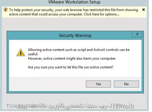 نسخه 10 رو نصب کردم باز این پیغام
||https://network.tosinso.com/files/get/cc510736-d0a6-4e70-ba87-377f29f86b26||
یه سوال ممکن من هنگام نصبVMware با این پیام امنیتی برخورد کردم بعد ازکلیک راست کردن روی پیام گزینه ای بود به نامallow block content و بعد تایید گزینه با رابطه با activeX مواجه شدم تحلیل شما از این پیام چیه؟این رو هم ذکر کنم با زدن دکمه yes شروع به نصب میکنه آیا تاثیری در نصب ویندوزserver داره؟ یعنی اینکه موجب خطا در نصب بشه؟
||https://network.tosinso.com/files/get/c9b0a57e-3d54-418f-9788-031523877488||