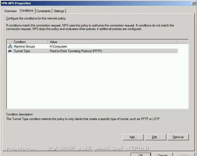 امتحان کردم نشد
گزینه  control access through NPS Network Policy رو
منطقا باید درست کار کنه 
قبل ازنصب سرویس NPS با VPN به راحتی ارتباط برقرار کرد 

||http://network.tosinso.com/files/get/f2a7354c-91ce-482d-ae2d-daa66f038264||
||http://network.tosinso.com/files/get/c9c70c0b-8542-426e-a2d1-12875fa638ed||
||http://network.tosinso.com/files/get/2b5002bb-9f32-4c65-b59b-f4b40b668035||
||http://network.tosinso.com/files/get/00d1c025-bbf7-4c27-bf12-f848abe79efe||
||http://network.tosinso.com/files/get/68bfce58-a66e-4c2e-b44b-ac7240652dc6||
||http://network.tosinso.com/files/get/a6e5c20e-2bf5-4d34-aac8-2e02e6dcc66e||

توی تب Condition با L2TP هم تست کردم ولی بازم همون خطا رو می گیره