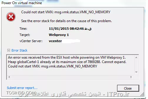 با سلام خدمت همه دوستان عزیز ، من روی سرور ESXI 5.5  پنج عدد ماشین مجازی دارم و تقریبا از 20 در صد منابع دارم استفاده میکنم و مطمئن هستم که رم و سی پی یو و هارد آزاد دارم روی سرور ولی وقتی ماشین مجازی میخوام روشن کنم این Error میده

||http://tosinso.com/files/get/c9faf56b-7308-4dc3-8932-3572e190e2db||