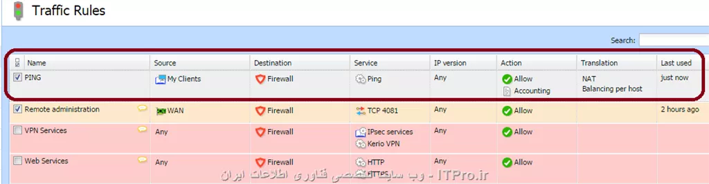 الان مثلا این رول رو. نیگا کنید. من اولین رولم رو ping گذاشتم که کلاینتام پینگ فایروال رو بگیرن. ولی کلاینتا اصلا پینگ نمیکنن.

||http://network.tosinso.com/files/get/ca613a58-1b9d-402d-bc97-797a1eded0dc||