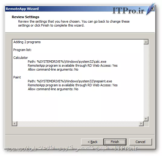 با یکی دیگر از قسمتهای مقالات از سری مقالات آموزش راه اندازی Remote Desktop Services در خدمت شما هستیم. همانطور که در قسمتهای قبل گفته شد راههای مختلفی برای ارائه سرویس Remote Desktop وجود دارد در قسمت قبل گفته شد که چگونه برای یک کاربر تعیین کنیم که هر وقت به سرور Remote زد ، بصورت خودکارتصویر یک نرم افزار خاص در صفحه نمایشگر او نمایان شود تا بتواند از آن استفاده کند .

همانطور که گفته شده بود یکی از بزرگترین محدودیتهایی که این روش دارد که باعث میشود کمتر از آن استفاده شود این است که کاربران در این روش نمیتوانند از چند نرم افزار استفاده کنند و تنها محدود به یک نرم افزاری هستند که مدیر سیستم برای آنان تعیین کرده همچنین به طور همزمان با نام کاربری و رمز عبور خود تنها مجاز به استفاده از یک نرم افزار و برقراری یک Session هستند و نمیتوانند بصورت همزمان از چند نرم افزار استفاده کنند ، اکنون روشی دیگر از روشهای ارائه ی این سرویس را بررسی میکنیم که دیگر این محدودیت را نخواهید داشت و آن هم استفاده از کنسول RemoteApp Manager است این کنسول پس از نصب کرد رول Remote Desktop Session Host در مسیر زیر قابل دسترس است :
<ltr>
Start => Administrative Tools => Remote Desktop Services
<ltr>
همچنین با تایپ عبارت remoteprograms.msc در Run میتوانید آن را اجرا کنید پس از اجرا پنجره این به شکل زیر مشاهده میکنید ...
||http://tosinso.com/files/get/40f01d21-394c-4db2-907b-795c838cea2a||
همانطور که مشاهده میکنید در این پنجره در قسمت Overview یک وضعیت کلی از این سرویس نمایش داده شده و در پایین ، در قسمت RemoteApp Programs میتوانید لیست نرم افزارهای Publish شده را مشاهده و آنها را ویرایش کنید شما با استفاده از امکاناتی که در این کنسول هست میتوانید نرم افزارهای خود را Publish کرده و از هر کدام از نرم افزارها یک فایل درست کرده که کاربران به بوسیله آن میتوانند به سرور وصل شده و از نرم افزار مربوطه استفاده کنند ، فایلهایی که با استفاده از روش فوق میتوانید ایجاد کنید با دو پسوند RDP و MSI هستند و هر کدام خواصیتهای خود را دارد که در ادامه راجع به هر دو آنها و روش ایجادشان صحبت میکنیم . قدم اول در پابلیش نرم افزارها این است که آن را در لیست RemoteApp Programs اضافه کنید برای اینکار در سمت راست تصویر Add RemoteApp Programs را پیدا کرده و کلیک کنید تا پنجره ای به شکل زیر مشاهده کنید
||http://tosinso.com/files/get/afba1c86-63ac-40ba-8cca-69fe03d0e168||
پنجره اول که طبق معمول خوش آمدگویی و یک سری توضیحات دیگر هست ،Next  میکنیم
||آموزش Remote Desktop Services در Windows Server 2008 R2::http://tosinso.com/files/get/976bb9bb-569f-4dc0-9626-0641c4b0db06||
در این مرحله نرم افزارهایی که تصمیم دارید Publish کرده و در اختیار کاربرانتان قرار دهید را انتخاب کنید در صورت نصب نرم افزار جدید ، آن را میتوانید در این لیست مشاهده کنید ، در صورت عدم مشاهده آن میتوانید با زدن دکمه Browse آدرس نرم افزار را داده تا در لیست اضافه و قابل استفاده گردد. پس از انتخاب نرم افزارها Next کنید ...
||http://tosinso.com/files/get/ca798346-4568-4e0a-b440-4748654b6b36||
و در نهایت Finish را میزنیم همانطور که در تصویر زیر مشاهده میکنید نرم افزارهایی که انتخاب کردیم در قسمت RemoteApp Programs  قابل مشاهده ، ویرایش و یا حذف هستند و با حذف هر کدام از آنها کاربران دیگر قادر به استفاده از نرم افزار نخواهند بود.
||http://tosinso.com/files/get/a0001ac0-7c9c-464f-8bfc-35e50d5fb7b6||
تا اینجا نرم افزارهای ما برای استفاده آماده هستند ولی حال باید برای کلاینتها یک فایل درست کنیم که بوسیله آن بتوانند به سرور متصل شده و از نرم افزار استفاده کنند.  این فایلها شامل فایلهای rdp و msi میباشند.

!! فایلهای RDP 
این فایلها توسط مدیر و با استفاده از کنسول RemoteApp Manager ساخته شده و جهت استفاده بایستی در اختیار کلاینتها قرار گیرد هر کدام از این فایلها به یک نرم افزار میتوانند اشاره کنند این فایلها را به هر طریقی میتوانید در اختیار کاربران قرار دهید که این بستگی به سلیقه و محیط کاری شما دارد مثلا از طریق یک پوشه به اشتراک گذاری شده در شبکه فایلهای RDP را در اختیار کاربران قرار دهید کاربران بعد از اجرای این فایل بایستی نام کاربری و رمز عبور خود را وارد کنند تا عملیات احراز هویت انجام شود و بعد از آن به نرم افزار مورد نظر هدایت میشوید برای ساختن آن در قسمت RemoteApp Programs روی نرم افزار مورد نظرتان راست کلیک کرده و از منوی باز شده گزینه Create .rdp File را انتخاب کنید تا پنجره زیر را مشاهده کنید
||http://tosinso.com/files/get/2e3a0cf2-9248-4c5f-b2ce-183f4f284519||
پنجره اول که طبق معمول خوش آمدگویی و یک سری توضیحات دیگر هست ،Next  میکنیم
||http://tosinso.com/files/get/a98d8432-9943-4874-9a01-fc4a45348517||
در این مرحله در قسمت بالا یعنی جایی که نوشته شده Enter the location to save packages: آدرسی که فایل خروجی در آن قرار گیرد را از شما میخواهد. در قسمت پایینتر یعنی RD Session Host server settings با زدن دکمه Change میتوانید نام سرور و همچنین پورت مورد نظر برای Remote Desktop را جهت ارتباط کلاینت با سرور مشخص کنید ، بطور پیشفرض پورت استفاده از Remote Desktop برابر 3389  میباشد اما ممکن است برای بالابردن امنیت شماره آن تغییر داده شده باشد که بدینصورت میتوانید شماره جدید پورت را جهت ارتباط کلاینت با سرور وارد کرده و یکسان سازی کنید تا کلاینتها هم بوسیله پورت جدید و حقیقی بتوانند با سرور ارتباط برقرار کنند ، و در نهایت در قسمت Certificate settings هم در صورت نیاز میتوانید از الگوریتم رمز نگاری برای برای ارتباط کلاینتها با سرور استفاده کنید این خود میتواند مقاله ای جداگانه باشد و با توضیح آن از مبحث اصلی دور میشویم پس آن را به حالت پیشفرض رها میکنیم. Next زده و به مرحله بعد میرویم ...
||http://tosinso.com/files/get/4297cd03-dc58-4f8b-8bf0-918770e276ce||
و در نهایت Finish را میزنیم. پس از آن یک فایل RDP ساخته شده که کلاینتها با اجرای آن به سرور وصل شده و تصویر نرم افزار مربوطه را مشاهده کرده و از آن استفاده میکنند. کلاینتها وقتی یک فایل RDP را اجرا میکنند با پنجره ای به شکل زیر روبرو میشوند :
||http://tosinso.com/files/get/9ca3e86e-50f2-4705-bd81-e653e263fee8||
همانطور که مشاهده میکنید در این پنجره یک سری اطلاعات در مورد نرم افزار Publish شده در اختیار کاربر قرار میگیرد همچنین کاربر میتواند با کلیک بر روی Details این صفحه را گسترش دهد ، در این پنجره کاربر میتواند مشخص کند که چه منابعی از کامپیوتر خودش را پس از Remote زدن به سرور میتواند مشاهده کند مثلا با انتخاب Drives میتواند درایوهای کامپیوتر خود را پس از ریموت زدن در سرور مشاهده کند.
شما میتوانید کاربران را در استفاده از منابع کامپیوتر خود در سرور محدود کنید ، برای این کار در کنسول RemoteApp Manager در سمت راست تصویر روی گزینه RD Session Host Server Settings کلیک کرده و در پنجره باز شده وارد تب Common RDP Settings شوید در این سربرگ در قسمت Devices and resources میتوانید تعیین کنید که کلاینتها پس از اجرای فایل RDP خود ، چه منابعی از کامپیوتر خود را پس از ریموت زدن به سرور جهت مشاهده بتوانند انتخاب کنند.
||http://tosinso.com/files/get/6e2a92dc-b8cf-4940-af00-09b9be7d22ea||
به عنوان مثال ما در تصویر بالا Disk drives را غیر فعال کرده ایم ، این باعث خواهد شد که کلاینتها در زمان ریموت زدن در قسمت انتخاب منابع نتوانند چک باکس Drives را مشاهده و انتخاب نمایند در نتیجه به اجبار درایوهای خود را پس از ریموت زدن نمیتوانند مشاهده کنند.
نکته : پس از اینکه تغییراتی که در بالا گفته شد را در تنظیمات RemoteApp Manager در سرور انجام دادید ، در فایلهایی RDP و MSI که از آن لحظه به بعد ساخته میشوند این تغییرات قابل مشاهده است و کاربرانی که از قبل ، فایلهای RDP و یا MSI را در اختیار داشته اند این تغییر در تنظیمات را مشاهده نمیکنند و بایستی از فایلهایی که پس از اعمال تنظیمات در سرور ساخته شده اند استفاده کنند.

!! فایلهای MSI  
این فایلها توسط مدیر و با استفاده از RemoteApp Manager ساخته میشوند و در نهایت به شکل یک فایل قابل نصب Windows Installer package قابل دسترس هستند، این فایل را کلاینتها میتوانند در کامپیوتر خود نصب کنند و پس از نصب بطور پیشفرض در مسیری مشابه C:\Program Files (x86)\RemotePackages قابل مشاهده هستند . این فایل در کلاینت نصب شده و مانند نرم افزاری که Install میشود ، فایل اتصال گر کلاینت با سرور جهت اجرای نرم افزار را درمسیر گفته شده در اختیار کاربر قرار میدهد، از خواص این فایلها این هست که پس از نصب میتوان آن را Uninstall کنید و این کار با رفتن به Programs and Features یعنی تایپ عبارت appwiz.cpl قابل انجام است. پس از نصب ، یک فایل RDP در مسیری مشابه C:\Program Files (x86)\RemotePackages ایجاد شده و یک  Shurtcut از آن در Start menu و یا Desktop ایجاد میشود. 

و کاربر با اجرای آن با پنجره ای مشابه پنجره ی مربوط به فایلهای RDP مواجه میشود و پس از زدن دکمه Connect و وارد کردن نام کاربری و رمز یک Session در سرور ایجاد شده و نرم افزار جهت استفاده کاربر به نمایش درخواهد آمد، روش استفاده از نرم افزار در فایلهای MSI شباهت بسیار زیادی به فایلهای RDP دارد تنها تفاوتی که به چشم میخورد این است که فایلهای msi را در ابتدا بایستی نصب کرد تا بتوان از آن استفاده کرد ولی فایلهای RDP در همان ابتدا قابل اجرا هستند و نیازی به نصب ندارند. با خواندن مطلب تا به اینجا و با دانستن اینکه برای نصب فایلهای msi بایستی کاربر دسترسی مدیریتی داشنه باشد اولین فکری که به ذهن شما میرسد این هست که اصلا چه دلیلی دارد که ما بخواهیم از فایلهای msi استفاده کنیم!!! فایل msi به درد نمیخورد !!! ولی فایلهای msi خواصی دارند که با دانستن آنها نظر شما را راجع به خود عوض میکنند، تا به حال با خواندن این قسمت مقاله به این ننتیجه رسیده اید که کاربران برای استفاده از نرم افزارهای موجود در سرور بایستی از فایلهای RDP و MSI استفاده کنند و در صورت دسترسی نداشتن به این فایلها نمیتوانند نرم افزارهای Publish شده را اجرا کنند .

پس از Publish نرم افزارها بایستی فایلهای RDP را به تک تک کاربران در شبکه خود بدهیم، یکی از خواص فایلهای MSI این است که میتوان آنها را از طریق Group policy در شبکه خود بر روی کلاینتهای مورد نظر و بصورت مرکزی نصب کنید و در صورت نیاز حذف کنید ،  به عبارتی دیگر می توانید آنها را بدون اینکه کاربران شما در شبکه متوجه این موضوع شوند مانند یک نرم افزار Install کنید . پس از نصب نرم افزار کاربران با اجرای فایل نهایی که پس از نصب با پسوند rdp خواهد بود و یک Shortcut از آن در Start menu و یا Desktop هم ایجاد میشود بصورت اتوماتیک به سرور ریموت زده و احراز هویت کرده و از نرم افزار مورد نظر استفاده می کنند. خب با هم روش ساخت فایلهای msi را بررسی میکنیم. برای ساخت فایل msi در پنجره RemoteApp Manager و در قسمت RemoteApp Programs روی نرم افزار مورد نظرتان راست کلیک کرده و از منوی باز شده گزینه Create Windows installer package را انتخاب کنید تا پنجره زیر را مشاهده کنید
||http://tosinso.com/files/get/c68126b5-4605-4cd9-85ce-a558c714b31d||
پنجره اول که خوش آمدگویی و یک سری توضیحات دیگر هست ،Next  میکنیم
||http://tosinso.com/files/get/5de861b7-e1a4-4efc-b229-d357be259658||
این مرحله مشابه همان مرحله ایست که در ساخت فایل RDP مشاهده کردیم و توضیحات آن یک بار در بالا داده شده... Next میکنیم
||http://tosinso.com/files/get/a6c0c635-9720-4c3c-8b4c-daa8de9adeb3||
در این مرحله در قسمت Shortcut icon اگر چک باکسهای Desktop و یا Start menu folder را علامت بزنید نرم افزار شما پس از نصب ، یک Shortcut در Start menu و یا Desktop قرار میدهد ، Next کرده
||آموزش Remote Desktop Services در Windows Server 2008 R2::http://tosinso.com/files/get/9381393d-1b6f-4ef3-9b39-d161cca56b5a||
و در نهایت Finish میکنیم. و در نهایت فایل ما با پسوند *.msi ساخته میشود و میتوان از آن استفاده کرد

*نتیجه گیری :*
در این قسمت از این سری مقالات روش ساخت فایلهای rdp و msi و روش استفاده از آنها را توضیح دادیم از خواص استفاده از این فایلها این است که کاربران بسته به نیاز خود و با اختیار خود میتوانند نرم افزارهایی که مدیر در اختیارشان قرار داده را انتخاب بدون محدودیت تعداد اجرا کنند همچنین در صورت نیاز کاربرانی که از طریق مدیرشبکه Delegate شده اند و نقشهای مدیریتی به آنها واگذار شده و بنا به وظایف خود لازم است که به سرور ریموت زده و از کنسولهای مدیریتی آن استفاده کنند هم به راحتی میتوانند این کار را انجام داده و Remote Desktop Services تداخلی در این کار بوجود نمی آورد تا به حال هرچه صحبت کردیم راجع به رول Remote Desktop Session Host بوده.

در قسمت بعد این مقاله راجع به رول Remote Desktop Web Accessصحبت خواهیم کرد و روش در اختیار گذاشتن این نرم افزارها را از طریق Web به شما آموزش خواهیم داد کاربران با این روش میتوانید از طریق مرورگر خود نرم افزارهایی که توسط مدیر Publish شده را مشاهده کرده و بنا به نیاز آنها را اجرا کنید که با استفاده از این روش دیگر نیازی نیست که فایلهای rdp در اختیار کاربران گذاشته شوند و یا از طریق Group Policy فایلهای msi بر روی کلاینتها نصب گردند و دیگر مدیر شبکه دغدغه ی اینکه چگونه فایلهای rdp را در اختیار کلاینتها قرار داده و یا اینکه فایلهای msi را بر روی کللاینتها نصب کند را نخواهد داشت و کلاینتها از طریق مرورگر وب خود میتوانند به آدرس URL از پیش تنظیم شده رفته ، احراز هویت کرده و نرم افزارهای مجاز برای استفاده را مشاهده و اجرا کنند تا به سرور ریموت زده شده و تصویر نرم افزار مد نظر خود را مشاهده و از آن استفاده کنند پس با ما همراه باشید...

نویسنده : سعید شمس آبادی
منبع : |جزیره راهکارهای مجازی سازی وب سایت توسینسو::https://tosinso.com/virtualization|
هرگونه نشر و کپی برداری بدون ذکر منبع و نام نویسنده دارای اشکال اخلاقی می باشد.