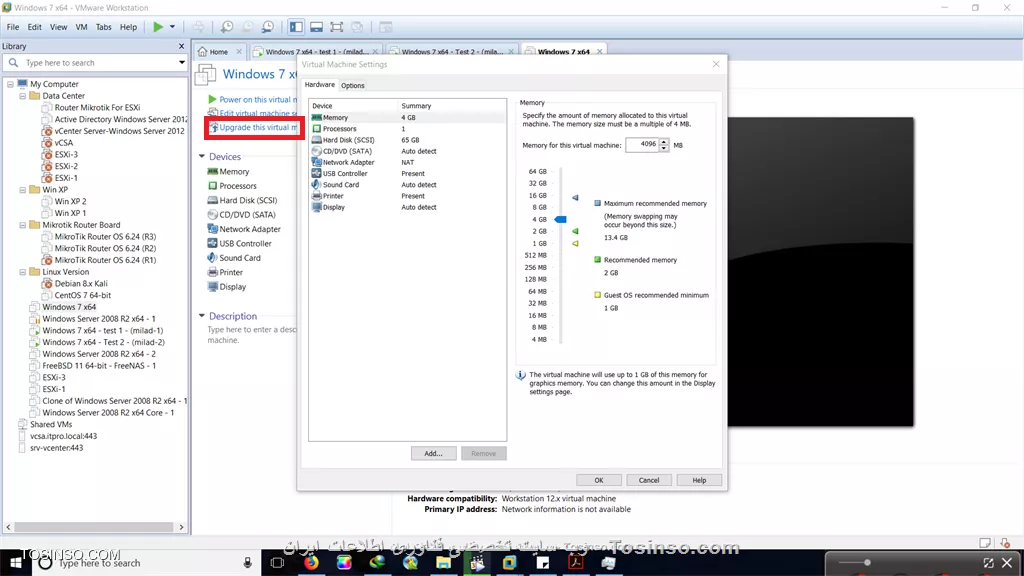 تغییر دادن ورژن Compatibility ماشین های مجازی به این خاطر هست که برخی از نسخه های VMware Workstation از سخت افزار هایی که برای سیستم عامل ها استفاده میشه پشتیبانی نمی کنه و شما مجبورید ورژن Compatibility اون رو پایین بیارید تا درایور ها و ماژول هاش برای ماشین مجازی تون توسط VMware فراهم بشه . روی Upgrade this virtual machine کلیک کنید و Next رو بزنید تا ویزارد باز بشه بعد از اون لیست گزینه اول که آخرین نسخه VMware هست رو انتخاب کنید . بعد از Upgrade کردن Compatibility دیگه گزینه سوم نباید وجود داشته باشه تو تصویر 
||https://virtualization.tosinso.com/files/get/cb38364a-68c5-4dba-9427-21c06fd1b1ea||