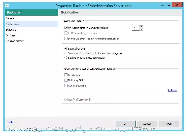 !! Back up , Restore Kaspersky Security Center 
در این آزمایش قصد داریم کپی از بک آپ  برای Kaspersky Security Center را انجام دهیم 

* ماشین های DC و Security-Center را روشن کنید 

* ماشین های Laptop - PC1 را روشن کنید 

- Security-Center 

1- وارد بخش Administration Console 

2- بر روی Tasks بروید 

3- انتخاب کنید تسک  Backup of Administration Server data

4- کلیک کنید روی Configure task 

||https://tosinso.com/files/get/b47bfc85-950a-4a62-b98b-b828f1aaeca6||

5- سوییچ کنید بر روی Settings 

||https://tosinso.com/files/get/b6c1b458-a901-42b9-934d-966701950c9a||

6- حالا مسیر بک آپ که %ProgramData%\KasperskySC\SC_Backup را بررسی کنید 

7- پسورد certificate سرور را root تعریف کنید 

||https://tosinso.com/files/get/900c3c92-22ad-40ec-8abb-625e5eaa838d||

8- وارد Notification شوید 

||https://tosinso.com/files/get/cc18312f-5cad-4d4a-94c8-62fd09dd377d||

9- چک باکس Send email فعال کنید 

10- بردارید چک باکس  Notify of errors only و OK کنید 

||https://tosinso.com/files/get/96ad709f-6bdf-449e-9f0e-60bf6f73ca1c||

11- حالا بر روی تسک backup گزینه Start را کلیک کنید 

||https://tosinso.com/files/get/eccae49e-6e07-41f1-aa3c-c9b8d643b3ed||

12- حالا پیامی با مضنون ری استارت شدن کسپرسکی سرور داده می شود و روی OK کلیک کنید 

||https://tosinso.com/files/get/fb2abbbe-5051-4343-8445-f134bf9fcc57||

نویسنده : سید احمد توسلی
منبع : |جزیره امنیت اطلاعات و ارتباطات وب سایت توسینسو::https://tosinso.com/security|
هرگونه نشر و کپی برداری بدون ذکر منبع و نام نویسنده دارای اشکال اخلاقی است