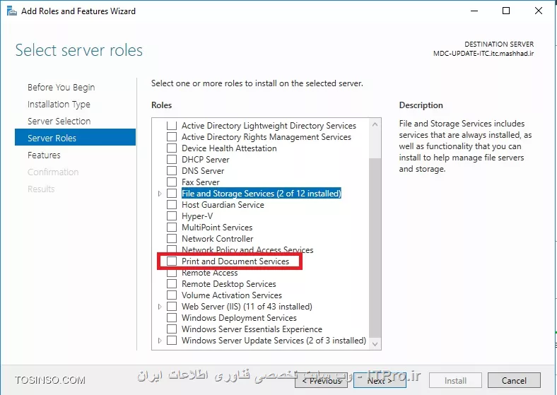 توضیحات رو آقای میلاد دادن .شما باید رٌل Print and Document Services رو نصب کنید.
||https://network.tosinso.com/files/get/cdaa3f01-a38c-4029-8991-43961010363c||
بعد به دنبال انجام تنظیمات باشید.