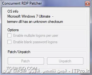 من الان این برنامه Concurrent RDP Patcher تو ویندوز 7 نسخه 64 بیتی اجرا میکنم اما این ارور رو تو خود پنجره برنامه نشون میده.
مشکل از کجاست؟

||http://network.tosinso.com/files/get/cdd8c680-523c-4bdb-8bf5-06927725991d||