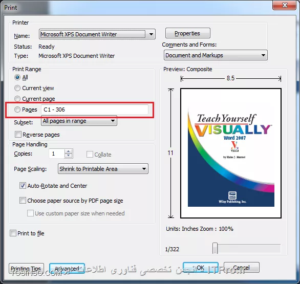 بستگی داره تنظیم کرده باشی فایل tif  با چه نرم افزاری باز بشه. اگه با adobe reader باز کنی برای پرینت کادر زیر باز میشه که صفحات دلخواه رو شمارشونو توی قسمت pages وارد می کنی:
||http://network.tosinso.com/files/get/ce0b431a-ec18-4e15-929d-576c7ac5c8d7||