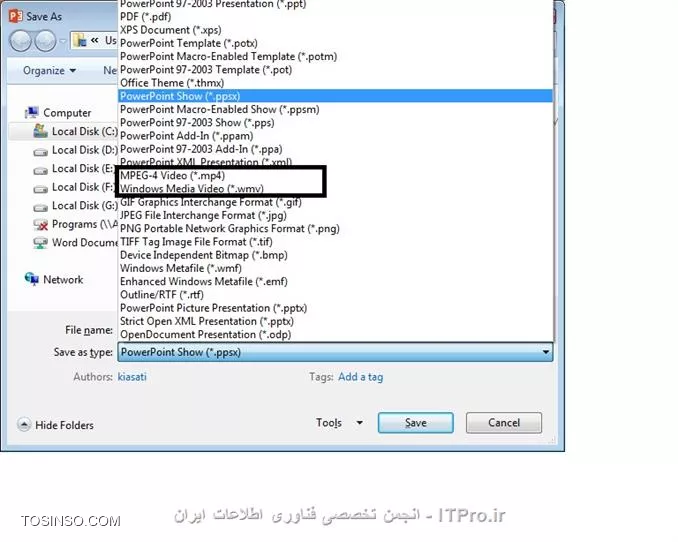 سلام دوست عزیز

شما طبق تصویر زیر میتوانید فایل خود را در قالبهای زیر ذخیره نمائید تا از تغییر در امان باشند:
1- PPS یا PPSX (مخصوص نمایش پاورپوینت)
2- MP4 یا WMV (مخصوص نمایش در قالب فایلهای ویدئویی)

||http://icdl.tosinso.com/files/get/cf047116-4b6b-4051-9ce3-e18ce02ceba9||

نکته: در صورت تغییر پسوند فایل به PPTX توسط اشخاص دیگر و یا استفاده از مبدلها، بازهم تغییر محتوای فایل امکان پذیر خواهد بود. لذا میتوانید از طریق رمزگذاری نیز (که از امنیّت بالاتری برخوردار است) از ایجاد تغییر در فایل خود جلوگیری کنید که لینک آموزش آن در زیر آمده است:

|«آموزش ساده امنیت اطلاعات در Microsoft Office» ::http://security.tosinso.com/articles/2881/%D8%A2%D9%85%D9%88%D8%B2%D8%B4-%D8%B3%D8%A7%D8%AF%D9%87-%D8%A7%D9%85%D9%86%DB%8C%D8%AA-%D8%A7%D8%B7%D9%84%D8%A7%D8%B9%D8%A7%D8%AA-%D8%AF%D8%B1Microsoft-Office#comment-11765|

موفق و پیروز باشید.