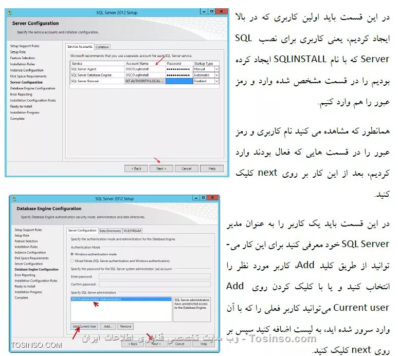 سلام ممنون از شما
توضیح مختصری میدهم
1- سه تا سرور داریم. سرور دومین یا اکتیو دایرکتوری، sql و شیرپوینت
2-هر دوسرور عضو دومین هستند
3- دو تا کاربر تو اکتیو دایرکتوری جهت این پروژه تعریف کردم
4-هر دو کاربر را از قسمت local group and user عضو گروه administrators کردم ( در هر دو سرور) 
5-تو نصب sql در دو مرحله نیاز به تعریف یوزر دارد. طبق این عکس
 ||https://dba.tosinso.com/files/get/cf6002bf-e12a-472a-8d02-4ebc79dd6147||
 
که در قسمت بالایی از کاربری که تو اکتیو دایرکتوری تعریف شده استفاده کردم 
در قسمت پایین هم current user که همان ادمین اکتیو دایرکتوری هست گذاشتم 
6-هر دو کاربر را تو logins سرور sql طبق عکس اضافه و دسترسیهای مورد نیاز را به انها دادم

||https://dba.tosinso.com/files/get/37415008-4fdd-4e68-83b8-df8d5dbb9f59||

||https://dba.tosinso.com/files/get/c83ef3f5-c183-424b-a942-ace56048d8c9||

7- برای نصب شیرپوینت با کاربری که تو اکتیو هست و برای sql استفاده کردم بالا اومدم (عکس اول)
البته پیشنیازهای شیرپوینت مثل  sqlncli_2.msi  را با کاربر administrator اکتیو دایرکتوری نصب کردم







