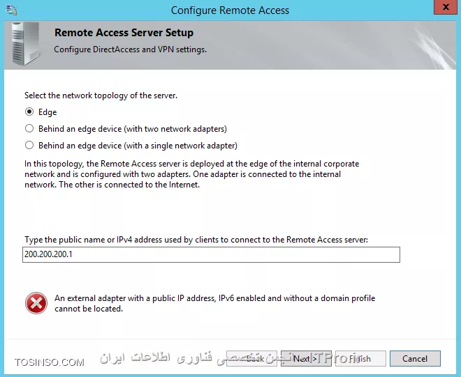سلام و خسته نباشید
من دارم تو VM برای تست خودم یک Direct Access  راه اندازی میکنم ( در سرور 2012 ) 
تو سنایرو من باید از روش Edge استفاده بشه 
ولی مشکلی که من دارم این که زمانی که تیک Edge رو انتخواب میکنم و ای پی پابلیک خودم رو وارد میکنم ارور زیر را نمایش میده

<center>
||http://tosinso.com/files/get/cfd1d8b4-8e2b-4e8e-95bb-023f420cf00e||

<center>
ولی زمانی که تیک اخر رو میزنم بدون مشکل به صفحه بعد می رود

ای پی V6 بر روی سرورم فعال هست. من هم از طریق DHCP خود ویندوز تست کردم و ای پی گرفتم هم دستی ست کردم ولی باز هم همین ارور را می دهد.

چکار باید انجام بدم؟