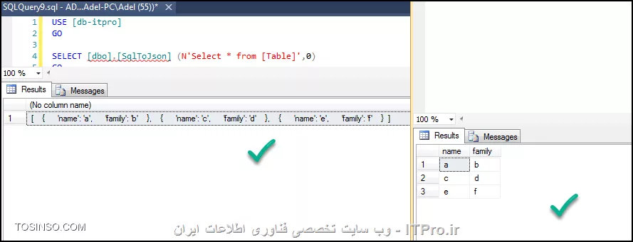 با سلام
همان طور که دوست عزیزمون راهنماییتون کردن در sql server 2016 مطابق راهنمای خود میکروسافت می تونید از جداولتون خروجی json بگیرید : 
این عکس و بنده از سایت خود مایکروسافت گرفتم :
<center>
||https://dba.tosinso.com/files/get/034552a8-8700-4936-9e81-88b1087689ed||
<center>
---------------------
اما برای نسخه های قبل از 2016 باید چیکار کرد :
استفاده از CLR : توابعی که به زبان های مبتنی بر دات نت نوشته میشن بعد به صورت اسمبلی به sql معرفی میشن
خوب برای تبدیل خروجی جداولتون به خروجی JSON :
سه تا اسمبلی باید توی sql ایجاد کنید با دسترسی Unrestricted : این نوع دسترسی دسترسی کامل است به گونه ایی که به این توابع دسترسی کامل به فایل ها و فولدرهای سرور خودتون هم می دید
ابتدا برای اینکه بتونید همچین اجازه ایی به خودتون بدین که اصلا همچین توابعی تعریف کنید ابتدا باید خاصیت TRUSTWORTHY پایگاه داده مربوطه on باشد همون طور که از معنی کلمه پیدا است با فعال کردن این گزینه بانک اطلاعاتی شما به صورت قابل اعتماد می تونه اسمبلی هایی رو به صورت Unrestricted تعریف کنه .
<center>
||https://dba.tosinso.com/files/get/d39626f2-cc93-4654-a927-ebaf552dbbd1||
<center>
بعد از اینکه TRUSTWORTHY رو فعال کردیم : بروی بانک اطلاعاتیمون راست کلیک می کنیم و در بخش Option از فغال شدن آن اطمینان حاصل می کنیم :
<center>
||https://dba.tosinso.com/files/get/cad6298e-40d3-4233-afc8-3e7609c0d5b5||
<center>
بعد از این کار باید clr_option که اجازه میده اسمبلی های ما به توابع .net دسترسی داشته باشن و فعال کنیم :
ابتدا یک کوئری جدید میسازیم و اجراش می کنیم :
<center>
||https://dba.tosinso.com/files/get/563a304b-eac7-4106-9ad3-f85663321074||
<center>
خوب حالا وقتش رسیده که سه تا اسمبلی رو به Sql سرورمون اضافه کنیم :
سپس فایل های DLL رو به ترتیب پایین اضافه می کنیم به بخش اسمبلی ها :
<center>
||https://dba.tosinso.com/files/get/f6a02f05-713c-469a-ae5b-1dd523848842||
<center>
این سه فایل از آخر همین پست قابل دانلود هستن .
خوب حالا هر سه فایل رو باید در بخش اسمبلی ثبت کنیم یا اصطلاحا Register کنیم :
برای این کار طبق تصاویر پایین مراحل رو پیش میریم :
<center>
||https://dba.tosinso.com/files/get/ec6d45fd-7d77-4172-95b5-ca989667878e||
<center>
بعد از پنجره ی ظاهر شده بروی Browse کلیک کرده و آدرس فایل DLL رو بهش می دیم :
<center>
||https://dba.tosinso.com/files/get/550d220a-9cbd-42fb-bbd7-38bc94608f8d||
<center>
در اخر قبل از اینکه بروی ok کلیک کنیم باید Permission رو بروی Unrestricted بزاریم :
<center>
||https://dba.tosinso.com/files/get/08a18a7d-848c-4e4a-ad4d-72c3087ff265||
<center>
خوب سه تا فایل DLL رو به همون ترتیبی که در عکس واستون مشخص کردم در بخش اسمبلی تعریف می کنید :
<center>
||https://dba.tosinso.com/files/get/f1ef830f-8db3-40c2-8e6f-8e606e502ece||
<center>
خوب حالا پس از اضافه کردن سه اسمبلی باید از تابعی که داخل اون برای تبدیل خروجی جداول SQL به Json استفاده کنیم :
اسم اسمبلی هست : JSON.SQL
اسم کلاسمون هست : StoredProceduresAndFunctions
اسم فانکشن یا تابع ما هست : xf_JSON_Query
به سه تا پارامتر بالا جهت استفاده از اسمبلی نیاز داریم :
خوب حالا باید یک فانکشن توی Sql ایجاد کنیم و بگیم که از اسمبلی با نام فلان و کلاس فلان و تابع فلان استفاده کن :
<center>
||https://dba.tosinso.com/files/get/94150bcd-db98-4ca0-b8c3-321dc1a2c5e1||
<center>
خوب همون طور که میبینید پارامتر اول این تابع دستور SQL ی هست که قرار خروجی اون دستور تبدیل به JSON بشه و پارامتر دوم هم تعیین کننده ی این است که در پارامتر اول از تک کوت یا دابل کوت استفاده کردیم که باید 0 باشه .
<center>
||https://dba.tosinso.com/files/get/a6f04bfc-551a-415b-a845-e63876a2fc61||
<center>
خوب حالا باید تابعمون و تستش کنیم :
اینم نتیجه ی نهایی :
<center>
||https://dba.tosinso.com/files/get/e5afc3b6-1cb0-4fd6-b136-df24062e25f7||
<center>
اطلاعات جدلمون این بوده که خروجی JSon ش شده این :
<center>
||https://dba.tosinso.com/files/get/cfde8873-82e6-4abf-bbfd-c3c528b9cb37||
<center>
|دانلود فایل های DLL مورد نیاز::https://www.mediafire.com/?p8s1cc41mrm3yxc|