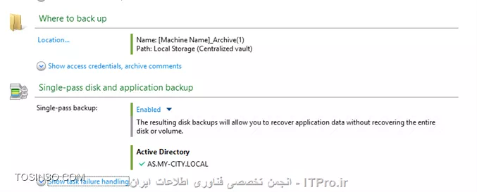 در این قسمت توضیح می دهیم چگونه از متد Single-pass backup استفاده کنیم تا در مواقع اضطراری بتوان داده ها یا کل سرور Active Directory را ریکاوری کرد.single-pass backup چیست؟ single-pass backup یا application-aware backup  یک نوع Disk-Level Backup هستش که شامل اطلاعات metadata سرویس AD می باشد. که اطلاعات مربوط به Active Directory را بوسیله سرویس VSS مایکروسافت Backup گیری می کند. بوسیله single-pass backup شما می توانید اطلاعات مربوط به AD  را ریستور کنید بدون نیاز به ریکاوری کردن کل سرور AD.

* نکته: Single-pass backup برای ماشین های که SQL Server, SharePoint Server and Active Directory را اجرا می کنند مورد استفاده قرار می گیرد.
* نکته: Single-pass backup برای Exchange Server استفاده نمی شود.
* نکته: برای استفاده از Single-pass backup شما باید Agent for Active Directory را بر روی سرور Active Directory نصب کنید.

!! Install Agent for Active Directory 
--
Agent for Active Directory می تواند بر روی OSهای زیر نصب شود:
||http://tosinso.com/files/get/c62bc273-8485-43d1-b888-9e8cd645950b||
نکته: اگر قبلا Agent for Windows را بر روی AD نصب کرده باشید. با نصب Agent for Active Directory این Agent بصورت Add-On به Agent for Windows اضافه خواهد شد.
نکته: Agent for Active Directory را نمی توان بصورت remote نصب کرد.
برای نصب Agent for Active Directory ستاپ Acronis را بر روی AD اجرا کنید و در پنجره زیر:
||http://tosinso.com/files/get/ea981b4d-f97a-41a3-82c8-3c802777cad7||
گذینه بالا را انتخاب کنید. و تا اخر Wizard را پیش برید و این agent را نصب کنید.

!! Active Directory Backup
--
بعد از انجام تنظیمات بالا نوبت به Backup گیری از AD می رسد. برای اینکار یک Backup Task ایجاد می کنیم.
در قسمت What to Backup پارتیشنهای که داده های Active Directory را نگه داری می کند را انتخاب می کنیم. 
اگر می خواهید Active Directory را در مواقعی که کلا از بین رفته Recovery کنید کل Volume ها یا کل دیسک را انتخاب کنید.
||http://tosinso.com/files/get/b4373db3-5c15-4f89-babd-5e600e4ec51d||
در قسمت بعدی باید محل ذخیره سازی فایلهای Backup را مشخص کنیم. همچنین باید Single-pass backup را فعال کنیم.
||http://tosinso.com/files/get/d0854a9c-6fd7-4c55-80f3-38f3ddac5441||
و زمانبندی Backup گیری را بصورت زیر تنظیم می کنم:
||http://tosinso.com/files/get/1be5b18e-476c-43e7-a956-c37157dd9ad1||
اگر آموزشهای قبلی را دنبال کرده اید تنظیمات بالا نیازی به توضیح نداره.
||http://tosinso.com/files/get/c66df829-6d7e-4f88-a627-80196561d0b7||
در قسمت Plan Parameters شما باید مطمئن شوید تنظیمات VSS بصورت زیر ست شده باشد:
||http://tosinso.com/files/get/b7617346-6f49-429a-baa5-e70368f7e344||
همچنین باید یک Credentialsی انتخاب کنید که عضو گروه Local Administrators سرور Active Directory باشد. که بصورت پیش فرض  قسمت  Plan's Credentials بر روی Acronis Services ست شده که از Credentials کاربری که Acronis Services را اجرا کرده استفاده می کند. این Credentials برای اجرای این Task استفاده میشه.
||http://tosinso.com/files/get/5d9c031f-311f-495b-b553-addcb22bd160||
بعد از انجام تنظیمات بالا OK کنید.
بعد از گذشتن زمانی که تعیین کرده اید Backup Task اجرا می شود.

!! Active Directory Recovery
--
ما به دو روش می توانیم AD را ریکاوری کنیم. در مرحله اول باید مشخص کرد که آیا کل سرور AD صدمه دیده یا اطلاعات آن؟؟؟؟
فرضا کل AD صدمه دیده و نمی تواند Boot کند که باز هم ریکاوری کردن AD بستگی به آن دارد که در ساختار غیر از این DC، DCهای دیگری وجود دارد یا نه؟؟؟
مثلا اگر یکی از DCها به کل نابود شد می توان با استفاده از متد |Restoring a Domain Controller Through Reinstallation::https://technet.microsoft.com/en-us/library/cc816620(v=ws.10).aspx| استفاده کنید و DC معیوب را به مدار برگردونید.
ولی اگر یک DC در ساختار دارید به راحتی می توانید بوسیله Bootable Media آنرا بوت کنید و Backup را ریستور کنید. (در آموزش های قبلی این روش را آموزش دادم)
||http://tosinso.com/files/get/f9a74a87-4a14-4c4e-a5bd-dbd37491eccc||
||http://tosinso.com/files/get/84cb3a77-1490-457c-a4f3-fb243b54c764||
||http://tosinso.com/files/get/3977222e-69f3-43db-bdd3-e70e76d810f0||
ولی اگر داده های خود Active Directory صدمه دیده باشد مثلا پوشه SYSVOL یا دیتابیس آن خراب شده است. باز هم ریکاوری کردن AD بستگی به این داره که در دومین چند DC وجود دارد؟؟؟ 
اگر بیش از یک DC در دومین وجود داشته باشد به دو روش می توانید AD را ریکاور کنید:
<ltr>
# Re-promoting the domain controller
# Single-pass backup
<ltr>
شما خیلی راحت می توانید از روش |Re-promoting the domain controller::http://www.tomshardware.com/faq/id-1946870/promote-windows-server-2012-domain-controller-part-prerequisites.html| استفاده کنید و اجازه بدید که AD بوسیله Replication خود را ریکاوری کند.
نکته: در این روش حواستون به رولهای FMSO باشه.
یا می توان از روش دوم استفاده کرد.
یک Recovery Task ایجاد کنید و اطلاعات زیر را انتخاب کنید:
||http://tosinso.com/files/get/f2a5c17d-4116-4fc1-8046-6a1d41ddd301||
و لینک زیر را انتخاب کنید:
||http://tosinso.com/files/get/ff1d0823-6f10-4b1f-b54f-ed9561570a16||
باید مسیری برای Extract کردن اطلاعات بر روی سرور AD انتخاب کنید:
||http://tosinso.com/files/get/ef95ed3d-6c2d-4194-87bc-1e9c67b56dc2||
و در آخر OK کنید.
||http://tosinso.com/files/get/d348d180-2dc7-4051-8108-13036a125814||
اطلاعات بر روی AD ریستور شد. قدم بعدی باید این اطلاعات را Replace کنیم. برای اینکار به محیط Directory Services Restore mode لاگین کنید. 
بعد از وارد کردن پسورد DSRM Account فایلهای Extract شده را به محل اصلی Paste کنید:
||http://tosinso.com/files/get/82a9061e-7776-48b9-a6ec-e32ca2540467||
برای جلو گیری از USN Rollback حتما از VSS خود مایکروسافت استفاده کنید. حدالامکان Backupی را انتخاب کنید که کمترین فاصله زمانی بعد از وقوع Failure را داشته باشد. Backupی که ریستور می کنید نباید قدیمی تر از tombstone life باشد. و بقیه پارامترها که همه از آن اطلاع دارند.
نکته: Acronis برای ریستور کردن ایتم های AD بصورت انفرادی از ابزار Ntdsutil استفاده می کنه. 
Acronis کلا برای اینکار سه روش داره:
||http://tosinso.com/files/get/69494182-96b8-43e6-a21e-7d94d2cf19cd||
توی منابع Acronis هر چی گشتم متدی غیر از متدهای بالا برای Restoring Accidentally Delete Information پیدا نکردم. اگر اینطور باشه واقعا Acronis Backup Advanced قابل مقایسه با Symantec Backup Exec نیست.... در تصویر زیر اطلاعاتی که Backup Exec میتواند بصورت انفرادی ریستور کند را مشاهده می کنید.
||http://tosinso.com/files/get/bdcaf015-2b40-404a-91ec-b5270ede8455||
در پایان این سلسله های آموزشی باید عرض کنم که Acronis قابلیتهای زیادی دیگری هم دارد که وقت نشد همه آنها را در این سری آموزش توضیح و آموزش بدم. 
شما می توانید با Acronis از Exchange, SharePoint, SQL و hypervisorهای همچون VMware and Hyper-V بکاپ بگیرید و در Bad Event آنها را ریکاور کنید. 
در لینک زیر می توانید به تمام E-Book های شرکت Acronis که برای محصولات خود ایجاد کرده دسترسی داشته باشید. 
<c#>
http://www.acronis.com/en-us/support/documentation/
<c#>

موفق پیروز باشید.

نویسنده: احمد جهلولی 
منبع: |جزیره راهکارهای ذخیره سازی اطلاعات وب سایت توسینسو ::https://tosinso.com/virtualization|
نشر و کپی برداری، صرفاً با ذکر نام نویسنده و منبع مجاز می باشد. 