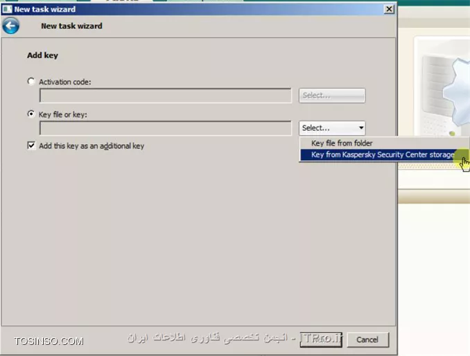 با سلام خدمت اساتید محترم و دوستان عزیز،در مطلب گذشته در مورد |طریقه نصب کنسول مدیریتی کسپرسکی::https://tosinso.com/articles/42652/%d8%a2%d9%85%d9%88%d8%b2%d8%b4-%d8%aa%d8%b5%d9%88%db%8c%d8%b1%db%8c-%d9%86%d8%b5%d8%a8-%da%a9%d9%86%d8%b3%d9%88%d9%84-%d9%85%d8%af%db%8c%d8%b1%db%8c%d8%aa%db%8c-%da%a9%d8%b3%d9%be%d8%b1%d8%b3%da%a9%db%8c-(Kaspersky)| آموزشش رو خدمتتون دادم و امروز میخوایم باهم روش های اضافه کردن لایسنس جدید رو به این کنسول مرور کنیم.در مطلب قبلی دوستان پرسیده بودند که این کنسول مدیریت به چه دردی میخوره که اگر با این مطالب همراه باشند در طول آموزش متوجه کارامدی این کنسول میشند ولی به طور اختصار خدمتتون ، عرض کنم که شما از طریق این کنسول و با ایجاد Task های مختلف میتونید از راه دور روی تمامی کلاینتاتون آنتی ویروس نصب کنید،اگر آلوده شدند متوجه بشید که کدوم دستگاه آلوده شده،پالیسی هایی نظیر بستن USBها اعمال کنید و... که در طول روزهای آتی به اونها میپردازیم. خوب میریم سراغ این آموزش:

*روش اول*

بعد از اجرای کنسول مدیریتی برای اضافه کردن لایسنس به قسمت Repositories رفته و به قسمت Keys بروید

||http://tosinso.com/files/get/aafc0a32-7597-4388-9bb8-a43f797f62fa||

در این مرحله شما برای اضافه کردن لایسنس در کنسول از 2 راه میتونید اقدام کنید که برای تنوع اول، راه دوم رو میریم.

خب در این قسمت Add Key رو انتخاب کنید

||http://tosinso.com/files/get/9be9c72b-370a-4cad-aed9-e56154ad914d||

سپس گزینه ی Load from key file رو انتخاب کنید

||http://tosinso.com/files/get/ef1ef067-26f6-4ef5-9531-04979fdffcc1||

در این قسمت باید لایسنس رو معرفی کنید،پس Select رو انتخاب کنید

||http://tosinso.com/files/get/0850993a-8fc6-4ae7-beb0-7cd8c584577f||

در صفحه ای که باز میشه مسیر لایسنس رو پیدا کنید و یکی از لایسنس هاتون رو انتخاب کنید

*توجه*
در پوشه ی لایسنس شما 2 عدد لایسنس باید داشته باشید که یکی مخصوص فعال کردن امکانات کنسول و دیگری مخصوص کلاینتها و سرور هاست.

معمولا لایسنس اول مربوط به کنسول و لایسنس دوم مخصوص کلاینتها و سرورها میشه.

||http://tosinso.com/files/get/02b9f223-5522-4404-8952-45b58e3a16d3||

بعد از اینکه لایسنس رو انتخاب کردین،مطمئن بشید که گزینه ی Automatically deploy key to managed computers رو فعال کرده باشین و بعد Next رو انتخاب کنید

||http://tosinso.com/files/get/69f3ad10-4994-4c49-bea7-d75d16c07357||

دیگه کار تمومه و Finish رو انتخاب کنید

||http://tosinso.com/files/get/517d44af-dd28-425a-aff3-48c5a0594162||


*روش دوم*

خب قرار شد که دوم،روش اول رو بگیم

مثل روش اول بعد از اجرا کردن کنسول به قسمت Repositories برید و به قسمت Keys برید و Add key رو انتخاب کنید

||http://tosinso.com/files/get/83224c8b-39c4-48b3-97f3-df7b66027e23||

در این صفحه گزینه ی Enter activation code رو انتخاب کنید

||http://tosinso.com/files/get/321795ea-feb5-4a06-92ac-9fdafd9bb3ce||

تو این قسمت باید کد لایسنس رو بدست بیارید،پس به فولدر لایسنستون برید و فایل Activation code رو که به صورت txt هست رو اجرا کنید

||http://tosinso.com/files/get/008ee9e3-3fa8-4a0d-ac82-647a845cf700||

تو صفحه ای که باز میشه کد لایسنس رو کپی کنید

||http://tosinso.com/files/get/f5062a42-ec91-43ea-a5a0-dd1ad28e55e5||

حالا کد کپی شده رو تو این قسمت paste کنید و از فعال بودن Automatically deploy... هم مطمئن باشید و Next رو انتخاب کنید

||http://tosinso.com/files/get/541d74fc-9d9e-4669-8068-b274c8945cde||

تو این قسمت باید سرورتون به اینترنت وصل باشه تا فایل لایسنس دریافت بشه .بعد از اینکه این مرحله تموم شد Next رو انتخاب کنید

||http://tosinso.com/files/get/eb5c472c-df48-4700-8c5e-bbea83ab0159||

خوب این روش هم به اتمام رسید و Finish رو انتخاب کنید

||http://tosinso.com/files/get/517d44af-dd28-425a-aff3-48c5a0594162||


*روش سوم*


خب امیدوارم که خسته نشده باشید

این روش یکم پیشرفته تر از 2 روش قبلی هست که با هم میریم جلو و بررسیش میکنیم

خب در مرحله ی اول به قسمت Managed computers برید و از سمت راست Tasks رو انتخاب کنید و روی Create a task کلیک کنید

||http://tosinso.com/files/get/ee34c446-f78e-4211-b187-d39b2ff02669||

تو این قسمت اسم Task لایسنس رو تعیین کنید و Next رو بزنید

||http://tosinso.com/files/get/a5e3fbd5-8a48-447c-bdf6-358dcfc64b74||

در اینجا ورژن آنتی ویروس مورد نظرتون رو انتخاب کنید و گزینه ی Add key رو انتخاب کنید و Next رو بزنید

||http://tosinso.com/files/get/3df52119-00c3-4f09-a4f2-671746256904||

تو این مرحله باز هم میتونید از 2 حالت برای معرفی لایسنس استفاده کنید که Activation code و Key file هستند که در صورتی که فایل لایسنس رو روی سیستم دارید(قبلا add کردیم باهم دیگه)

حالت دوم رو انتخاب میکنیم و Select رو انتخاب میکنیم

||http://tosinso.com/files/get/eba27bb5-4721-464b-8687-bb552bff0610||

در اینجا هم 2 حالت میتونید استفاده کنید.یا فایل رو از یه محل بخصوص معرفی کنید یا فایل لایسنس رو اگه قبلا تو کنسول وارد کردین و الان میخوایم Task اون رو بسازیم انتخاب میکنیم

||http://tosinso.com/files/get/d087774c-b77b-492c-8475-fe8cb60f655a||

اگه گزینه ی Key from kaspersky security center رو انتخاب کرده باشید این صفحه براتون نشون داده میشه که با انتخاب اون و OK کردن،لایسنس به Task اعمال میشه

||http://tosinso.com/files/get/33356a25-f23d-4ec8-a358-bb1865ce5cde||

اگر هم که Key file from folder رو انتخاب کرده باشید باید لایسنس رو از آدرس مربوطه انتخاب کنید

||http://tosinso.com/files/get/a909108a-0b8d-4e1d-83a7-6687cdf5c006||

حالا الان میبینید که لایسنس وارد شده و اضافه شده به Task و شما عزیزان کافیه که Next رو بزنید

||http://tosinso.com/files/get/2cb01fc2-ff8a-432d-b54d-9c01d3dac5ea||

تو این قسمت باید زمان اجرا شدن Task رو تعیین کنید و تنظیمات رو ترجیحا به همین شکل انجام بدبد و Next رو انتخاب کنید

||http://tosinso.com/files/get/a0c3f38f-50bb-4d05-a9c7-44d3e6fdc067||

دیگه این روش هم به اتمام رسیده و اگه گزینه ی Run task after wizard complete رو بزنید،Task شروع به کار میکنه

||http://tosinso.com/files/get/b9028f83-2e3b-4dc7-9c2e-68b89efe43de||

*روش چهارم*

این روش برای اضافه کردن اون لایسنسی هست که گفتم مخصوص کنسول مدیریتی هست

تو صفحه اصلی روی Administration Server رایت کلیک کنید و Properties بگیرید

||http://tosinso.com/files/get/4fdec48b-cacc-4188-9eb6-c4b0888229cf||

به قسمت Keys برید و از سمت راست Modify رو انتخاب کنید

||http://tosinso.com/files/get/0ee15f7c-6eec-4381-8047-12526c03c96a||

اگه قبلا لایسنس رو تو قسمت Repositories کنسول وارد کرده باشیم میتونیم تو این قسمت اونو انتخاب کنیم در صورتی که غیر از این بود Add رو بزنید

||http://tosinso.com/files/get/49f49a39-fa96-4101-8375-216f1b6a9e54||

این قسمت رو هم که 3 بار با هم مرور کردیم،پس گزینه ی Load from key file رو انتخاب کنید

||http://tosinso.com/files/get/2ca6a6f5-2238-4989-9c4a-1433f5cef5a0||

سپس Select رو انتخاب کنید

||http://tosinso.com/files/get/80912524-f803-4171-988a-1484e8f1d23e||

لایسنس مورد نظرتون رو انتخاب کنید

||http://tosinso.com/files/get/7790c174-7557-4b4b-b7e1-8a2cac163322||

حالا Next رو انتخاب کنید

||http://tosinso.com/files/get/7aef1844-be8f-4402-a687-8776712eee3c||

خب لایسنس شما با موفقیت add شده و میتونید finish رو بزنید

||http://tosinso.com/files/get/6b33c823-cead-4b27-8f44-600f7a29989a||

حالا الان میبینید که تو قسمت Keys لایسنس شما نشون داده میشه و کافیه که OK کنید

||http://tosinso.com/files/get/c66e6050-e221-4d65-8aaa-35e81954f2dc||

در آخر هم ازتون خواسته میشه که برای اعمال تغییرات یک بار کنسول رو ببندید و باز کنید

||http://tosinso.com/files/get/5d8aa72c-f203-45b1-bb74-c8b5d32caf19||

خوب دوستان عزیز 4 روش اضافه کردن لایسنس رو به کنسول مدیریت با هم مرور کردیم که امیدوارم مفید واقع شده باشه براتون و خسته نشده باشید

انشالله به زودی آموزش های دیگه ای از قابلیت های این کنسول رو براتون آماده میکنم.

نویسنده : مهدی عسکری
منبع : |جزیره امنیت اطلاعات و ارتباطات وب سایت توسینسو::https://tosinso.com/security|
هرگونه نشر و کپی برداری بدون ذکر منبع و نام نویسنده دارای اشکال اخلاقی است