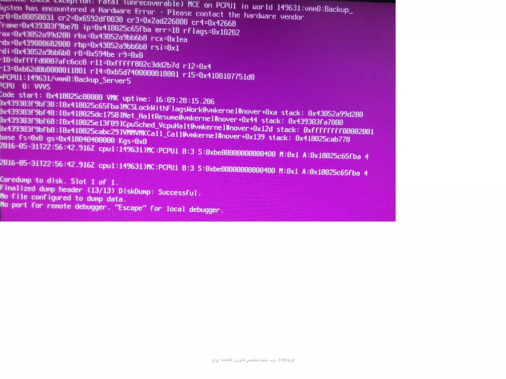 ||http://tosinso.com/files/get/d1313339-2b41-4489-9b6d-376ed84c1150||||http://tosinso.com/files/get/f668c69e-8a06-435f-8602-ad152154ed77||
با عرض سلام وعرض ادب خدمت مدیریت بخش فنی
روی یکدستگاه PC Server ارتقاء داده شده Esxi ver 6 را با اخرین اپدیت نصب کردم دو ماشین فعال نصب شده متاسفانه هر تقریبا 10 روز یکبار سرور با پیغام خطای ارسالی روبرور شده که با ریست کردن مجدد فعال میشود. خواهشمنداست راهنمایی فرمائید.