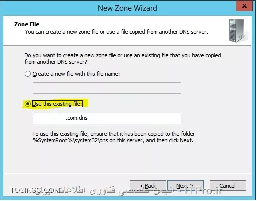 برای پشتیبان گرفتن از تنظیمات DNS ویندوز سرور 2012 باید دست به دامان PowerShell بشین. بدین منظور دستورات زیر را به ترتیب درون PowerShell تایپ نمایید:
<left>
dnscmd ServerName /ZoneExport corp.DC1.local backup\ServerName.local.dns.bkup
dnscmd ServerName /ZoneExport _msdcs.corp.DC1.local backup\_msdcs.ServerName.local.dns.bkup
<left>
نکته: در فرمان های بالا ServerName نام کامل FQDN سروری ست که بر روی آن DNS Server در حال اجرا می باشد.
پس از اجرای فرامین بالا دو فایل با پسوند های bkup در مسیر c:\windows\system32\dns\backup ایجاد می شوند که همان فایل های بکاپ گرفته می باشند.
<center>
||http://network.tosinso.com/files/get/9aaab95c-886d-4021-aa4d-b697bc15ce1d||
<center>
پس از اینکه ویندوز سرورتون رو تعویض کردین، فایل های پشتیبان گرفته شده را در مسیری که در بالا اشاره شد Paste و جایگزین نمایید. سپس کنسول مربوط به DNS رو باز کرده و در حالی که اقدام به ساخت یک Zone جدید می نمایید این بار به جای دادن نام جدید به Zone نام .com.dns را برای انتخاب و در نهایت Next و Finish را بزنید.
<center>
||http://network.tosinso.com/files/get/d1a5234d-b7f0-4e6b-81ba-ecd6ea5fe766||
<center>